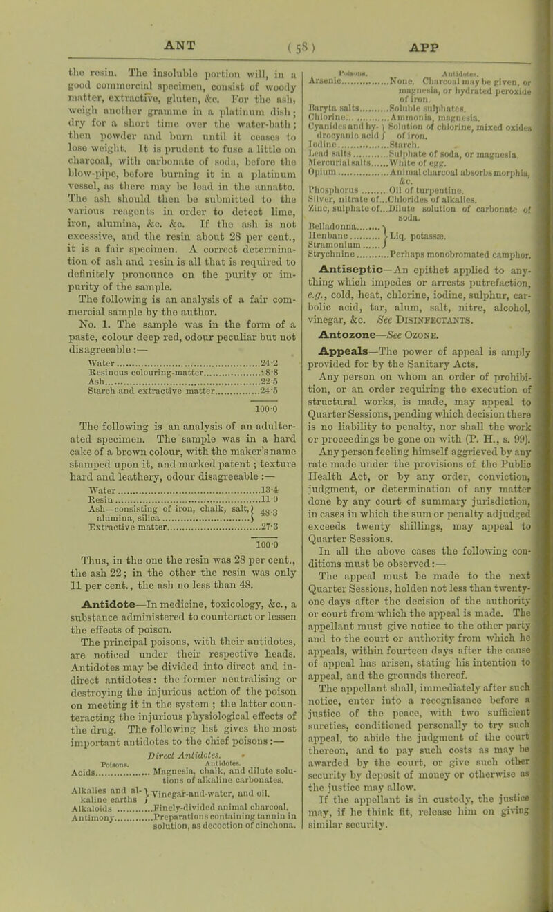 ANT tlio rosin. The insoluble portion will, in u good commercial specimen, consist of woody matter, extractive, gluten, &c. For the ash, weigh another gramme in a platinum dish; dry for a short timo over the water-bath; then powder and burn until it ceases to loso weight. It is prudent to fuse a little on charcoal, with carbonate of soda, before the blow-pipe, before burning it in a platinum vessel, as there may be lead in the annatto. The ash should then be submitted to the various reagents in order to detect lime, iron, alumina, &c. &c. If the ash is not excessive, and the resin about 28 per cent., it is a fair specimen. A correct determina- tion of ash and resin is all that is required to definitely pronounce on the purity or im- purity of the sample. The following is an analysis of a fair com- mercial sample by the author. No. 1. The sample was in the form of a paste, colour deep red, odour peculiar but not disagreeable:— Water 24-2 Resinous colouring-matter 28'8 Ash 22 5 Starch and extractive matter 24o 100-0 The following is an analysis of an adulter- ated specimen. The sample was in a hard cake of a brown colour, with the maker’s name stamped upon it, and marked patent; texture hard and leathery, odour disagreeable :— Water 13-4 Resin 110 Ash—consisting of iron, chalk, salt,) alumina, silica 1 0 Extractive matter 27 3 100 0 Thus, in the one the resin was 28 per cent., the ash 22; in the other the resin was only 11 per cent., the ash no less than 48. Antidote—In medicine, toxicology, &c., a substance administered to counteract or lessen the effects of poison. The principal poisons, with their antidotes, are noticed under their respective heads. Antidotes may be divided into direct and in- direct antidotes: the former neutralising or destroying the injurious action of the poison on meeting it in the system ; the latter coun- teracting the injurious physiological effects of the drug. The following list gives the most important antidotes to the chief poisons:— Direct Antidotes. • Poisonn. Antidotes. Acids Magnesia, cliallc, and dilute solu- tions of alkaline carbonates. Alkalies and nl-1 vinegar-aiid-ivater, and oil. kaline earths / 0 Alkaloids Finely-divided animal charcoal. Antimony Preparations containing tannin in solution, as decoction of cinchona. I’niii'ma. ^ A ntldote*. Arsenic None. Charcoal may be given, or magnesia, or hydrated peroxide of iron. Baryta, salts Soluble sulphates. Chlorine Ammonia, magnesia. Cyanides and hy-) Solution of chlorine, mixed oxides drocyanic acid / of iron. Iodine Starch. Lend salts Sulphate of soda, or magnesia. Mercurial salts White of egg. Opium Animal charcoal absorbs morphia, Ac. Phosphorus Oil of turpentine. Silver, nitrate of ..Chlorides of alkalies. Zinc, sulphate of.. Dilute solution of carbonate of sodu. Belladonna -i Henbane VLiq. potass®. Stramonium J Strychnine Perhaps monobromated camphor. Antiseptic—An epithet applied to any- thing which impedes or arrests putrefaction, e.g., cold, heat, chlorine, iodine, sulphur, car- bolic acid, tar, alum, salt, nitre, alcohol, vinegar, &c. Sec Disinfectants. Antozone—See Ozone. Appeals—The power of appeal is amply provided for by the Sanitary Acts. Any person on whom an order of prohibi- tion, or an order requiring the execution of structural works, is made, may appeal to Quarter Sessions, pending which decision there is no liability to penalty, nor shall the work or proceedings be gone on with (P. EL, s. 99). Any person feeling himself aggrieved by any rate made under the provisions of the Public Health Act, or by any order, conviction, judgment, or determination of any matter done by any court of summary jurisdiction, in cases in which the sum or penalty adjudged exceeds twenty shillings, may appeal to Quarter Sessions. In all the above cases the following con- ditions must be observed:— The appeal must be made to the next Quarter Sessions, holdeu not less than twenty- one days after the decision of the authority or court from which the appeal is made. The appellant must give notice to the other party and to the court or authority from which he appeals, within fourteen days after the cause of appeal has arisen, stating his intention to appeal, and the grounds thereof. The appellant shall, immediately after such notice, enter into a recognisance before a justice of the peace, with two sufficient sureties, conditioned personally to try such appeal, to abide the judgment of the court thereon, and to pay such costs as may be awarded by the court, or give such other security by deposit of mouey or otherwise as the justice may allow. If the appellant is in custody, the justice may, if he think fit, release him on giving similar security.