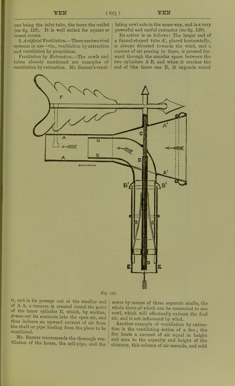 one being the inlet tube, the inner the outlet (see fig. 129). It is well suited for square or round rooms. 2. Artificial Ventilation.—There are two rival systems in use—viz., ventilation by extraction and ventilation by propulsion. Ventilation by Extraction.—The cowls and tubes already mentioned are examples of ventilation by extraction. Mr. Banner’s venti- lating cowl acts in the same way, and is a very powerful and useful extractor (see fig. 130). Its action is as follows: The larger end of a funnel-shaped tube A', placed horizontally, is always directed towards the wind, and a current of air passing in there, is pressed for- ward through the annular space between the two cylinder's A B, and when it reaches the end of [the inner one B, it expands round Fig. 130. it, and in its passage out at the smaller end of A A, a vacuum is created round the point of the inner cylinder B, which, by suction, draws out its contents into the open air, and thus induces an upward current of air from the shaft or pipe leading from the place to be ventilated. Mr. Banner recommends the thorough ven- tilation of the house, the soil-pipe, and the sewer by means of three separate shafts, the whole three of which can be connected to one cowl, which will effectually extract the foul air, and is not influenced by wind. Another example of ventilation by extrac- tion is the ventilating action of a fire; the fire heats a current of air equal in height and area to the capacity and height of the chimney, this column of air ascends, and cold