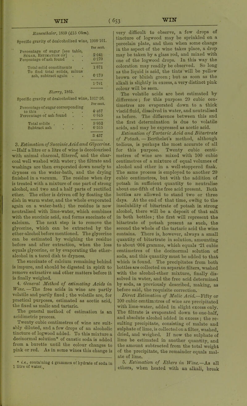 lianenlhaler, 1859 (£15 Ohm). Specific gravity of dealcoholised wine, 1008101. For cent. Percentage of sugar [see table, 2 041 Soqab, Estimation of] Percentage of ash found OTTO Total solid constituents To find total solids, minus 1-871 ash, subtract again . 0-170 1-701 Sherry, 1865. Specific gravity of dealcoholised wine, 1017-56. Fer cent. Percentage of sugar corresponding 4-467 to this Percentage of ash found 0515 Total solids .... 3-952 Subtract ash 0 515 3 437 3. Estimation of Svccinic Acid and Glycerine. —Half a litre or a litre of wine is decolourised with, animal charcoal, filtered^ and the char- coal well washed with water; the filtrate and washings are then evaporated down nearly to dryness on the water-bath, and the drying finished in a vacuum. The residue when dry is treated with a mixture of one part of strong alcohol, and two and a half parts of rectified ether. The ether is driven off by floating the dish in warm water, and the whole evaporated again on a water-bath; the residue is now neutralised with lime-water, which combines with the succinic acid, and forms succinate of calcium. The next step is to remove the glycerine, which can be extracted by the ether-alcohol before mentioned. The glycerine can be estimated by weighing the residue before and after extraction, when the loss equals glycerine, or by evaporating the ether- alcohol in a tared dish to dryness. The succinate of calcium remaining behind is impure, and should be digested in spirit to remove extractive and other matters before it is finally weighed. 4. General Method of estimating Acids in Wine.—The free acids in wine are partly volatile and partly fixed ; the volatile are, for practical purposes, estimated as acetic acid, the fixed as malic and tartaric. The general method of estimation is an acidimetric process. Twenty cubic centimetres of wine are suit- ably diluted, and a few drops of an alcoholic tincture of logwood added. To this mixture a decinormal solution* of caustic soda is added from a burette until the colour changes to pink or red. As in some wines this change is * containing 4 grammes of hydrate of soda in 1 litre of water., very difficult to observe, a few drops of tincture of logwood may be sprinkled on a porcelain plate, and then when some change in the aspect of the wine takes place, a drop may be taken by a glass rod, and mixed with one of the logwood drops. In this way the coloration may readily be observed. So long as the liquid is acid, the tints will be yellow brown or bluish green; but as soon as the alkali is slightly in excess, a very distinct piuk colour will be seen. The volatile acids are best estimated by difference; for this purpose 20 cubic cen- timetres are evaporated down to a thick viscid fluid, dissolved in water, and neutralised as before. The difference between this and the first determination is due to volatile acids, and may be expressed as acetic acid. Estimation of Tartaric Acid and Bitartrate of Potash. — Berthelot’s method, although tedious, is perhaps the most accurate of all for this purpose. Twenty cubic centi- metres of wine are mixed with 100 cubic centimetres of a mixture of equal volumes of alcohol and ether in a well-stoppered flask. The same process is employed to another 20 cubic centimetres, but with the addition of potash in sufficient quantity to neutralise about one-fifth of the free acid present. Both bottles are allowed to stand two or three days. At the end of that time, owing to the insolubility of bitartrate of potash in strong alcohol, there will be a deposit of that salt in both bottles; the first will represent the bitartrate of potash present as such, the second the whole of the tartaric acid the wine contains. There is, however, always a small quantity of bitartrate in solution, amounting to about ’004 gramme, which equals ‘21 cubic centimetres of the decinormal solution of soda, and this quantity must be added to that which is found. The precipitates from both bottles are collected on separate filters, washed with the alcohol-ether mixture, finally dis- solved in water, and the free acid determined by soda, as previously described, making, as before said, the requisite correction. Direct Estimation of Malic Acid.— Fifty or 100 cubic centimetres of wine are precipitated with lime-water, added in slight excess only. The filtrate is evaporated down to one-half, and absolute alcohol added in excess ; the re- sulting precipitate, consisting of malate and sulphate of lime, is collected on a filter, washed, dried, and weighed. If now the sulphate of lime be estimated in another quantity, and the amount subtracted from the total weight of the precipitate, the remainder equals mal- ate of lime. 5. Estimation of Ethers in Wine.— As all ethers, when heated with au alkali, break