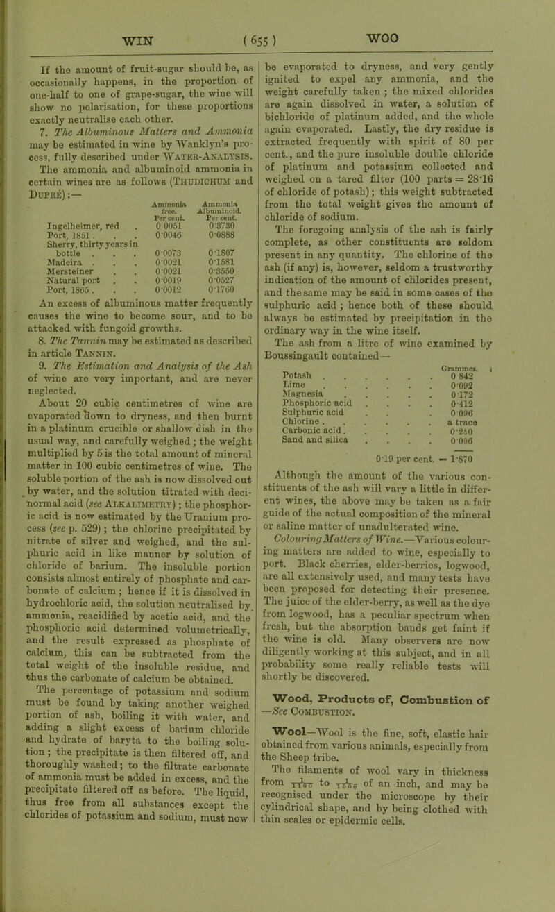 If the amount of fruit-sugar should be, as occasionally happens, in the proportion of one-half to one of grape-sugar, the wine will show no polarisation, for these proportions exactly neutralise each other. 7. The Albuminous Matters and Ammonia may be estimated in wine by Wanklyn’s pro- cess, fully described under Water-Analysis. The ammonia and albuminoid ammonia in certain wines are as follows (Thudichum and Dupre) Ingclheimer, red Ammonia tvoe. Per ceut. 0 0051 Ammonia Albuminoid. Per cent. 0-3730 Port, 1851. 0 0046 0-0888 Sherry, thirty years in bottle . 0 0073 0-1807 Madeira . 0 0021 01581 Mersteiner 0 0021 0-3550 Natural port 0 0019 0 0527 Port, 1805. 0 0012 01760 An excess of albuminous matter frequently causes the wine to become sour, and to he attacked with fungoid growths. 8. The Tannin may be estimated as described in article Tannin. 9. The Estimation and Analysis of the Ash of wine are very important, and are never neglected. About 20 cubic centimetres of wine are evaporated clown to dryness, and then burnt in a platinum crucible or shallow dish in the usual way, and carefully weighed ; the weight multiplied by 5 is the total amount of mineral matter in 100 cubic centimetres of wine. The soluble portion of the ash is now dissolved out by water, and the solution titrated with deci- normal acid (sec Alkalimetry) ; the phosphor- ic acid is now estimated by the Uranium pro- cess (sec p. 529); the chlorine precipitated by nitrate of silver and weighed, and the sul- phuric acid in like manner by solution of chloride of barium. The insoluble portion consists almost entirely of phosphate and car- bonate of calcium ; hence if it is dissolved in hydrochloric acid, the solution neutralised by ammonia, reacidified by acetic acid, and the phosphoric acid determined volumetrically, and the result expressed ns phosphate of calcium, this can be subtracted from the total weight of the insoluble residue, and thus the carbonate of calcium be obtained. The percentage of potassium and sodium must be found by taking another weighed portion of ash, boiling it with water, and adding a slight excess of barium chloride and hydrate of baryta to the boiling solu- tion ; the precipitate is then filtered off, and thoroughly washed; to the filtrate carbonate of ammonia must be added in excess, and the precipitate filtered off as before. The liquid, thus free from all substances except the chlorides of potassium and sodium, must now be evaporated to dryness, and very gently ignited to expel any ammonia, and the weight carefully taken ; the mixed chlorides are again dissolved in water, a solution of bichloride of platinum added, and the whole again evaporated. Lastly, the dry residue is extracted frequently with spirit of 80 per cent., and the pure insolublo double chloride of platinum and potassium collected and weighed on a tared filter (100 parts = 28'16 of chloride of potash); this weight subtracted from the total weight gives the amount of chloride of sodium. The foregoing analysis of the ash is fairly complete, as other constituents are seldom present in any quantity. The chlorine of the ash (if any) is, however, seldom a trustworthy indication of the amount of chlorides present, and the same may be said in some cases of tlso sulphuric acid ; hence both of these should always be estimated by precipitation in the ordinary way in the wine itself. The ash from a litre of wine examined by Boussingault contained— Potash . Lime Magnesia Phosphoric acid Sulphuric acid Chlorine . Carbonic acid. Sand and silica Grammes, i 0 842 0 092 0'172 0-412 0 096 . a trace 0'250 0 006 019 per cent. — 1'870 Although the amount of the various con- stituents of the ash will vary a little in differ- ent wines, the above may be taken as a fair guide of the actual composition of the mineral or saline matter of unadulterated wine. Colouring Matters of Wine.—Various colour- ing matters are added to wine, especially to port. Black cherries, elder-berries, logwood, are all extensively used, and many tests have been proposed for detecting their presence. The juice of the elder-berry, as well as the dye from logwood, has a peculiar spectrum when fresh, but the absorption bands get faint if the wine is old. Many observers are now diligently working at this subject, and in all probability some really reliable tests will shortly be discovered. Wood, Products of, Combustion of —See Combustion. Wool—Wool is the fine, soft, elastic hair obtained from various animals, especially from the Sheep tribe. The filaments of wool vary in thickness fr°m nVff to T^Vo of an inch, and may be recognised under the microscope by their cylindrical shape, and by being clothed with thin scales or epidermic cells.