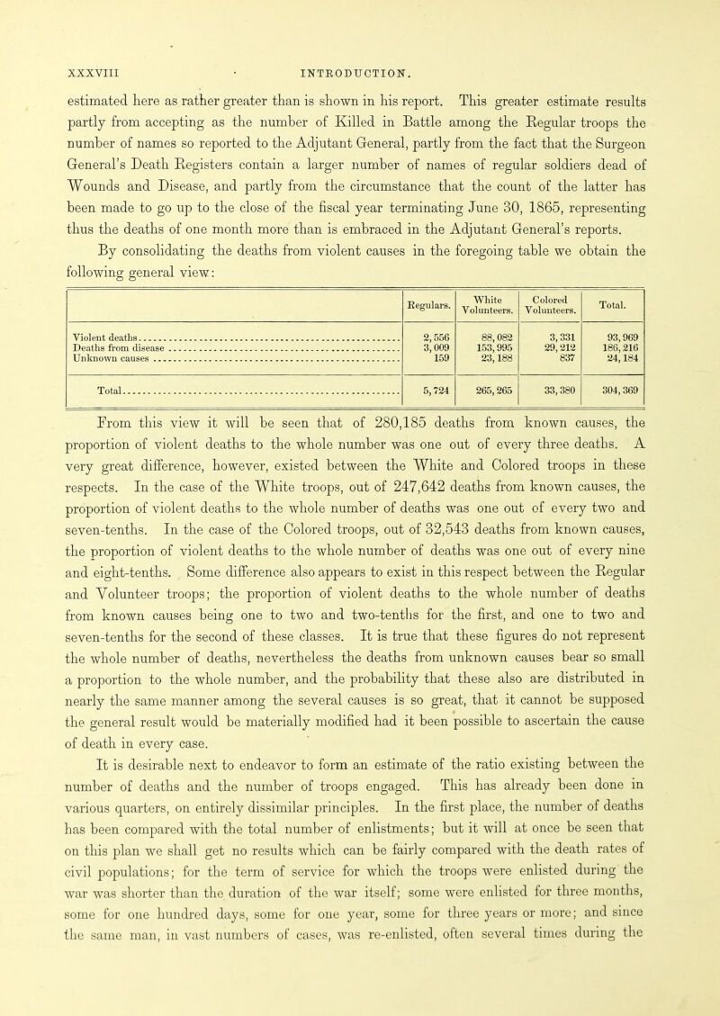 estimated here as rather greater than is shown in his report. This greater estimate results partly from accepting as the number of Killed in Battle among the Regular troops the number of names so reported to the Adjutant General, partly from the fact that the Surgeon General’s Death Registers contain a larger number of names of regular soldiers dead of Wounds and Disease, and partly from the circumstance that the count of the latter has been made to go up to the close of the fiscal year terminating June 30, 1865, representing thus the deaths of one month more than is embraced in the Adjutant General’s reports. By consolidating the deaths from violent causes in the foregoing table we obtain the following general view: Regulars. White Volunteers. Colored Volunteers. Total. Violent deaths 2,556 3,009 159 88, 082 153,995 23,188 3,331 29,212 837 93,969 186,216 24,184 Deaths from disease Unknown causes Total 5,724 265,265 33,380 304,369 From this view it will be seen that of 280,185 deaths from known causes, the proportion of violent deaths to the whole number was one out of every three deaths. A very great difference, however, existed between the White and Colored troops in these respects. In the case of the White troops, out of 247,642 deaths from known causes, the proportion of violent deaths to the whole number of deaths was one out of every two and seven-tenths. In the case of the Colored troops, out of 32,543 deaths from known causes, the proportion of violent deaths to the whole number of deaths was one out of every nine and eight-tenths. Some difference also appears to exist in this respect between the Regular and Volunteer troops; the proportion of violent deaths to the whole number of deaths from known causes being one to two and two-tenths for the first, and one to two and seven-tenths for the second of these classes. It is true that these figures do not represent the whole number of deaths, nevertheless the deaths from unknown causes bear so small a proportion to the whole number, and the probability that these also are distributed in nearly the same manner among the several causes is so great, that it cannot be supposed the general result would be materially modified had it been possible to ascertain the cause of death in every case. It is desirable next to endeavor to form an estimate of the ratio existing between the number of deaths and the number of troops engaged. This has already been done in various quarters, on entirely dissimilar principles. In the first place, the number of deaths has been compared with the total number of enlistments; but it will at once be seen that on this plan we shall get no results which can be fairly compared with the death rates of civil populations; for the term of service for which the troops were enlisted during the war was shorter than the duration of the war itself; some were enlisted for three months, some for one hundred days, some for one year, some for three years or more; and since the same man, in vast numbers of cases, was re-enlisted, often several times during the