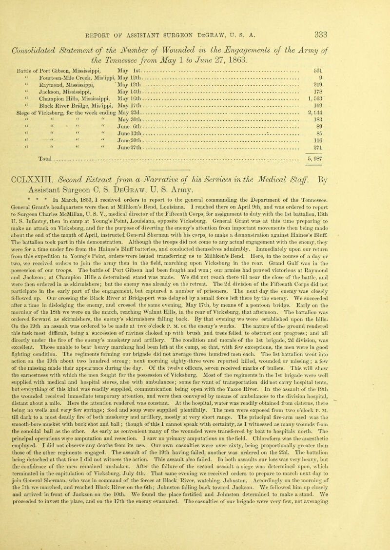 Consolidated Statement of the Number of Wounded in the Engagements of the Army of the Tennessee from May 1 to June 27, 1863. Battle of Port Gibson, Mississippi, May 1st 561 “ Fourteen-Mile Creek, Mis’ippi, May 12th 9 “ Raymond, Mississippi, May 12tli 219 “ Jackson, Mississippi, May 14th 178 “ Champion Hills, Mississippi, May 16th 1, 563 “ Black River Bridge, Mis’ippi, May 17tli 169 Siege of Vicksburg, for the week ending May 23d 2, 544 “ “ “ “ May 30th 183 “ “ “ “ June 6th 89 “ “ “ “ June 13th 85 “ “ “ “ June20th 116 “ “ “ “ June27th 271 Total 5,987 COLXXIII. Second Extract from a Narrative of his Services in the Medical Staff. By Assistant Surgeon C. S. DeGraw, U. S. Army. * * * In March, 1863, I received orders to report to the general commanding the Department of the Tennessee. General Grant’s headquarters were then at Milliken’s Bend, Louisiana. I reached there on April 9th, and was ordered to report to Surgeon Charles McMillan, U. S. V., medical director of the Fifteenth Corps, for assignment to duty with the 1st battalion, 13th U. S. Infantry, then in camp at Young’s Point, Louisiana, opposite Vicksburg. General Grant was at this time preparing to make an attack on Vicksburg, and for the purpose of diverting the enemy’s attention from important movements then being made about the end of the month of April, instructed General Sherman with his corps, to make a demonstration against Haines’s Bluff. The battalion took part in this demonstration. Although the troops did not come to any actual engagement with the enemy, they were for a time under fire from the Haines’s Bluff batteries, and conducted themselves admirably. Immediately upon our return from this expedition to Young’s Point, orders were issued transferring us to Milliken’s Bend. Here, in the course of a day or two, we received orders to join the army then in the field, marching upon Vicksburg in the rear. Grand Gulf was in the possession of our troops. The battle of Port Gibson had been fought and won ; our armies had proved victorious at Raymond and Jackson; at Champion Hills a determined stand was made. We did not reach there till near the close of the battle, and were then ordered in as skirmishers; but the enemy was already on the retreat. The 2d division of the Fifteenth Corps did not participate in the early part of the engagement, but captured a number of prisoners. The next day the enemy was closely followed up. Our crossing the Black River at Bridgeport was delayed by a small force left there by the enemy. We succeeded after a time in dislodging the enemy, and crossed the same evening, May 17th, by means of a pontoon bridge. Early on the morning of the 18th we were on the march, reaching Walnut Hills, in the rear of Vicksburg, that afternoon. The battalion was ordered forward as skirmishers, the enemy’s skirmishers falling back. By that evening we were established upon the hills. On the 19th an assault was ordered to be made at two o'clock r. M. on the enemy’s works. The nature of the ground rendered this task most difficult, being a succession of ravines choked up with brush and trees felled to obstruct our progress; and all directly under the fire of the enemy’s musketry and artillery. The condition and morale of the 1st brigade, 2d division, was excellent. Those unable to bear heavy marching had been left at the camp, so that, with few exceptions, the men were in good fighting condition. The regiments forming our brigade did not average three hundred men each. The 1st battalion went into action on the 19th about two hundred strong; next morning eighty-three were reported killed, wounded or missing; a few of the missing made their appearance during the day. Of the twelve officers, seven received marks of bullets. This will show the earnestness with which the men fought for the possession of Vicksburg. Most of the regiments in the 1st brigade were well supplied with medical and hospital stores, also with ambulances; some for want of transportation did not carry hospital tents, but everything of this kind was readily supplied, communication being open with the Yazoo River. In the assault of the 19th the wounded received immediate temporary attention, and were then conveyed by means of ambulances to the division hospital, distant about a mile. Here the attention rendered was constant. At the hospital, water was readily obtained from cisterns, there being no wells and very few springs; food and soup were supplied plentifully. The men were exposed from two o’clock r. m. till dark to a most deadly fire of both musketry and artillery, mostly at very short range. The principal fire-arm used was the smooth-bore musket with buck shot and ball; though of this I cannot speak with certainty, as I witnessed as many wounds from the conoidal ball as the other. As early as convenient many of the wounded were transferred by boat to hospitals north. The principal operations were amputation and resection. I saw no primary amputations on the field. Chloroform was the anaesthetic employed. I did not observe any deaths from its use. Our own casualties were over sixty, being proportionally gi’eater than those of the other regiments engaged. The assault of the 19th having failed, another was ordered on the 22d. The battalion being detached at that time I did not witness the action. This assault also failed. In both assaults our loss was very heavy, but the confidence of the men remained unshaken. After the failure of the second assault a siege was determined upon, which terminated in the capitulation of Vicksburg, July 4th. That same evening we received orders to prepare to march next day to join General Sherman, who was in command of the forces at Black Rivei’, watching Johnston. Accordingly on the morning of the 5th we marched, and reached Black River on the 6th ; Johnston falling back toward Jackson. Wo followed him up closely and arrived in front of Jackson on the 10th. We found the place fortified and Johnston determined to make a stand. We proceeded to invest the place, and on the 17th the enemy evacuated. The casualties of our brigade were very few, not averaging