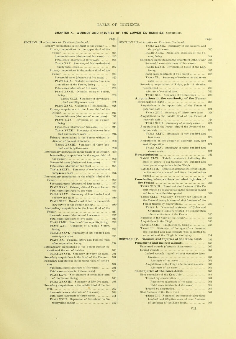 CHAPTER X. WOUNDS AND INJURIES OF THE LOWER EXTREMITIES—Continued. Page. SECTION III.—Injuries of Femur—[Continued. Primary amputations in the Shaft of the Femur .... 214 Primary amputations in the upper third of the Femur 214 Successful cases (abstracts of four cases)...'. 215 Fatal cases (abstracts of three cases) 216 TABLE XXX. Summary of five hundred and thirty-three cases 217 Primary amputations in the middle third of the Femur 223 Successful cases (abstracts of five cases) 223 PLATE LXIX. Tubular sequestra from am- putations of the Femur, facing 224 Fatal cases (abstracts of five cases) 225 PLATE XXXII. Diseased stump of Femur, facing 226 Table XXXI. Summary of eleven hun- dred and fifty-seven cases 227 plate XXXI. Gangrene of the Medulla .. 228 Primary amputations in the lower third of the Femur 241 Successful cases (abstracts of seven cases).. 241 Plate LXX. Involucra of the Femur, facing 242 Fatal cases (abstracts of two cases) 244 Table XXXII. Summary of nineteen hun- dred and fourteen cases 245 Primary amputations in the Femur without in- dication of the seat of incision 268 Table XXXIII. Summary of three hun- dred and forty-five cases 268 Intermediary amputations in the Shaft of the Femur. 272 Intermediary amputations in the upper third of the Femur 272 Successful cases (abstracts of four cases) 272 Fatal cases (abstract of one case) 274 Table XXXIV. Summary of one hundred and forty-seven cases 275 Intermediary amputations in the middle third of the Femur 277 Successful cases (abstracts of four cases) 277 Plate XXVI. Osteomyelitis of Femur, facing. 278 Fatal cases (abstracts of two cases) 279 Table XXXV. Summary of four hundred and seventy-one cases 280 Plate XLII. Round musket ball in the medul- lary cavity of the Femur, facing 280 Intermediary amputations in the lower third of the Femur 287 Successful cases (abstracts of five cases) 287 Fatal cases (abstracts of five cases) 289 Plate XLIII. Results of Osteomyelitis, facing . 290 Plate XXI. Gangrene of a Thigh Stump, facing 292 Table XXXVI. Summary of six hundred and seventy-six cases 293 PLATE XX. Femoral artery and Femoral vein after amputation, facing 294 Intermediary amputations in the Femur without in- dication of the seat of incision 303 Table XXXVII. Summary of twenty-six cases. 304 Secondary amputations in the Shaft of the Femur... 304 Secondary amputations in the upper third of the Fe- mur - 304 Successful cases (abstracts of four cases) 304 Fatal cases (abstracts of three cases) 306 Plate LXVI. Shot fracture of the middle third of the Femur, facing 306 Table XXXVIII. Summary of fifty-five cases. 308 Secondary amputations in the middle third of the Fe- mur 309 Successful cases (abstracts of five cases) 309 Fatal cases (abstracts of three cases) 311 Plate XXIII. Separation of Periosteum in Os- teomyelitis, facing 312 Page. SECTION III.—INJURIES OF FEMUR—[Continued. Table XXXIX. Summary of one hundred and sixty-eight cases 313 PLATE XLIX. Medullary abscesses of the Fe- mur, facing 314 Secondary amputations in the lower third of the Femur 316 Successful cases (abstracts of four cases) 316 PLATE LXXII. Involucra of bones of the Leg, facing 317 Fatal cases (abstracts of two cases) 318 Table XL. Summary of two hundred and seven cases 320 Secondary amputations of Thigh, point of ablation not specified 323 Abstract of one fatal case 323 Table XLI. Summary of twelve cases 323 Amputations in the continuity of the Femur of uncertain date 324 Amputations in the upper third of the Femur of uncertain date 324 Table XLII. Summary of thirty-three cases.. 324 Amputations in the middle third of the Femur of uncertain date 324 Table XLIII. Summary of seventy cases 325 Amputations in the lower third of the Femur of un- certain date 326 Table XLIV. Summary of one hundred and four cases 326 Amputations in the Femur of uncertain date, and seat of operation 327 Table XLV. Summary of three hundred and eleven cases 327 Recapitulation 331 Table XLVI. Tabular statement indicating the seats of injury in six thousand two hundred and twenty-nine amputations in the Thigh 332 Table XLVII. Results of amputations of the Thigh on the occasions named and from the authorities quoted 334 Concluding observations on shot injuries of the Femur 335 Table XLV III. Results of shot fractures of the Fe- mur treated by conservation on the occasions named and from the authorities quoted 336 Table XLIX. Summary of twenty-one ligations of the Femoral artery in cases of shot fractures of the Femur treated by conservation 353 Table L. Numerical statement of Union and Confederate soldiers treated bj' conservation after shot fracture of the Femur 355 Excisions in the Shaft of the Femur. 355 Amputations in the Thigh 355 Plate LXX III. Thigh stumps, facing 356 Table LI. Statement of the ages of six thousand two hundred and nine patients who submitted to amputation of the Thigh for shot injury 358 SECTION IV. Wounds and Injuries of the Knee Joint . 359 Punctured and incised wounds .. 359 Punctured wounds (abstracts of ten cases) 360 Incised wounds 361 Incised wounds treated without operative inter- ference 361 Abstracts of ten cases 361 Amputations in the Thigh after incised wounds.. 362 Abstracts of six cases 362 Shot injuries of tlie Knee Joint 363 Shot contusions of the Knee Joint 363 Treated by conservation 364 Recoveries (abstracts of ten cases) 364 Fatal cases (abstracts of six cases) 365 Treated by amputation 367 Shot fractures of the Knee Joint 367 Table LII. Numerical statement of thirty-three hundred and fifty-five cases of shot fractures of tho bones of the Knee Joint 367