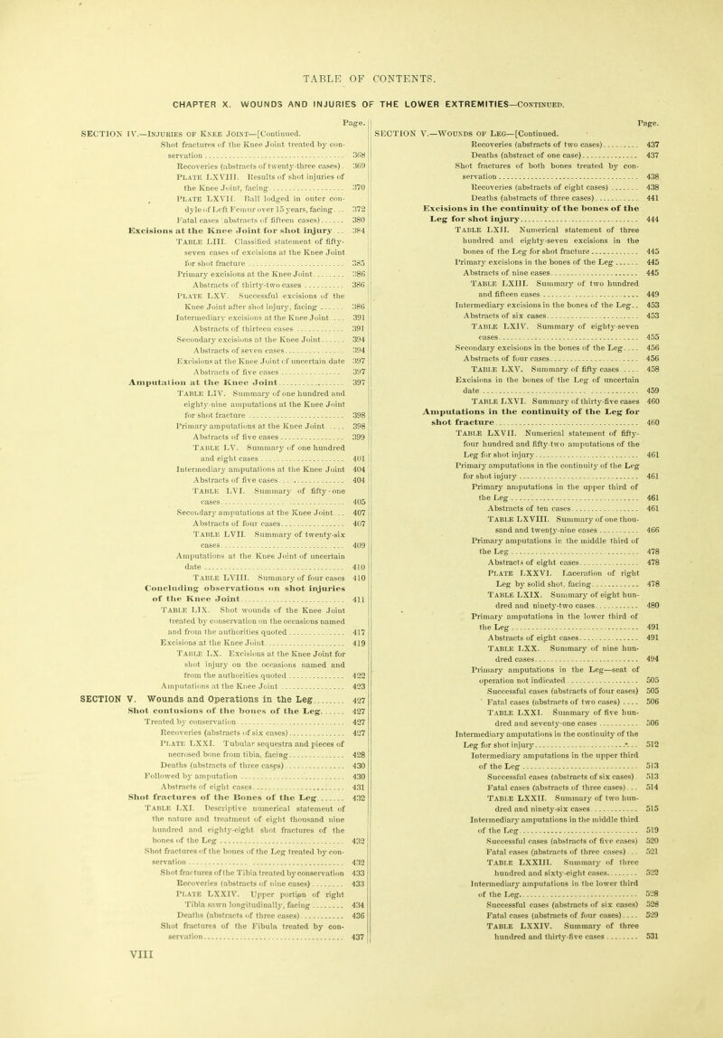 CHAPTER X. WOUNDS AND INJURIES OF THE LOWER EXTREMITIES—Continued. Page. SECTION IV.—Injuries of Knee Joint—[Continued. Shot fractures of the Knee Joint treated by con- servation 368 Recoveries (abstracts of twenty-three cases). 369 Plate LXVIII. Results of shot injuries of the Knee Joint, facing 370 Plate LXVII. Ball lodged in outer con- dyle of Left Femur over 15 years, facing... 372 Fatal cases abstracts of fifteen cases) 380 Excisions at the Knee Joint for shot injury .. 384 Table LIII. Classified statement of fifty- seven cases of excisions at the Knee Joint for shot fracture 385 Primary excisions at the Knee Joint 386 Abstracts of thirty-two cases 386 Plate LXV. Successful excisions of the Knee Joint after shot injury, facing 386 Intermediary excisions at the Knee Joint. ... 391 Abstracts of thirteen cases 391 Secondary excisions at the Knee Joint 394 Abstracts of seven cases 394 Excisions at the Knee Joint of uncertain date 397 Abstracts of five cases 397 Amputation at the Knee Joint 397 Table LIV. Summary of one hundred and eighty-nine amputations at the Knee Joint for shot fracture 398 Primary amputations at the Knee Joint 398 Abstracts of five cases 399 Table LV. Summary of one hundred and eight cases 401 Intermediary amputations at the Knee Joint 404 Abstracts of five cases 404 Table LVI. Summary of fifty-one cases 405 Secondary amputations at the Knee Joint... 407 Abstracts of four cases 407 Table LVII. Summary of twenty-six cases 409 Amputations at the Knee Joint of uncertain date 410 Table LVIII. Summary of four cases 410 Concluding observations on shot injuries of the Knee Joint 411 TABLE LIX. Shot wounds of the Knee Joint treated by conservation on the occasions named and from the authorities quoted 417 Excisions at the Knee Joint 419 Table LX. Excisions at the Knee Joint for shot injury on the occasions named and from the authorities quoted 422 Amputations at the Knee Joint 423 SECTION V. Wounds and Operations in the Leg 427 Shot contusions of the bones of the Leg 427 Treated by conservation 427 Recoveries (abstracts of six cases) 427 PLATE LXXI. Tubular sequestra and pieces of necrosed bone from tibia, facing 428 Deaths (abstracts of three cases) 430 Followed by amputation 430 Abstracts of eight cases 431 Shot fractures of the Bones of the Leg 432 Table LXI. Descriptive numerical statement of the nature and treatment of eight thousand nine hundred and eighty-eight shot fractures of the bones of the Leg 432 Shot fractures of the bones of the Leg treated by con- servation 432 Shot fractures of the Tibia treated by conservation 433 Recoveries (abstracts of nine cases) 433 Plate LXXIV. Upper portion of right Tibia sawn longitudinally, facing 434 Deaths (abstracts of three cases) 436 Shot fractures of the Fibula treated by con- servation 437 Page. I !l SECTION V.—Wounds OF LEG—[Continued. Recoveries (abstracts of two cases) Deaths (abstract of one case) Shot fractures of both bones treated by con- servation Recoveries (abstracts of eight cases) Deaths (abstracts of three cases) Excisions in the continuity of the hones of the Leg for shot injury Table LXI I. Numerical statement of three hundred and eighty-seven excisions in the bones of the Leg for shot fracture Primary excisions in the bones of the Leg Abstracts of nine cases Table LXI1I. Summary of two hundred and fifteen cases Intermediary excisions in the bones of the Leg.. Abstracts of six cases Table LXIV. Summary of eighty-seven cases Secondary excisions in the bones of the Leg.... Abstracts of four cases Table LXV. Summary of fifty cases Excisions in the bones of the Leg of uncertain date Table LXVI. Summary of thirty-five cases Amputations in the continuity of the Leg for shot fracture Table LXVII. Numerical statement of fifty- four hundred and fifty-two amputations of the Leg for shot injur}' Primary amputations in the continuity of the Leg for shot injury Primary amputations in the upper third of the Leg Abstracts of ten cases Table LXVIII. Summary of one thou- sand and twent}T-nine cases Primary amputations in the middle third of the Leg Abstracts of eight cases Plate LXXVI. Laceration of right Leg by solid shot, facing Table LXIX. Summary of eight hun- dred and ninety-two cases Primary amputations in the lower third of the Leg Abstracts of eight cases Table LXX. Summary of nine hun- dred cases Primary amputations in the Leg—seat of operation not indicated Successful cases (abstracts of four cases) Fatal cases (abstracts of two cases) Table LXXI. Summary of five hun- dred and seventy-one cases Intermediary amputations in the continuity of the Leg for shot injury Intermediary amputations in the upper third of the Leg Successful cases (abstracts of six cases) Fatal cases (abstracts of three cases)... Table LXX1I. Summary of two hun- dred and ninety-six cases Intermediary amputations in the middle third of the Leg Successful cases (abstracts of five cases) Fatal cases (abstracts of three cases) .. Table LXXIII. Summary of three hundred and sixty-eight cases Intermediary amputations in the lower third of the Leg. Successful cases (abstracts of six cases) Fatal cases (abstracts of four cases) Table LXXIV. Summary of three hundred and thirty-five cases 437 437 438 438 441 444 445 445 445 449 453 453 455 456 456 458 459 460 460 461 461 461 461 466 478 478 478 480 491 491 494 505 505 506 506 512 513 513 514 515 519 520 521 522 528 528 529 531