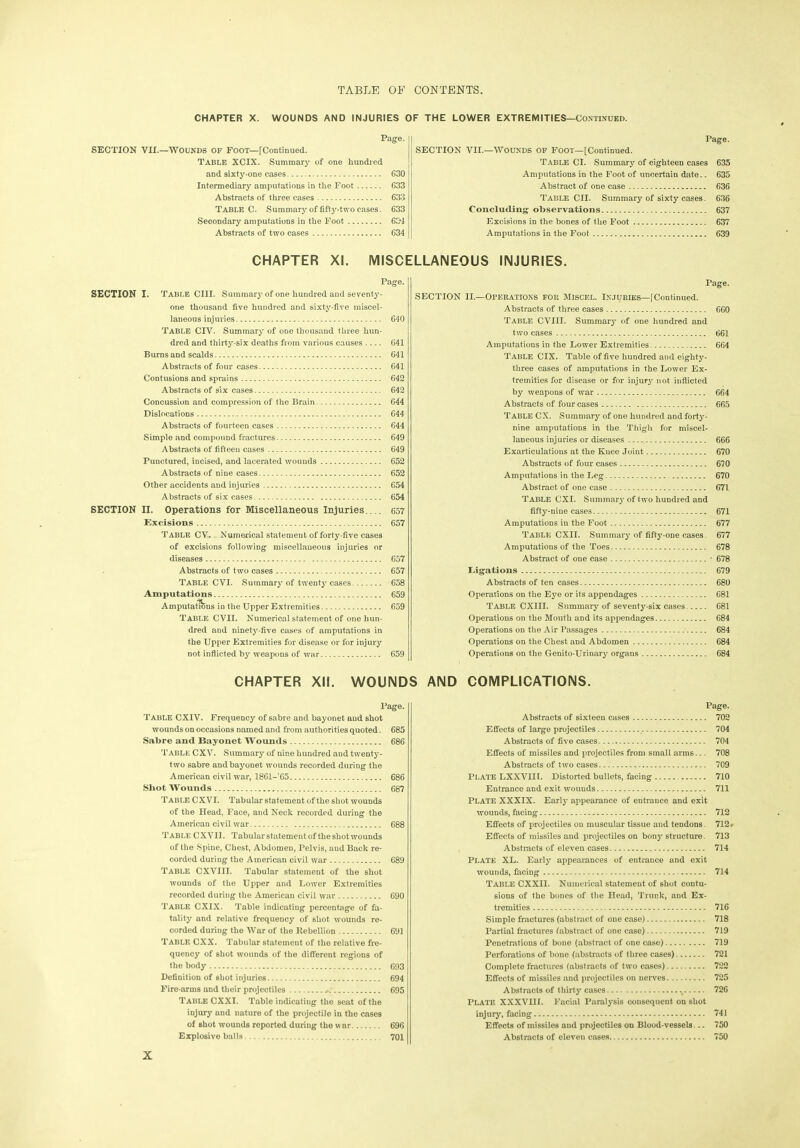 CHAPTER X. WOUNDS AND INJURIES OF THE LOWER EXTREMITIES—Continued. Page. | SECTION VII.—Wounds of Foot—[Continued. Table XCIX. Summary of one hundred and sixty-one cases 630 Intermediary amputations in the Foot 633 Abstracts of three cases 633 TABLE C. Summary of fifty-two cases. 633 Secondary amputations in the Foot 63‘4 Abstracts of two cases 634 Page. SECTION VII.—WOUNDS OF foot—[Continued. Table Cl. Summary of eighteen cases 635 Amputations in the Foot of uncertain date.. 635 Abstract of one case 636 Table CII. Summary of sixty cases. 636 Concluding observations 637 Excisions in the bones of the Foot 637 Amputations in the Foot 639 CHAPTER XI. MISCELLANEOUS INJURIES. Page. SECTION I. Table CIII. Summary of one hundred and seventy- one thousand five hundred and sixty-five miscel- laneous injuries 640 Table CIV. Summary of one thousand three hun- dred and thirty-six deaths from various causes 641 Burns and scalds 641 Abstracts of four cases 641 Contusions and sprains 642 Abstracts of six cases 642 Concussion and compression of the Brain 644 Dislocations 644 Abstracts of fourteen cases 644 Simple and compound fractures 649 Abstracts of fifteen cases 649 Punctured, incised, and lacerated wounds 652 Abstracts of nine cases 652 Other accidents and injuries 654 Abstracts of six cases 654 SECTION II. Operations for Miscellaneous Injuries 657 Excisions 657 Table CV. Numerical statement of forty-five cases of excisions following miscellaneous injuries or diseases 657 Abstracts of two cases 657 Table CVI. Summary of twenty cases 658 Amputations 659 Amputations in the Upper Extremities 659 Table CVII. Numerical statement of one hun- dred and ninety-five cases of amputations in the Upper Extremities for disease or for injury not inflicted by weapons of war 659 Page. SECTION II.—Operations for Miscel. Injuries—[Continued. Abstracts of three cases 660 Table CVIII. Summary'- of one hundred and two cases 661 Amputations in the Lower Extremities 664 Table CIX. Table of five hundred and eighty- three cases of amputations in the Lower Ex- tremities for disease or for injury not inflicted by weapons of war 664 Abstracts of four cases 665 Table CX. Summary of one hundred and forty- nine amputations in the Thigh for miscel- laneous injuries or diseases 666 Exarticulations at the Knee Joint 670 Abstracts of four cases 670 Amputations in the Leg 670 Abstract of one case 671 Table CXI. Summary of two hundred and fifty-nine cases 671 Amputations in the Foot 677 Table CXII. Summary of fifty-one cases. 677 Amputations of the Toes 678 Abstract of one case * 678 Ligations 679 Abstracts of ten cases 680 Operations on the Eye or its appendages 681 Table CXIII. Summary of seventy-six cases 681 Operations on the Mouth and its appendages 684 Operations on the Air Passages 684 Operations on the Chest and Abdomen 684 Operations on the Genito-Urinary organs 684 CHAPTER XII. WOUNDS AND COMPLICATIONS. Page. Table CXIV. Frequency of sabre and bayonet and shot wounds on occasions named and from authorities quoted. 685 Sabre and Bayonet Wounds 686 Table CXV. Summary of nine hundred and tvventy- two sabre and bayonet wounds recorded during the American civil war, 1861-’65 686 Shot Wounds 687 Table CXVI. Tabular statement of the shot wounds of the Head, Face, and Neck recorded during the American civil war 688 Table CXVIJ. Tabular statement of the shot wounds of the Spine, Chest, Abdomen, Pelvis, aud Back re- corded during the American civil war 689 TABLE CXVIII. Tabular statement of the shot wounds of the Upper and Lower Extremities recorded during the American civil war 690 Table CXIX. Table indicating percentage of fa- tality and relative frequency of shot wounds re- corded during the War of the Rebellion 691 TABLE CXX. Tabular statement of the relative fre- quency of shot wounds of the different regions of the body 693 Definition of shot injuries 694 Fire-arms and their projectiles * 695 Table CXXI. Table indicating the seat of the injury and nature of the projectile in the cases of shot wounds reported during the war 696 Explosive balls 701 Page. Abstracts of sixteen cases 702 Effects of large projectiles 704 Abstracts of five cases 704 Effects of missiles and projectiles from small arms... 708 Abstracts of two cases 709 PLATE LXXVIII. Distorted bullets, facing 710 Entrance and exit wounds 711 PLATE XXXIX. Early appearance of entrance and exit wounds, facing 712 Effects of projectiles on muscular tissue aud tendons. 712* Effects of missiles and projectiles on bony structure. 713 Abstracts of eleven cases 714 PLATE XL. Early appearances of entrance and exit wounds, facing 714 Table CXXII. Numerical statement of shot contu- sions of the bones of the Head, Trunk, and Ex- tremities 716 Simple fractures (abstract of one case) 718 Partial fractures (abstract of one case) 719 Penetrations of bone (abstract of one case) 719 Perforations of bone (abstracts of three cases) 721 Complete fractures (abstracts of two cases) 722 Effects of missiles and projectiles on nerves 725 Abstracts of thirty cases 726 Plate XXXVII r. Facial Paralysis consequent on shot injury, facing 741 Effects of missiles and projectiles on Blood-vessels... 750 Abstracts of eleven cases 750