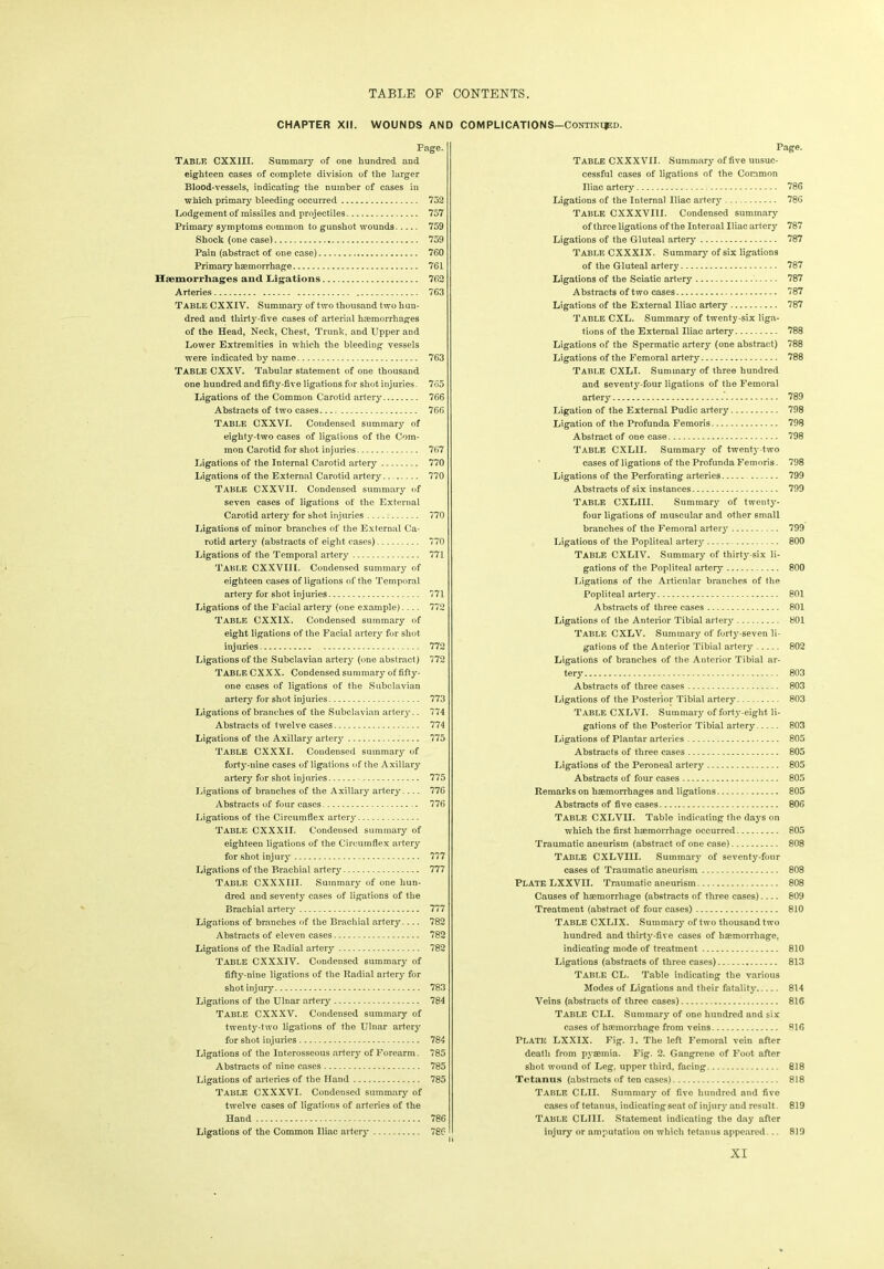 CHAPTER XII. WOUNDS AND COMPLICATIONS—Continijed. Page. Table CXXIII. Summary of one hundred and eighteen cases of complete division of the larger Blood-vessels, indicating the number of cases in which primary bleeding occurred 752 Lodgement of missiles and projectiles 757 Primary symptoms common to gunshot wounds 759 Shock (one case) 759 Pain (abstract of one case) 760 Primary haemorrhage 761 Haemorrhages and Ligations 762 Arteries 763 Table CXXIV. Summary of two thousand two hun- dred and thirty-five cases of arterial hemorrhages of the Head, Neck, Chest, Trunk, and Upper and Lower Extremities in which the bleeding vessels were indicated by name 763 Table CXXV. Tabular statement of one thousand one hundred and fifty-five ligations for shot injuries. 765 Ligations of the Common Carotid artery 766 Abstracts of two cases 766 Table CXXVI. Condensed summary of eighty-two cases of ligations of the Com- mon Carotid for shot injuries 767 Ligations of the Internal Carotid artery 770 Ligations of the External Carotid artery 770 Table CXXVII. Condensed summary of seven cases of ligations of the External Carotid artery for shot injuries 770 Ligations of minor branches of the External Ca- rotid artery (abstracts of eight cases) 770 Ligations of the Temporal artery 771 Table CXXVII I. Condensed summary of eighteen cases of ligations of the Temporal artery for shot injuries 771 Ligations of the Facial artery (one example).... 772 Table CXXIX. Condensed summary of eight ligations of the Facial artery for shot injuries 772 Ligations of the Subclavian artery (one abstract) 772 TABLE CXXX. Condensed summary of fifty- one cases of ligations of the Subclavian artery for shot injuries 773 Ligations of branches of the Subclavian artery.. 774 Abstracts of twelve cases 774 Ligations of the Axillary arter}1- 775 TABLE CXXXI. Condensed summary of forty-nine cases of ligations of the Axillary artery for shot injuries 775 Ligations of branches of the Axillary artery 776 Abstracts of four cases . 776 Ligations of the Circumflex artery Table CXXXII. Condensed summary of eighteen ligations of the Circumflex artery for shot injury 777 Ligations of the Brachial artery 777 Table CXXXIII. Summary of one hun- dred and seventy cases of ligations of the Brachial artery 777 Ligations of branches of the Brachial artery 782 Abstracts of eleven cases 782 Ligations of the Radial artery 782 Table CXXXIV. Condensed summary of fifty-nine ligations of the Radial artery for shot injury 783 Ligations of the Ulnar artery 784 Table CXXXV. Condensed summary of twenty-two ligations of the Ulnar artery for shot injuries 784 Ligations of the Interosseous artery of Forearm. 785 Abstracts of nine cases 785 Ligations of arteries of the Hand 785 Table CXXXVI. Condensed summary of twelve cases of ligations of arteries of the Hand 786 Ligations of the Common Iliac artery 7SC Page. Table CXXXVII. Summary of five unsuc- cessful cases of ligations of the Common Iliac artery 786 Ligations of the Internal Iliac artery 786 Table CXXXVIII. Condensed summary of three ligations of the Internal Iliac artery 787 Ligations of the Gluteal artery 787 Table CXXXIX. Summary of six ligations of the Gluteal artery 787 Ligations of the Sciatic artery 787 Abstracts of two cases 787 Ligations of the External Iliac artery 787 Table CXL. Summary of twenty-six liga- tions of the External Iliac artery 788 Ligations of the Spermatic artery (one abstract) 788 Ligations of the Femoral artery 788 Table CXLI. Summary of three hundred and seventy-four ligations of the Femoral artery 789 Ligation of the External Pudic artery 798 Ligation of the Profunda Femoris 798 Abstract of one case 798 Table CXLII. Summary of twenty-two cases of ligations of the Profunda Femoris. 798 Ligations of the Perforating arteries 799 Abstracts of six instances 799 Table CXLIII. Summary of twenty- four ligations of muscular and other small branches of the Femoral artery 799 Ligations of the Popliteal artery 800 Table CXLIV. Summary of thirty-six li- gations of the Popliteal artery 800 Ligations of the Articular branches of the Popliteal artery 801 Abstracts of three cases 801 Ligations of the Anterior Tibial artery 801 Table CXLV. Summary of forty-seven li- gations of the Anterior Tibial artery 802 Ligations of branches of the Anterior Tibial ar- tery 803 Abstracts of three cases 803 Ligations of the Posterior Tibial artery 803 Table CXLVI. Summary of forty-eight li- gations of the Posterior Tibial artery 803 Ligations of Plantar arteries 805 Abstracts of three cases 805 Ligations of the Peroneal artery 805 Abstracts of four cases 805 Remarks on haemorrhages and ligations 805 Abstracts of five cases 806 Table CXLVII. Table indicating the days on which the first haemorrhage occurred 805 Traumatic aneurism (abstract of one case) 808 Table CXLVIII. Summary of seventy-four cases of Traumatic aneurism 808 PLATE LXXVII. Traumatic aneurism 808 Causes of haemorrhage (abstracts of three cases) 809 Treatment (abstract of four cases) 810 Table CXLIX. Summary of two thousand two hundred and thirty-five cases of haemorrhage, indicating mode of treatment 810 Ligations (abstracts of three cases) 813 TABLE CL. Table indicating the various Modes of Ligations and their fatality 814 Veins (abstracts of three cases) 816 Table CLI. Summary of one hundred and six cases of haemorrhage from veins 816 PLATE LXXIX. Fig. ]. The left Femoral vein after death from pyaemia. Fig. 2. Gangrene of Foot after shot wound of Leg, upper third, facing 818 Tetanus (abstracts of ten cases) 818 Table CLII. Summary of five hundred and five cases of tetanus, indicating seat of injury and result. 819 Table CLIII. Statement indicating the day after injury or amputation on which tetanus appeared... 819