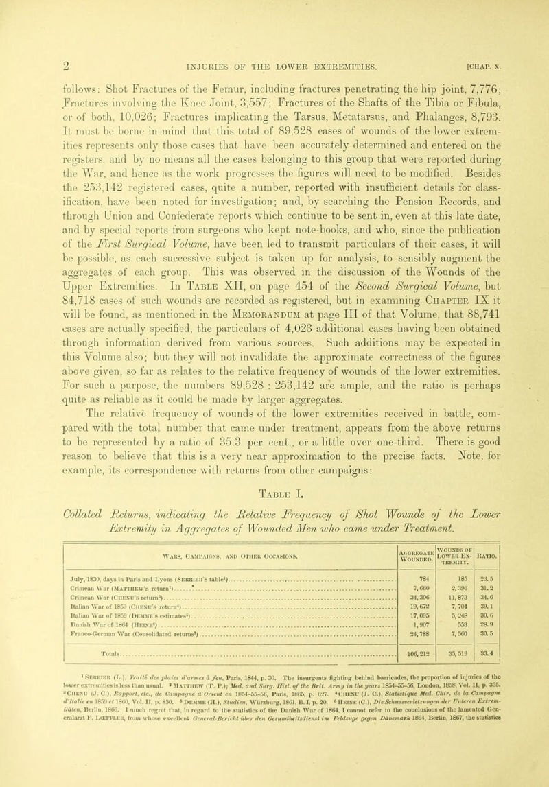 follows: Shot Fractures of the Femur, including fractures penetrating the hip joint, 7,776; Fractures involving the Knee Joint, 3,557; Fractures of the Shafts of the Tibia or Fibula, or of both, 10,026; Fractures implicating the Tarsus, Metatarsus, and Phalanges, 8,793. It must be borne in mind that this total of 89,528 cases of wounds of the lower extrem- ities represents only those cases that have been accurately determined and entered on the registers, and by no means all the cases belonging to this group that were reported during the War, and hence as the work progresses the figures will need to be modified. Besides the 253,142 registered cases, quite a number, reported with insufficient details for class- ification, have been noted for investigation; and, by searching the Pension Records, and through Union and Confederate reports which continue to be sent in, even at this late date, and by special reports from surgeons who kept note-books, and who, since the publication of the First Surgical Volume, have been led to transmit particulars of their cases, it will be possible, as each successive subject is taken up for analysis, to sensibly augment the aggregates of each group. This was observed in the discussion of the Wounds of the Upper Extremities. In Table XII, on page 454 of the Second Surgical Volume, but 84,718 cases of such wounds are recorded as registered, but in examining Chapter IX it will be found, as mentioned in the Memorandum at page III of that Volume, that 88,741 cases are actually specified, the particulars of 4,023 additional cases having been obtained through information derived from various sources. Such additions may be expected in this Volume also; but they will not invalidate the approximate correctness of the figures above given, so far as relates to the relative frequency of wounds of the lower extremities. For such a purpose, the numbers 89,528 : 253,142 are ample, and the ratio is perhaps quite as reliable as it could be made by larger aggregates. The relative frequency of wounds of the lower extremities received in battle, com- pared with the total number that came under treatment, appears from the above returns to be represented by a ratio of 35.3 per cent., or a little over one-third. There is good reason to believe that this is a very near approximation to the precise facts. Xote, for example, its correspondence with returns from other campaigns: Table I. Collated Returns, indicating the Relative Frequency of Shot Wounds of the Lower Extremity in Aggregates of Wounded Men who came under Treatment. Wars, Campaigns, and Other Occasions. Aggregate Wounded. WOUNDS or Lower Ex- tremity. Ratio. July, 1830, days in Paris and Lyons (Serrier'S table1) 784 185 23.5 7, G60 2, 396 31.2 34, 30G 11,873 7,704 34.6 Italian War of 1859 (Chenu’s return4) 19, 672 39.1 Italian War of 1859 (DEMME’S estimates15) 17,095 5, 248 30.6 1,907 553 28.9 Franco-German War (Consolidated returns7) 24, 788 7, 5G0 30.5 Totals 106,212 35, 519 33.4 1 SERUIER (L.), Traite dcs plaies d'armes a feu, Paris, 1844, p. 30. The insurgents fighting behind barricades, the proportion of injuries of tho lower extremities is less than usual. 2 MATTHEW (T. P.), Med. and Surg. Hist, of the Brit. Army in the years 1854-55-56, London, 1858, Vol. II, p. 355. ** ChenU (J. C.), Rapport, etc., de Campagne d' Orient en 1854-55-56, Paris, 1865, p. 6*27. 4CHKNL’ (J. C.), Statistique Med. Chir. de la Campagne d'ltalie cn 185!) ct 1860, Vol. II, p. 850. a DEMME (II.), Studien, Wilrzburg, 1861,13.1, p. 20. 6 HEINE (C.), DieSchussverletzungen der Untercn Extrem- iUiten, Berlin, 1866. I much regret that, in regard to the statistics of the Danish War of 1864. I cannot refer to the conclusions of the lamented Gen- cralarzt F. LCEFFLER, from whose excellent General-Bcricht uber den Gcsundh^itsdiensi im Feldzuge gegen Danemarlc 1864, Berlin, 1867, the statistics