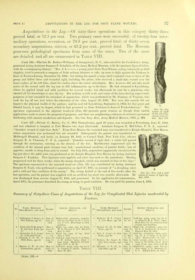 Amputations in the Leg.—Of sixty-three operations in this category thirty-three proved fatal, or 52.3 per cent. Two primary cases were successful; of twenty-four inter- mediary operations, seventeen, or 70.8 per cent.., proved fatal; of thirty-seven secondary amputations, sixteen, or 43.2 per cent., proved fatal. The Museum possesses pathological specimens from some of the cases. Two of the cases are detailed, and all are enumerated in Table VIII: Case 126.—The late Dr. Bodisco Williams, of Georgetown, D. C., who served in the Confederate Army, presented Acting Assistant Surgeon F. Schafhirt, of the Army Medical Museum, with the specimen figured below, with the accompanying history: “ Rev. J. L , a young priest from New Orleans, acting voluntarily as field chaplain, tried to persuade a company of Irish railway laborers to take up arms to fight against the Yankees in front of Fredericksburg, December 12, 1862; but during his speech a large shell exploded close in front of the group and killed three and wounded eight, including the priest, who received a small skin wound over the inner surface, of the left tibia, about five inches above the tarsal articulation. Rev. L did not take much notice of the wound until the leg was in full inflammation up to the knee. He had returned to Lynchburg, pa 11 Fig. 22 Six inches of shaft of the left tibia, carious and ero- ded. Spec. 858. where he applied bread and milk poultices for several weeks, but afterwards he sent for a physician, who exerted all his knowledge to save the leg. But nothing would avail, and caries of the bone having supervened, gangrene at last reminded the attendant of amputation, which was performed by Dr. Pearson, of Virginia, who took the leg off one inch below the tuberosity of the tibia, August 25, 1863. But even this remedy did not improve the physical health of the patient; and his soul left Lynchburg, September 2, 1863, for that great and blissful haven, it may be hoped, which he had promised to those Irishmen in front of Fredericksburg.’- The specimen represented in the adjacent wood-cut (Fig. 22) presents great erosion, as though from caustic applications made to arrest the progress of gangrene, and there are neighboring evidences of extensive periosteal thickening with osseous exudations and deposits. See Cat. Sure/. Sect., Army Medical Museum, 1866, p. 394. Case 127.—Private G. Brown, Co. C, 97th Pennsylvania, aged 18 years, was wounded at Petersburg, June 17. 1864, and was admitted to hospital at Fort Monroe two days afterwards. Assistant Surgeon E. McClellan, U. S. A., reported: “ Gunshot wound of right foot, flesh.” From Fort Monroe the wounded man was transferred to Knight Hospital, New Haven, where amputation was performed but not recorded. Subsequently the patient was transferred to McDougnll Hospital, and lastly, on January 19, 1865, to Central Park, New York City, whence Surgeon B. A. Clements, U. S. A., reported: “Gunshot wound of right foot; a minie ball passed through the metatarsus, entering on the dorsum of the foot. Mortification supervened and the condition of the injured parts became very bad; constitutional condition of patient feeble; loss of appetite; unable to sleep from pain in wound. On July 11th, amputation (apparently circular) of the leg just above the ankle joint was performed at the Knight Hospital, New Haven, by Acting Assistant Surgeon C. Lindsley. Two ligatures were applied, and ether was used as the anaesthetic. Healing progressed well for three weeks, when the stump sloughed, which was arrested in four or five days.” The specimen represented in the annexed wood-cut (Fig. 23) was contributed by Acting Assistant Surgeon S. Teats, who performed re-amputation on April 16, 1865, on account of “a sloughing ulcer and a cold and blue condition of the stump.” The stump healed at the end of five weeks after the last operation, and the patient was supplied with an artificial leg about two months afterwards. He was discharged from service August 17, 1865, and pensioned. In his application for commutation, dated 1875, the pensioner described the stump as being in good condition. He was paid his pension June 4, 1876. Fig. 23.—Two and a half inches of stump of right leg. Spec. 4329. Table VIII. Summary of V-three Cases of Amputations of the Leg for Complicated Shot Injuries unattended by Fracture. NO. Name, Military DEscmniox, and Age. Dates. Injury, Operator, and Result. :io. Name, military Description, and Age. Dates. Injury, Operator, and Result. i Adding-ton, J.,Serg’t, A, 84 th Indiana, age 25. .Tune 20. July 23, 1864. Eight ankle ; gangrene; amputa- tion leg. by Surg. 11. M. S. Jack- | son, U. S.V. Died Sept. 2, 1804, pyaemia. 6 Bathcrie, N. T., Corp’l, A, 15th Mass., age 34. O 'ip G „ ! — 'T I -5^ Left leg; gang.; amp. leg, by A. A. Surgeon M. F. Price; haem. Died June 30, ’64. asthenia from wound, and diarrhoea. 2 Ainsworth,W.IL,Serg't, K, 4Cd New York, age oo May 6, June 23. 18(14. Right leg; amp. leg. by Surg. W. D. Stewart, U. S.V. Disch’d Nov. 3. 1865. 1 Becker, 11., Pt., F, 50th Penn., age 28. May 9. Aug. 10, 1864. Right leg; sloughing; amp. leg, by A. A. Surgeon G. E. Galen. Disch’d May 22. 1865. 3 4 Alexander. E. J Corp’l, 15. 110th New York. Earn urn. C. l-\, Pt., E, June 14. -(13. June 18, Right leg: amp. of leg. Died July 2, 18(53. Left leg: amp. leg. bv A.A.Surg. 8 Bell, J., Corp’l, G, CSJth Penn., age 40. Dec. 13, •62. Mar. 19, ’63. Left leg ; sloughing; haem.; amp. leg, by A. A. Surg. F. 11. Gct- cliell. Disch'd Dee. 14, 1863. 187tli Penn., age 30. Aug. 27. 1864. J. P. Arthur: haem.; Sept. 7, amp. thigh. Died Oct. 13, 18G4. Spec. 3132, A. M. M. 9 Bioklcy, II.. Serg’t, E, 10th New Jersey, age 21. May 14, Aug. 13. 1864. Left; slough : amp. leg, by A. A. Surg. G. W.Webb; haem. 1 )icd A ug. 23.’64. Spec. 3GG3. A.M. M. 5 Barron, C., Pt., D, 14th Connecticut, age 45. May 12, Sept. 10, 1864. Left foot; gang.: amp. leg. by A. | A. Surgeon S. Smith. Discli d June 18. 1865. 10 Bloomer, A. S., Pt., G, 55th Ohio, age 20. May 13, July 21, 1864. Right foot; gang.; amp. leg, by Ass’t Surg. J. A. Freeman, U. S. V. Disch’d Feb. 10, 1865. SURG. Ill—8