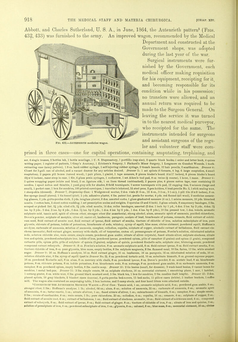 Abbott, and Charles Sutherland, U. S. A., in June, 1864, the Autenrieth pattern* 1 2 (Figs. 432, 433) was furnished to the army. An improved wagon, recommended by the Medical Department and constructed at the Government shops, was adopted during the last year of the war. Surgical instruments were fur- nished by the Government, each medical officer making requisition for his equipment, receipting for it and becoming responsible for its condition while in his possession; no transfers were allowed, and an annual return was required to be made to the Surgeon General. On leaving the service it was turned in to the nearest medical purveyor, who receipted for the same. The instruments intended for surgeons „ „„„ , . and assistant surgeons of the regu- Fig. 432.—Autenrieth medicine wagon. o o lar and volunteer staff were com- prised in three cases—one for capital operations, containing amputating, trephining, and sor, 4 single trusses, 2 bottles ink, 1 bottle mucilage, 1 U. S. Dispensatory, 1 portfolio (cap size), 2 quarto blank books,-1 order and letter book, 4 quires writing paper, 1 register of patients, 1 Gray’s Anatom3r, 1 Erichsen’s Surgery, 1 Packard’s Minor Surgery, 1 Longmore on Gunshot Wounds, 1 tooth- extracting case (army pattern), 1 8-oz. hard-rubber syringe, 1 self-injecting rubber syrmge, 2 thumb lancets, 12 hair pencils, 2 scarificators. Drawer 4: Closet for 3-gall, can of alcohol, and a vacant drawer for any articles desired. Drawer 5: 1 set splints (6 forearm, 4 leg, 6 large coaptation, 4 small coaptation), 2 papers pill boxes (turned wood), 1 pair pliers, 1 gimlet, 1 tape measure, 8 pieces binder’s board (4x17 inches), 8 pieces binder’s board (2£xl2 inches), razor strop in case, 1 file, G glass penis S3rringes, 1 corkscrew, 1 set Aiken’s tool pad, 8 oz twine (£ coarse), 1 hone, 1 razor. Drawer 6: 2 quires wrapping paper (white and blue), 2 oz. ligature silk, 1 oz. linen thread (unbleached), 2 papers pins, 4 pieces cotton tape, case containing 25 needles, 1 spool cotton and thimble, 1 3’ard gray silk for shades, 8 field tourniquets, 2 screw tourniquets with pad, 12 cupping tins, 2 scissors (large and small), 1 pocket case, 1 box for sundries, 100 printed envelopes, 1 traveller’s inkstand, 24 steel pens, 2 pen-holders, 6 lead-pencils No. 2,1 stick sealing wax, 1 sheep-skin (dressed). Drawer 7, Dispensing Case: 1 Wedgewood mortar, 2 doz. vials (6 6-oz., 12 4-oz., 3 2-oz., 3 1-oz.), 1 pill tile (6x8 inches), 8 oz. fine sponge (small pieces), 1 tin funnel (pint), 5 3*ds. adhesive plaster, 4 lbs. patent lint, pestle for mortar, 4 3rds. red flannel (all wool), 2 medicine measur- ing glasses, 2 yds. gutta-percha cloth, 5 3*ds. isinglass plaster, 8 doz. assorted corks, 1 glass graduated measure (4 oz.), 1 minim measure, 10 3rds. bleached muslin, 2 cotton bats, 1 sheet cotton wadding, 1 set prescription scales and weights, 2 spatulas (3 and 6-inch), 2 glass urinals, 8 suspensor3r bandages, 2 lbs. scraped or picked lint, 2£ yds. oiled silk, 2£ 3Tds. oiled muslin, 16 doz. roller bandages, assorted (2 doz. 1 inch by 1 yd., 4 doz. 2 ins. by 3 3'ds., 4 doz. 2| ins. by 3 3Tds.. 2 doz. 3 ins. by 4 3Tds., 2 doz. 3£ ins. by 5 3’ds., 1 doz. 4 ins b3’- 6 3Tds., 1 doz. 4 ins. b3r 8 3rds.), 10 lbs. pressed tow, 1 doz. towels, aromatic sulphuric acid, tannic acid, spirit of nitrous ether, stronger ether (for anaesthesia), strong alcohol, alum, aromatic spirit of ammonia, purified chloroform, Dover's powder, sulphate of morphia, olive oil. castor oil, laudanum, paregoric, acetate of lead, bicarbonate of potassa, creasote, fluid extract of colchi- cum seed, fluid extract of aconite root, fluid extract of ipecac, fluid extract of seneka, tincture of chloride of iron, solution subsulphate of iron, pure gl3*cerin, chlorate of potassa, iodide of potassium, bicarbonate of soda, whiskey, S3rrup of squill, blue mass, citrine ointment, powdered squill, Hoffman's anodyne, carbonate of ammonia, solution of ammonia, camphor, collodion, copaiba, sulphate of copper, alcoholic extract of belladonna, fluid extract cin- chona (aromatic), fluid extract ginger, mercury with chalk, oil of turpentine, croton oil, permanganate of potassa, Fowler’s solution, chlorinated solution soda, solution chloride zinc, resin cerate, simple cerate, powdered gum arabic, nitrate of silver (cr3Tstals), fused nitrate silver, sulphate cinchona, citrate iron and quinia, powdered subsulphate iron, iodide of iron, powdered ipecac, powdered opium, pills of camphor (2 grains) and opium (1 grain), compound cathartic pills, opium pills, pills of sulphate of quinia (3 grains), sulphate of quinia, powdered Rochelle salts, sulphate zinc, blistering cerate, powdered compound extract coloc3’nth. Drawer 8: 8 oz. Fowler's solution, 8 oz. aromatic sulphuric acid, 8 oz. fluid extract ipecac, 8 oz. fluid extract seneka, 8 oz. tincture chloride of iron, 8 oz. pure gtycerin, blue mass, empt3'bottles, 8 lbs. sulphate magnesia, 8 lbs. flaxseed meal, 40 lbs. farina, 12 lbs. white crushed sugar. Drawer 9: 16 oz. IIofFman’s anod3'ne, 16 oz. fluid extract ginger, 16 oz. laudanum, 16 oz. paregoric, 16 oz. chlorinated solution of soda, 16 oz. solution chloride zinc, 4 lbs. S3Trup of squill (part in Drawer No. 2), 8 oz. powdered tartaric acid, 16 oz. subnitrate bismuth, 8 oz. ground ca3’enne pepper. 16 oz. powdered Rochelle salt, 8 oz. alum, 8 oz. mercury with chalk, 8 oz. powdered ipecac, 8 oz. Dover’s powder, 8 oz. acetate lead, 8 oz. bicarbonate potassa, 8 oz. chlorate potassa, 8 oz. iodide potassium, 8 oz. bicarbonate soda, 8 oz. nutmegs, 8 oz. powdered gum arabic, 8 oz. carbonate ammonia, 8 oz. camphor. 8 oz. powdered opium, empt3’- bottles, 8 lbs. castile soap. Drawer 10: 2 tin basins (small, for dressers), 3 wash-hand basins, 2 vacant boxes for sundries, 1 metal bed-pan. Drawer 3 lbs. simple cerate, 24 oz. sulphate cinchona, 16 oz. mercurial ointment, 1 smoothing plane, 1 saw, 1 hatchet, 1 nutmeg grater, 4 oz. white wax, 6 lbs. ground black mustard seed, 5 lbs. black tea, 1 box for sundries, 2 lbs. candles (half length). Drawer 12: 2 doz. planed splints, 20 gray blankets, 2 blanket cases (canvas), 8 gutta-percha bed-covers, 15 bed sacks, 15 pillow cases (white), 2 leather buckets, 1 coffee mill. The wagon also contained an amputating table, 3 box lanterns, and 2 camp stools, and four hand litters were attached outside. Contents of the Autenrieth Medicine Wagon.—First Case: Tannic acid, 1 oz.; aromatic sulphuric acid, 8oz.; powdered gum arabic, 8 oz.; stronger ether, 2 lbs.: IIoiFman’s anod3’ne, 1 lb.: alcohol, 64 oz.; alum, 8 oz.; solution of ammonia, 32 oz.; carbonate of ammonia, 8 oz.; aromatic spirit of ammonia, 4 oz.; tartar emetic, 1 oz.; nitrate of silver, 1 oz.; fused nitrate of silver, 1 oz.; subcarbonate of bismuth, 4 oz.; camphor, 8 oz.; simple cerate, 2 lbs.; cerate of cantharides, 8 oz.; resin cerate, 1 lb.; pure chloroform, 32 oz.; collodion, 4 oz.; copaiba, 16 oz.; creasote, 4 oz.; sulphate of copper, 2 oz.; fluid extract of aconite root, 4 oz.; extract of belladonna, 1 oz.; fluid extract of cinchona, aromatic, 16 oz.; fluid extract of colchicum seed, 4 oz.; compound extract of colocynth, 8 oz.; fluid extract of ipecac, 8 oz.; fluid extract of ginger, 8 oz.; tincture of chloride of iron, 8 oz ; citrate of iron and quinine, 2 oz.; solution of persulphate of iron, 4 oz.; powdered subsulphate of iron, 2 oz.; gtycerin, 8 oz.; calomel, 8 oz.; blue mass, 8oz.; mercurial ointment, 16 oz.; citrine