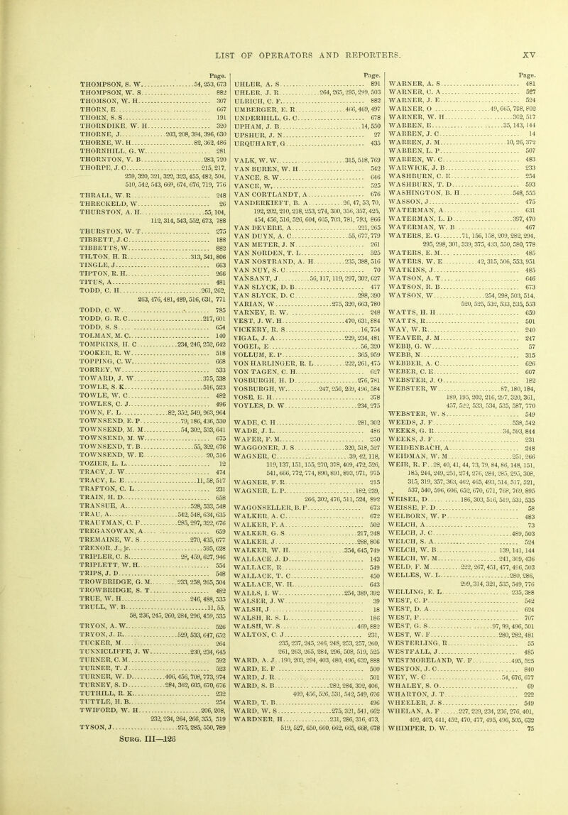 THOMPSON, S. W.. THOMPSON, W. S.. THOMSON, W. H... THORN, E THORN, S. S THORNDIKE, W. H THORNE, J THORNE, W.H THORNHILL, G. W. THORNTON, V. B.. Page. 54,953,073 882 307 067 191 320 .203,208, 394,396, 630 82,362,486 281 283,720 THORPE, J. G 215,217, 259, 320, 321, 322, 323,455, 482, 504, 510, 542, 543, 669, 674, 676, 719, 776 THRALL, W. R 248 THRECKELD, W 26 THURSTON, A. H 55,104, 112, 314, 543, 552,673, 788 THURSTON, W. T 275 TIBBETT, J.C 188 TIBBETTS, W 882 TILTON, H. R 313,541,806 TINGLE, J 663 TIPTON, R. II 266 TITUS, A 481 TODD, C. H 261,262, 263, 476,481,489, 516, 631, 771 TODD, C. W • 785 TODD, G. R. C 217,601. TODD, S. S 054 TOLMAN, M. C 140 TOMPKINS, II. C 234,246,252,042 TOOKER, R. W 518 TOPPING, C. W 668 TORREY, W 533 TOWARD, J. W 375,538 TOWLE, S.K 516,523 TOWLE, W. C 482 TOWLES, C. J 490 TOWN, F. L 82, 352, 549, 963, 964 TOWNSEND, E. P 79,186,436, 530 TOWNSEND, M. M 54,302,533,641 TOWNSEND, M. W 675 TOWNSEND, T. B 55, 322, 676 TOWNSEND, W. E 20,516 TOZ1ER, L. L 12 TRACY, J. W 474 TRACY, L. E 11,58,517 TRAFTON, C. L 231 TRAIN, H. D 658 TRANSUE, A 528,533,548 TRAU, A 542, 548,634, 635 TRAUTMAN, C. F 285,297, 322, 676 TREGANOWAN, A 059 TREMAINE, W. S 270,435,677 TRENOR, J., jr 595, 628 TRIPLER, C. S 28, 459,627, 946 TRIPLETT, W.H 554 TRIPS, J. D 548 TROWBRIDGE, G. M 233,258,265,504 TROWBRIDGE, S. T 482 TRUE, W. H 246, 488, 535 TRULL, W. B 11,55, 58,236,245, 260, 284, 296, 459, 535 TRYON, A. W 526 TRYON, J. R. 529, 533, 647,652 TUCKER, M 264 TUNNICLIFFE, J. W 230,234, 645 TURNER, C. M 592 TURNER, T. J 523 TURNER, W. D 406, 456, 708, 773,974 TURNEY, S. D 284,362, 005, 070, 676 TUTIIILL, R. K 232 TUTTLE, II. B 254 TWIFORD, W. H 206,208, 232, 234, 264, 266, 355, 519 TYSON, J 275, 285, 550,789 UHLER, A. S UHLER, J. R ULRICII, C. F UMBERGER, E. R UNDERHILL, G. C UPHAM, J. B UPSHUR, J. N URQUIIART, G.... Page. . 891 264, 265,295, 299. 503 882 466,469, 497 678 14,550 27 435 VALK, W. W 315,518, 769 VANBUREN, W. II 542 VANCE, S. W 046 VANCE, W. 525 VAN CORTLANDT, A 676 VANDERKIEFT, B. A .26, 47, 53, 70, 192,202,210,218, 253,274, 300, 356, 357,425, 454, 456, 510, 526, 604, 605, 703, 781, 793, 866 VAN DEVERE, A 221,265 VAN DUYN, A. C 55,677,779 VANMETER, J.N 261 VAN NORDEN, T. L 525 VAN NOSTRAND, A. H 235, 388, 516 VAN NUY, S. C 70 VANS ANT, J 50,117,119, 297, 302, 627 VAN SLYCK, D. B 477 VAN SLYCK, D. C 298,390 VARIAN, W 275, 320,663,780 VARNEY, R. W 248 VEST, J. W. H 470, 631, 884 VICKERY, R. S 16,754 VIGAL, J. A 229,234,481 VOGEL, E 56,320 VOLLUM, E. P 365, 959 VONHARLINGER, R. L 222,261,475 VON TAGEN, C. II 627 VOSBURGH, H. D 276,781 VOSBURGH, W 247,250, 269, 496, 584 VOSE, E. H 378 VOYLES, D. W 234,275 WADE, C. H 281,302 WADE, J. L 486 WAFER, F. M 250 WAGGONER, J. S 320, 518, 527 WAGNER, C - 39, 42,118, 119,137,151,155, 270, 378, 409, 472, 526, 541, 666, 772, 774, 890, 891, 893, 971, 975 WAGNER, F. R 215 WAGNER, L. P 182,239, 266,302,476,511,524, 892 WAGONSELLER, B. F 673 WALKER, A. C 672 WALKER, F. A 502 WALKER, G. S 217,248 WALKER, J 288,800 WALKER, W.H 354,645,749 WALLACE. J. D 143 WALLACE, R 549 WALLACE, T. C 450 WALLACE, W. II 643 WALLS, I. W 254, 389,392 WALSER, J.W 39 WALSH, J 18 WALSH, R. S. L 186 WALSH, W. S 469,882 WALTON, C. .1 231, 235,237,245,246, 248,253, 257,260, 261,263, 265, 284, 296, 508, 519, 525 WARD, A. J. .190,203,294, 403, 480, 496, 632,888 WARD, E. F 500 WARD, J. R 501 WARD, S. B 282,284, 302, 406, 409,456, 526, 531, 542, 549, 626 WARD, T. B 490 WARD, W. S 275, 321, 541,662 WARDNER. H 231,286, 316,473, 519, 527, 650, 660, 662,665, 668, 678 Page. WARNER, A. S 481 WARNER, C. A 527 WARNER, J. E 524 WARNER, O 49,065,728,802 WARNER, W. II 362,517 WARREN, E 35,143, 144 WARREN, J. C 14 WARREN, J. M 10,26,372 WARREN, L. P 507 WARREN, W. C 483 WARWICK, J. B 233 WASHBURN, C. E 254 WASHBURN, T. D 593 WASHINGTON, B. H 548,555 WASSON, J 475 WATERMAN, A 031 WATERMAN, L. D 397,470 WATERMAN, W.B 467 WATERS, E. G 71,156,158, 209,282,294, 295,298, 301,339, 375, 433, 550, 580,778 WATERS, E. M 485 WATERS, W. E 42, 315, 506, 553, 951 WATKINS, J 485 WATSON, A. T 646 WATSON, R. B 673 WATSON, W 254, 298,503, 514, 520, 525, 532, 533, 535,553 WATTS, H. H 659 WATTS, R 501 WAY, W. R 240 WEAVER, J. M ' 247 WEBB, G. W 57 WEBB, N 315 WEBBER, A. C 026 WEBER, C. E 007 WEBSTER, J. O 182 WEBSTER, W 87,180,184, 189,195, 202, 216, 297, 320,301, 457, 522, 533, 534, 535, 587, 770 WEBSTER, W. S 549 WEEDS, J. F ..538,542 WEEKS, G. R 34,593,844 WEEKS, J. F 231 WEIDENBACH, A 248 WEIDMAN, W. M 251,266 WEIR, R. F. .28, 40, 41, 44, 73, 79, 84, 86,148,151, 185,244, 249,251,274, 276, 284, 285, 295, 308, 315, 319, 357, 363, 462, 465, 493, 514, 517, 521, 537, 540, 596, 606, 652, 670, 071, 768, 769, 895 WEISEL, D 186, 303, 516, 519, 531, 535 WEISSE, F. D 58 WELBORN, W. P 483 WELCH, A 73 WELCH, J. C 489, 503 WELCH, S. A 524 WELCH, W.B 139,141, 144 WELCH, W. M 241, 309, 436 WELD, F. M 222, 267, 451, 477, 496, 503 WELLES, W. L 280,286, 299,314,321, 535, 549, 770 WELLING, E. L 235,388 WEST, C. P 542 WEST, D. A 624 WEST, F 707 WEST, G. S 97, 99, 496, 501 WEST, W. F 280,282,481 WESTERLING, R 55 WESTFALL, J 485 WESTMORELAND, W. F 495,525 WESTON, J.C 840 WEY, W. C 54,070,677 WHALEY, S. O 69 WHARTON, J. T 222 WHEELER, J. S 549 WHELAN, A. F 227,229,234,236,276, 401, 402, 403, 441, 452, 470, 477, 495, 496, 505, 632 WHIMPER, D. W 75 SURG. Ill—126