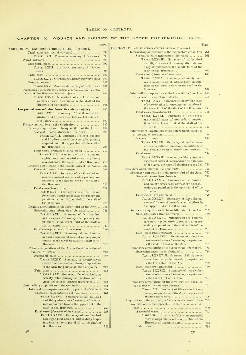 CHAPTER IX. WOUNDS AND INJURIES OF THE UPPER EXTREMITIE S—Continued. Page. SECTION IV. Excisions in the Humerus—[Continued. Fatal cases (abstract of one case) 693 Table LXII. Condensed summary of five cases. 693 Period unknown 693 Successful cases 693 Table LXHI. Condensed summary of fifty-one cases 694 Fatal cases 695 Table LXIV. Condensed summary of twelve cases 695 Results unknown 695 Table LX V. Condensed summary of twelve cases 695 Concluding observations on excisions in the continuity of the shaft of the Humerus fur shot injuries 695 Table LXVI. Numerical, of six hundred and ninety-six cases of excisions in the shaft of the Humerus for shot injury 696 Amputations of the Arm for shot injury 697 Table LXVII. Summary of five thousand four hundred and fifty-six amputations of the Arm for shot injury 697 Primary amputations in the Continuity 697 Primary amputations in the upper third of the Arm... 698 Successful cases (abstracts of ten cases) 698 Table LX VIII. Summary of eleven hundred and fifty-five cases of recovery after primary amputations in the upper third of the shaft of the Humerus 700 Fatal cases (abstracts of three cases) 717 TABLE LXIX. Summary of one hundred and eighty-three unsuccessful cases of primary amputations in the upper third of Humerus. 718 Primary amputations in the middle third of the Arm.. 721 Successful cases (four abstracts) 721 Table LXX. Summary of one thousand and nineteen cases of recovery after primary am- putations in the middle third of the shaft of the Humerus 721 Fatal cases (two abstracts) 736 Table LXXI. Summary of one hundred and forty-three unsuccessful cases of primary am- putations in the middle third of the shaft of the Humerus 737 Primary amputations in the lower third of the Arm... 739 Successful cases (abstracts of six cases) 739 Table LXXII. Summary of four hundred and six cases of recovery after primary am- putations in the lower third of the shaft of the Humerus 741 Fatal cases (abstracts of two cases) 746 Table LXXIII. Summary of one hundred and six unsuccessful cases of primary ampu- tations in the lower third of the shaft of the Humerus 747 Primary amputations of the Arm without indication of the seat of incision 748 Successful cases 749 Table LXXIV. Summary of seventy-seven cases of recovery after primary amputations of the Arm, the point of ablation unspecified. 749 Fatal cases 750 Table LXXV. Summary of one hundred and seventy fatal primary amputations of the Arm, the point of ablation unspecified 750 Intermediary amputations in the Continuity 752 Intermediary amputations in the upper third of the Arm 753 Successful cases (abstracts of four cases) 753 TABLE LXXVI. Summary of two hundred and thirty-nine cases of recovery after inter- mediary amputations in the upper third of the shaft of the Humerus 755 Fatal cases (abstracts of two cases) 758 Table LXXVII. Summary of one hundred and eight fatal cases of intermediary ampu- tutations in the upper third of the shaft of the Humerus 759 2* Page. SECTION IV. Amputations of the Arm—[Continued. Intermediary amputations in the middle third of the Arm 761 Successful cases (abstracts of six cases) 761 Table LXXVIII. Summary of two hundred and fifty-five cases of recovery after interme- diary amputations in the middle third of the shaft of the Humerus 763 Fatal cases (abstracts of two cases) 766 table LXXIX. Summary of ninety-three unsuccessful cases of intermediary amputa- tions in the middle third of the shaft of the Humerus 768 Intermediary amputations at the lower third of the Arm 769 Successful cases (four abstracts) 769 Table LXXX. Summary of ninety-four cases of recovery after intermediary amputations in the lower third of the shaft of the Humerus. 771 Fatal cases (two abstracts) 772 Table LXXXI. Summary of sixty-seven unsuccessful cases of intermediary amputa- tions in the lower third of the shaft of the Humerus 773 Intermediary amputations of the Arm without indication of the seat of incision 774 Successful cases 774 Table LXXXII. Summary of twelve cases of recovery after intermediary amputations of the Arm, the point of ablation unspecified.. 774 Fatal cases 774 ' Table LXXXIII. Summary of thirty-four un- successful cases of intermediary amputations of the Arm, the point of ablation unspecified 774 Secondary amputations in the Continuity 775 Secondary amputations in the upper third of the Arm. 775 Successful cases (two abstracts) 775 Table LXXXIV. Summary of one hundred and twenty-seven cases of recovery after sec- ondary amputations in the upper third of the Humerus 777 Fatal cases (five abstracts) 779 Table LXXXV. Summary of forty-six un- successful cases of secondary amputations in the upper third of the Humerus 781 Secondary amputations at the middle third of the Arm 782 Successful cases (five abstracts) 782 Table LXXXVI. Summary of one hundred and t wenty-seven cases of recovery after sec- ondary amputations in the middle third of the shaft of the Humerus 784 Fatal cases (three abstracts) 786 Table LXXXVII. Summary of thirty-five unsuccessful cases of secondary amputations in the middle third of the Arm 787 Secondary amputations of the Arm at the lower third. 788 Successful cases (three abstracts) 788 Table LXXXVII1. Summary of thirty-seven cases of recovery after secondary amputations in the lower third of the Arm 789 Fatal cases (two abstracts) 790 Table LXXXIX. Summary of twenty-four unsuccessful cases of secondary amputations in the lower third of the Arm. 791 Secondary amputations of the Arm without indication of the seat of incision (one abstract) 791 Table XC. Summary of fifteen cases of sec- ondary amputations of the Arm, the period of ablation unspecified . 792 Amputations in the continuity of the Arm of uncertain date 792 Amputations in the upper third of the Arm of uncertain date 792 Successful cases 793 Table XCI. Summary of sixty-one successful cases of amputations in the upper third of the Humerus of uncertain date 793 Fatal cases 793 *