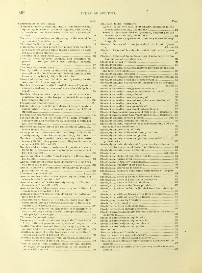 Page. Statistical tables—continued: Annual number of cases and deaths from diarrhoea and dysentery in each of the three regions, with ratio to strength and number of cases to each death for colored troops 10 Prevalence of diarrhoea and dysentery in the several de- partments of the Atlantic region 17 The same for the Central region 18 Number taken on sick report each month with diarrhoea and dysentery among white troops, expressed in ratio per 1,000 of mean strength 19 The same for colored troops , 23 Monthly mortality from diarrhoea and dysentery ex- pressed in ratio per 1,000 of mean strength for white troops 20 The same for colored troops 24 Monthly ratio of cases of diarrhoea and dysentery to strength in the Confederate and Federal Armies of the Potomac from July 1,1SG1, to March 31,1862 27 Cases and deaths from diarrhoea and dysentery in the Andersonville Prison hospital 32 Number of cases and deaths from diarrhoea and dysentery among Confederate prisoners of war at the chief prison depots 38 Number taken on sick report each month with acute diarrhoea among white troops, expressed in ratio per 1,000 of mean strength 290 The same for colored troops 291 Tabular statement of the prevalence of acute dysentery among white troops, expressed in ratio per 1,000 of strength 414 The same for colored troops 415 Tabular statement of the mortality of acute dysentery among white and colored troops, expressed in ratio per 1,000 of strength 415 Diarrhoea and dysentery in the United States Army, 1829 to 1859, inclusive 417 Average annual prevalence and mortality of diarrhoea and dysentery in the United States Army, 1839 to 1859 __ 418 Number of deaths from diarrhoea, dysentery and enteritis in every 100,000 living persons, according to the census reports of 1850, 1860 and 1870 419 Number of deaths from diarrhoea and dysentery in every 100,000 living persons, according to the census reports of 1S53,1860 and 1870 420 Annual number of deaths from dysentery in Boston from 1811 to 1838 422 Annual number of deaths from dysentery in New York City from 1805 to 1836 422 Annual number of deaths from dysentery in Philadel- phia from 1S07 to 1840 422 The same from 1840 to 1S60 • 424 Annual number of deaths from dysentery in the State of Massachusetts from 1841 to I860 423 Annual number of deaths from dysentery in Hartford, Connecticut, from 1847 to 1854 423 Annual number of deaths from dysentery in the State of Rhode Island from *853 to I860 423 Annual number of deaths from dysentery in Baltimore from 1836 to 1860 424 Total number of deaths in the United States from diar- rhoea, dysentery and enteritis, according to the census reports of 1850,1S60 and 1870 427 Number of cases taken on sick report each month with acute dysentery among the white troops, expressed in ratio per 1,000 of strength 428 The same for colored troops 428 Frequency of diarrhoea and dysentery in the United States Army in time of peace for each quarter of the year 429 Deaths from diarrhoea and dysentery in spring, summer, autumn and winter, according to the census of 1S50 429 Monthly number of deaths from dysentery, according to the census reports of 1860 and 1S70 429 Monthly number of deaths from diarrhoea, according to the census reports of 1860 and 1S70 *_ 430 Ratio of deaths from diarrhoea, dyentery and enteritis per 100,000 living persons, according to the census re- ports of 1850 and 1870 430 Page. Statistical tables—continued: Ages of those who died of dysentery, according to the census reports of 1850,1860 and 1870 431 Sexes of those who died of dysentery, according to the census reports of 1859, 1860 and 1870 431 Admissions from hepatitis and dysentery in two Bombay hospitals 556 Stomach, lesions of, in subjects dead of chronic dysen- tery 525 and 52S Stomach, lesions of, in subjects dead of diphtheritic dysen- tery 456 Stomach, lesions of, in subjects dead of non-ulcerative in- flammation of the intestines 314 Stools as modified by calomel 274 Stools, dysenteric 353 Stools, dysenteric, accidental matters derived from the food and medicines taken Stools, dysenteric, albumen in Stools, dysenteric, bacteria and other low vegetable forms in Stools, dysenteric, blood and bloody serum in Stools, dysenteric, bodies resembling frogs’ spawn or boiled sago grains 356 and Stools of acute diarrhoea, general character of Stools of acute diarrhoea, chemical examination of..,. Stools of acute diarrhoea, color of Stools of acute diarrhoea, frequency of Stools of acute diarrhoea, microscopical examination of Stools of acute diarrhoea, odor of Stools of acute diarrhoea, quantity of Stools of acute diarrhoea, rapid putrefaction of Stools of chronic diarrhoea, algoid cells of J. IT. Salisbury . Stools of chronic diarrhoea, yeast plant of J. PI. Salisbury. Stools, dysenteric, corpora pinguia 357 and Stools, dysenteric, feculent matters in Stools, dysenteric, fragments of pseudomembrane and ne- crosed mucous membrane in Stools, dysenteric, fungi of Baly Stools, dysenteric, indigested starchy matters Stools, dysenteric, mucus and pus in Stools, dysenteric, mucus and pus in, confounded with fat by the Greeks Stools, dysenteric, shreds and fragments of membrane re- cognized by ancient and modern physicians Stools, dysenteric, usually alkaline Stools, fatty 356 and Stools, fatty, chemical analysis of the fat Stools, fatty, during milk diet Stools, fatty, in healthy individuals Stools, fatty, quantity of fat passed Stools, fatty, references to cases of Stools, fatty, supposed connection with disease of the pan- creas Stools, fatty, views of Everard ITome and others Stools, fatty, views of Felix Plater and others...* Stools, fatty, views of M6rat and others Stools, fatty, views of the Greek physicians Stools, fatty, when the bile is diverted from the intestinal canal Stools, fatty, without disease of the liver or pancreas Stools, fatty, without pancreatic disease Stools, gangrenous, in dysentery Stools, lienteric, fungi in Stools, lienteric, in acute diarrhoea Stools, lienteric, in chronic dysentery Stools of chronic dysentery, bacteria and other low vegeta- ble forms in Stools of chronic dysentery, blood in Stools of chronic dysentery, mucus in Stools of chronic dysentery, number of Stools of chronic dysentery, pus in Stramonium Strangury in acute dysentery Strangury rare in chronic dysentery Stricture of the intestine after dysentery Stricture of the intestine after dysentery unknown to the ancients Stricture of the intestine after dysentery, earlier observa- tions of I § |!3§|g|§ gg|gl§ii 1 null §§§H