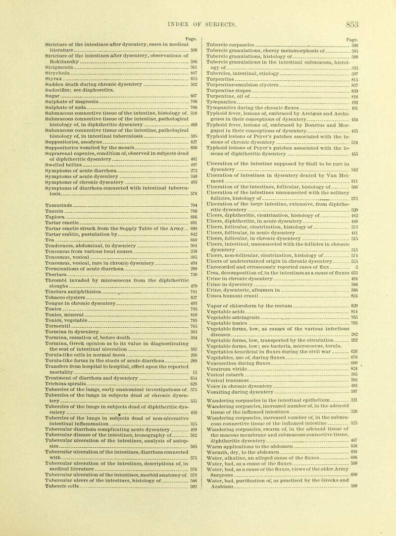 Page. Stricture of the intestines after dysentery, cases in medical literature 508 Stricture of the intestines after dysentery, observations of Rokitansky 506 Strigmenta 361 Strychnia 807 Styrax 815 Sudden death during chronic dysentery 502 Sudoriflcs; see diaphoretics. Sugar 667 Sulphate of magnesia 706 Sulphate of soda 706 Submucous connective tissue of the intestine, histology of- 318 Submucous connective tissue of the intestine, pathological histology of, in diphtheritic dysentery 468 Submucous connective tissue of the intestine, pathological histology of, in intestinal tuberculosis 595 Suppositories, anodyne 827 Suppositories vomited by the mouth 836 Suprarenal capsules, condition of, observed in subjects dead of diphtheritic dysentery 461 Swelled bellies 497 Symptoms of acute diarrhoea 272 Symptoms of acute dysentery 348 Symptoms of chronic dysentery 483 Symptoms of diarrhoea connected with intestinal tubercu- losis 578 Tamarinds 704 Tannin 766 Tapioca 666 Tartar emetic 691 Tartar emetic struck from the Supply Table of the Army__ 690 Tartar emetic, pustulation by 842 Tea - 660 Tenderness, abdominal, in dysentery 384 Tenesmus from various local causes 338 Tenesmus, vesical 385 Tenesmus, vesical, rare in chronic dysentery 494 Terminations of acute diarrhoea 289 Theriaca ^ 730 Thrombi invaded by micrococcus from the diphtheritic sloughs 479 Tinctura antiphthisica 781 Tobacco clysters 837 Tongue in chronic dysentery 493 Tonics 795 Tonics, mineral 810 Tonics, vegetable 795 Tormentil 765 Tormina in dysentery 383 Tormina, cessation of, before death 384 Tormina, Greek opinion as to its value in diagnosticating the seat of intestinal ulceration 383 Torula-like cells in normal fseces 280 Torula-like forms in the stools of acute diarrhoea 280 Transfers from hospital to hospital, effect upon the reported mortality 15 Treatment of diarrhoea and dysentery 654 Trichina spiralis 628 Tubercles of the lungs, early anatomical investigations of_ 575 Tubercles of the lungs in subjects dead of chronic dysen- tery 535 Tubercles of the lungs in subjects dead of diphtheritic dys- entery v 458 Tubercles of the lungs in subjects dead of non-ulcerative intestinal inflammation / 315 Tubercular diarrhoea complicating acute dysentery 409 Tubercular disease of the intestines, iconography of 5S2 Tubercular ulceration of the intestines, analysis of autop- sies 585 Tubercular ulceration of the intestines, diarrhoea connected with 575 Tubercular ulceration of the intestines, descriptions of, in medical literature 576 Tubercular ulceration of the intestines, morbid anatomy of- 579 Tubercular ulcers of the intestines, histology of 586 Tubercle cells 592 Page. Tubercle corpuscles j 596 Tubercle granulations, cheesy metamorphosis of 595 Tubercle granulations, histology of 588 Tubercle granulations in the intestinal submucosa, histol- ogy of 593 Tubercles, intestinal, etiology 597 Turpentine 815 Turpentine-emulsion clysters 837 Turpentine stupes 839 Turpentine, oil of 816 Tympanites 492 Tympanites during the chronic fluxes 491 Typhoid fever, lesions of, embraced by Aretseus and Archi- genes in their conceptions of dysentery 434 Typhoid fever, lesions of, embraced by Bonetus and Mor- gagni in their conceptions of dysentery 435 Typhoid lesions of Peycr’s patches associated with the le- sions of chronic dysentery 524 Typhoid lesions of Peyer’s patches associated with the le- sions of diphtheritic dysentery 455 Ulceration of the intestine supposed by Stoll to be rare in dysentery 342 Ulceration of intestines in dysentery denied by Van Hel- mont 811 Ulceration of the intestines, follicular, histology of 566 Ulceration of the intestines unconnected with the solitary follicles, histology of 573 Ulceration of the large intestine, extensive, from diphthe- ritic dysentery 520 Ulcers, diphtheritic, cicatrization, histology of 482 Ulcers, diphtheritic, in acute dysentery 448 Ulcers, follicular, cicatrization, histology of 573 Ulcers, follicular, in acute dysentery 441 Ulcers, follicular, in chronic dysentery 515 Ulcers, intestinal, unconnected with the follicles in chronic dysentery 515 Ulcers, non-follicular, cicatrization, histology of 574 Ulcers of undetermined origin in chronic dysentery 525 Unrecorded and erroneously reported cases of flux 2 Urea, decomposition of, in the intestines as a cause of fluxes 633 Urine in chronic dysentery 494 Urine in dysentery 3S6 Urine, dysenteric, albumen in 386 Usnea humani cranii 824 Vapor of chloroform by the rectum 829 Vegetable acids 814 Vegetable astringents 765 Vegetable tonics 795 Vegetable forms, low, as caus.es of the various infectious diseases . 282 Vegetable forms, low, transported by the circulation 282 Vegetable forms, low; see bacteria, micrococcus, torula. Vegetables beneficial in fluxes during the civil war 626 Vegetables, use of, during fluxes 678 Venesection during fluxes 680 Veratrum viride 824 Vesical catarrh 385 Vesical tenesmus 385 Voice in chronic dysentery — 493 Vomiting during dysentery 387 Wandering corpuscles in the intestinal epithelium 321 Wandering corpuscles, increased number of, in the adenoid tissue of the inflamed intestines 326 Wandering corpuscles, increased number of, in the submu- cous connective tissue of the inflamed intestine 325 Wandering corpuscles, swarm of, in the adenoid tissue of the mucous membrane and submucous connective tissue, diphtheritic dysentery 467 Warm applications to the abdomen 838 Warmth, dry, to the abdomen 838 Water, alkaline, an alleged cause of the fluxes 606 Water, bad, as a cause of the fluxes 599 Water, bad, as a cause of the fluxes, views of the older Army Surgeons 600 Water, bad, purification of, as practised by the Greeks and Arabians 599