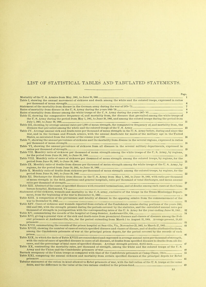 LIST OF STATISTICAL TABLES AND TABULATED STATEMENTS. Page. Mortality of the U. S. Armies from May, 1861, to June 30, 186G— — 1 Table I, showing the annual movement of sickness and death among the white and the colored troops, expressed in ratios per thousand of mean strength 6 Statement of the mortality from disease in the German army during the war of 1870-71 7 Rates of mortality from disease in the U. S. Army during the years 1810-’59 8 Rates of mortality from disease among the white troops of the U. S. Army during the years 1867-'S3 9 Table II, showing the comparative frequency of, and mortality from, the diseases that prevailed among the white troops of the U. S. Army during the period from May 1,1861, to June 30,1866, and among the colored troops during the period from July 1, 1863, to June 30,1866 11 Table III, showing, by average annual rates per 1,000 of mean strength, the comparative frequency of, and mortality from, the diseases that prevailed among the white and the colored troops of the U. S. Army 13 Table IV. Average annual sick and death-rates per thousand of mean strength in the U. S. Army before, during and since the war, and in the German and French armies, with the annual death-rate for males of the military age in the United States, as calculated from the returns of the census year 1880 16 Table V, showing the annual prevalence of sickness and the mortality from disease in the several regions, expressed in ratios per thousand of mean strength 18 Table VI, showing the annual prevalence of sickness from all diseases in the several military departments, expressed in ratios per thousand of strength 19 Table VII. Monthly ratio of sickness per thousand of mean strength among the white troops of the U. S. Army, by regions, for the period from June 30,1861, to June 30,1866 21 Table VIII. Monthly ratio of cases of sickness per thousand of mean strength among the colored troops, by regions, for the period from June 30,1863, to June 30,1866 21 Table IX. Monthly ratio of deaths from disease per thousand of mean strength among the white troops of the U. S. Army, by regions, for the period from June 30,1861, to June 30, 1866 22 Table X. Monthly ratio of deaths from sickness per thousand of mean strength among the colored troops, by regions, for the period from June 30, 1863, to June 30, 1866 — 22 Table XI. Discharges for disability from disease in the U. S. Army from May 1,1861, to June 30,1866, with ratio per thousand of mean strength in the field, garrisons and general hospitals, ratio per thousand of total discharges, and mean annual ratio per thousand of strength 27 Table XII. Abstract of the cases of specified diseases with recorded terminations, and of deaths among such cases at the Chim- borazo hospital, Richmond, Va 30 Statement of the sickness, wounds and mortality in the C. S. army, exclusive of the troops in the Trans-Mississippi Depart- ment, from the beginning of the war to December 31,1862 30 Table XIII. A comparison of the prevalence and fatality of disease in the opposing armies from the commencement of the war to December 31,1862 31 Table XIV. Cases of sickness and wounds reported from certain of the Confederate armies during portions of the years 1861, 1862 and 1S63, with the strength present during the periods covered by the statistics, and the calculated annual rates per thousand of strength in juxtaposition with the corresponding rates of the U. S. Army for the year ending June 30,1863— 32 Table XV, summarizing the records of the hospital at Camp Sumter, Andersonville, Ga 31 Table XVI, giving a general view of the sick and death-rates from prominent diseases and classes of diseases among the Fed- eral prisoners at Andersonville, Ga., for the period extending from March 1 to August 31,1864. Average present, 10,153 prisoners 35 Table XVII, summarizing the records of the prison hospital at Danville, Va., November 23,1863, to March 27,1865 11 Table XVIII, showing the number of cases of certain specified diseases and classes of disease, and of deaths attributed to them, among the Confederate prisoners of war at the principal prison depot s, for the period covered by the records of each prison 16 Table XIX, in which the facts of Table XVIII are consolidated and expressed in average annual rates per thousand of strength, with the ratio of cases of specified diseases to cases of all diseases, of deaths from specified diseases to deaths from all dis- eases, and the percentage of fatal cases of specified disease. Average strength present, 10,815 men 17 Table XX, contrasting the mortality rates, per thousand of strength, among the white and the colored troops of the U. S. Army and the Union and the Confederate prisoners of war 48 Barrack occupancy of the Union troops as compared with that of the Confederate prisoners at Camp Chase, Ohio 55 Table XXI, comparing the annual sickness and mortality from certain specified diseases at the principal depots for Rebel prisoners 61 Tabular statement of the ration in kind allowed to Rebel prisoners of war, with the full ration of the U. S. troops at the same dates, and the difference in the value of the two rations credited to the prison-fund 69