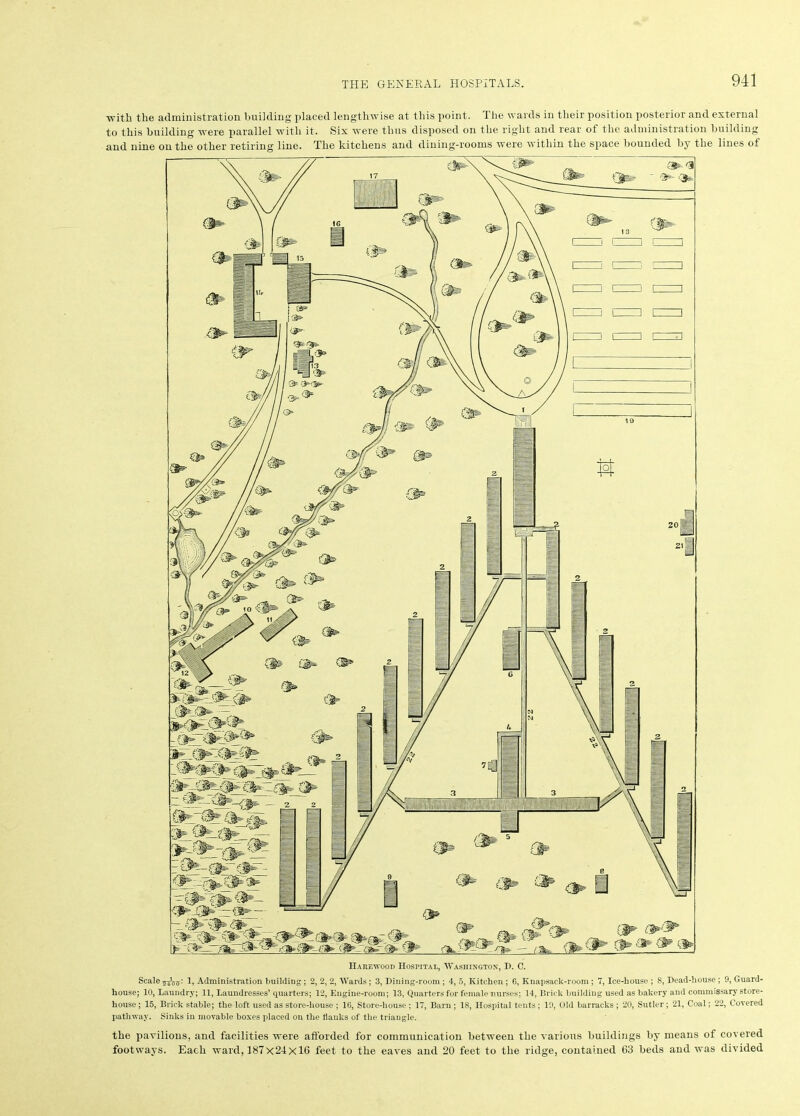 'with the administration building placed lengthwise at this point. The wards in their position posterior and external to this building were parallel with it. Six were thus disposed on the right and rear ot the administration building and nine on the other retiring line. The kitchens and dining-rooms were within the space bounded by the lines of Scale 1, Administration building; 2, 2, 2, Wards ; 3, Dining-room ; 4, 5, Kitchen ; 6, Knapsack-room ; 7, Ice-house ; 8, Dead-house ; 9, Guard- house; 10, Laundry; 11, Laundresses’ quarters; 12, Engine-room; 13, Quarters for female nurses; 14, Brick building used as bakery and commissary store- house ; 15, Brick stable; the loft used as store-house ; 10, Store-house ; 17, Barn ; 18, Hospital tents; 19, Old barracks ; 20, Sutler; 21, Coal; 22, Covered pathway. Sinks in movable boxes placed on the flanks of the triangle. the pavilions, and facilities were afforded for communication between the various buildings by means of covered footways. Each ward, 187x24x16 feet to the eaves and 20 feet to the ridge, contained 63 beds and was divided