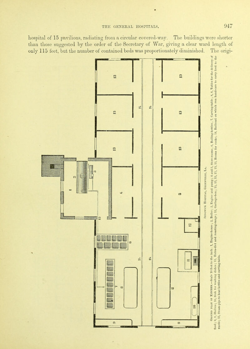hospital of 15 pavilions, radiating from a circular covered-way. The buildings were shorter than those suggested by the order of the Secretary of War, giving a clear ward length of only 115 feet, but the number of contained beds was proportionately diminished. The origi-