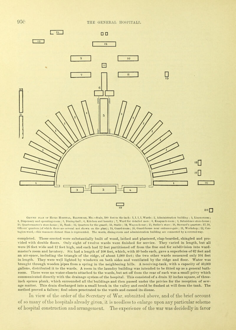 l io □ □ ia Ground plan of IIicks Hospital, Baltimore, Md.— Scale, 180 feet to the inch: 1,1,1,1, Wards ; 2, Administration building; 3, Linen-room; 4, Dispensary and operating-room ; 5, Dining-hall ; 6, Kitchen and laundry ; 7, Ward for detailed men ; 8, Ivnapsack-room ; 9, Subsistence store-house ; 10, Quartermaster’s store-house; 11, Tank ; 12, Quarters for the guard ; 13, Stable ; 14, Wagon-house ; 15, Sutler’s store; 1G, Steward’s quarters ; 17,18, Officers’ quarters (of which there are several not shown on the plan); 19, Guard-room; 20, Guard-house near entrance-gate ; 21, Workshop ; 22, Con- tagion-ward,—this was more distant than is represented. The wards, dining-room and administration building are connected by a covered-way. completed. Those erected were substantially built of wood, lathed and plastered, clap-boarded, shingled and pro- vided with double floors. Only eight of twelve wards were finished for service. They varied in length, but all were 26 feet wide and 12 feet high, and each had 12 feet partitioned oft’ from the free end for subdivision into ward- master’s room and lavatory. Six had a length of 108 feet, which, with 40 beds each, gave a superficies of 62 feet and an air-space, including the triangle of the ridge, of about 1,000 feet; the two other wards measured only 104 feet in length. They were well lighted by windows on both sides and ventilated by the ridge and floor. Water was brought through wooden pipes from a spring in the neighboring hills. A receiving-tank, with a capacity of 40,000 gallons, distributed it to the wards. A room in the laundry building was intended to be fitted up as a general batli- Toom. There were no water-closets attached to the wards, but set off from the rear of each was a small privy which communicated directly with the drainage system of the hospital. This consisted of a drain 12 inches square, of three- inch spruce plank, which surrounded all the buildings and then passed under the privies for the reception of sew- age matter. This drain discharged into a small brook in the valley and could be flushed at will from the tank. The method proved a failure; foul odors penetrated to the wards and caused its disuse. Iii view of the order of the Secretary of War, submitted above, and of the brief account of so many of the hospitals already given, it is needless to enlarge upon any particular scheme of hospital construction and arrangement. The experience of the war was decidedly in favor