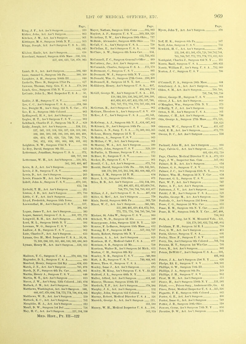 Page. King, J. F., Act. Ass’t Surgeon 333 Kirker, John, Act. Ass’t Surgeon 963 Kitchen, J. M., Act. Ass’t Surgeon 9C1 Ivittinger, M. S., Surgeon 100th N. Y 563 Klapp, Joseph, Act. Ass't Surgeon U. S. A__ 312, 833, 845 Ivluber, Emile, Act. Ass’t Surgeon 636 Kneeland, Samuel, Surgeon 45tli Mass—536, 554, 557, 606, 611, 726, 878, 963 Lamb, D. S., Act. Ass’t Surgeon 184, 449 Lane, Samuel G., Surgeon 5th Ta 360, 368 Lanphier, A. H., Surgeon 106th 111 840 Lashells, Tlieo. B., Surgeon 171st Pa 627 Lawson, Thomas, Surg. Gen. U. S. A 179,184 Leach, Geo., Surgeon 57th N. Y 626 LeConte, John L., Med. Inspector U. S. A __ 50, 954 Ledlie, J. II., Surgeon U. S. Y 963 Lee, C. C., Ass’t Surgeon U. S. A 214, 346 Lee, Dwight M., Ass't Surg. 22d N. Y. Cav— 872 Lee, E. A., Surgeon 54tli Colored 963 Leffingwell, II. S., Act. Ass't Surgeon 751 Legler, H. T., Ass’t Surgeon U. S. Y 962 Lehlbach, Charles F. J., Surgeon 7tli N. J __ 829 Leidy, Joseph, Act. Ass’t Surgeon 134, 135, 137, 341, 351, 354, 356, 357, 358, 359, 380, 384, 388, 389, 395, 396, 399, 400, 406, 408, 418, 419, 473, 620, 729, 748, 769, 778, 786, 812, 814, 816, 866, 868, 881, 882 Leighton, N. W., Surgeon 173d N. Y 693 Le Boy, David, Surgeon 9tli 111 625 Letterman, Jonathan, Surgeon IT. S. A 372, 688, 717, 908 Letterman, W. II., Act. Ass’t Surgeon 350, 353, 382, 383, 406, 407 Levis, R. J., Act. Ass't Surgeon 960 Lewis, J. B., Surgeon U. S. Y 963 Lewis, D., Act. Ass’t Surgeon 265 Lewis, Francis M., Act. Ass’t Surgeon 815 Lidell, John A., Surgeon U. S. Y 470, 580, 612, 744 Liebold, T. II., Act. Ass’t Surgeon 212 Linton, J. D., Act. Ass't Surgeon 379, 790 Little, C. F., Act. Ass’t Surgeon 355 Lloyd, Frederick, Surgeon 16tli Iowa 846 Loewenthal, H., Ass’t Surgeon U. S. Y 137, 384, 826 Logan, James T., Act. Ass’t Surgeon 383 Logan, Samuel, Surgeon C. S. A 101,171,172 Longwill, R. H., Act. Ass’t Surgeon 635, 814 Lord, M. L., Surgeon 140th N. Y 392 Lowman, W. G., Surgeon LT. S. Y 369 Ludlow, J. R., Surgeon U. S. Y 962 Lute, Charles T., Act. Ass’t Surgeon 633 Lyman, Geo. II., Med. Inspector U. S. A 56, 64, 75,169, 294, 333, 365, 486, 530, 583, 686, 903 Lyman, Henry M., Act. Ass't Surgeon 138, 312 Madison, T. C., Surgeon U. S. A 179, 6S3, 714 Magruder, D. L., Surgeon U. S. A 683 Manfred, Henry, Surgeon 22d Ivy 654, 693 Marsh, J. E., Act. Ass’t Surgeon 765, 876 Marsh, N. F., Surgeon 4th Pa. Cav 361, 961 Martin, Henry A., Surgeon U. S. Y 648 Martin, N. T., Act.-Ass’t Surgeon 813 Mason, J. AY., Ass't Surg. 12th Colored 143, 654 Matlack, J. M., Act. Ass’t Surgeon 736 Matthews, Washington, Act. Ass’t Surgeon.. 348, 666, 667, 670,694,714, 773, 774, 796, 814, 826 Matthews, W. B., Act. Ass’t Surgeon 139 Mattock, E. C., Act. Ass’t Surgeon 761 Maughlin, II. A., Act. Ass’t Surgeon 212 Man 11, D. W., Surgeon 1st Del 726 May, II. C., Act. Ass’t Surgeon 211,304,598 Med. Hist., Pt. Ill—122 Page. Mayer, Nathan, Surgeon 16th Conn 682,963 Maylert, A. P., Surgeon LT. S. Y 169,318,326 McArthur, T. W., Ass't Surgeon 39tli Ohio 717 McBride, Alexander, Surgeon 40th Ohio 713 McCall, C. A., Ass’FSurgeon U. S. A 738 McClellan, E., Ass't Surgeon U. S. A 963 McClure, A. W., Surgeon 4th Iowa Cav 154, 655,756,851 McCounell, J. C., Surgeon General’s Office 449 McCortney, Jas., Act. Ass’t Surgeon 669 McCormick, Charles, Surgeon U. S. A 175,179 McDermont, C., Surgeon U. S. Y 961 McDermott, W. J., Surgeon 66th N. Y 626 McDonald, Wm. O., Surgeon 27th Conn__250,409 McDonnell, E., Surgeon 2d N. Y. Art 806 McElderry, Henry, Ass’t Surgeon U. S. A—497, 498,506,750 McGill, George M., Ass’t Surgeon U. S. A—131, 139, 344, 350, 356, 382, 397, 398,399, 405,414,415,417,432,570,597,748, 763, 767, 772, 774, 779, 787, 816, 884 McGowan, R., Ass’t Surgeon IT. S. Y 962 McGraw, Theodore A., Ass’t Surgeon U. S. V. 818 McKee, J. C., Ass’t Surgeon LT. S. A 60,541, 673,960 McKelway, A. J., Surgeon 8th N. J 654,687,862 . McKinney, D., Ass’t Surgeon 10th Pa 368 1 McLaren, A. N.,Surg. U. S. A 75,309,363,365 j McLean, Henry, Surgeon 2d N. Y 688 McMahon, A., Surgeon U. S. Y 963 McMillan, C. W., Act. Ass’t Surgeon 961 McMurray, W. A., Act. Ass't Surgeon 390 McNult3r, John, Surgeon U. S. Y 329,330 McParlin, A. Thomas, Surgeon U. S. A 372 McRuer, D., Surgeon LT. S. V 742 Meeker, D., Surgeon U. S. Y 961 Merrill, C. L., Act. Ass’t Surgeon 671,791 Merritt, David, Surgeon 55th Pa 126,142,165, 168,179,180,181,182,184, 362, 606, 841,871 Merron, J. M., Surgeon 2d N. II 654 Meyer, L. G., Surgeon 25tli Ohio 871 Miles, B. B., Act. Ass’t Surgeon 132,134,389, 392,406,411,412,413,418,701, 768,776, 790, 794, 795, 831, 877 Milliau, J. J., Ass’t Surgeon U. S. A 487, 634 Miller, G. McC., Act. Ass't Surgeon 778 Minis, David, Surgeon 48tli Pa 363,726 Minor, W. C., Act. Ass’t Surgeon 343,349, 351, 380, 401, 419,454, 672, 769, 771, 775, 776, 784, 785, 786, 788 Mintzer, St. John W., Surgeon LT. S. Y 960 Mitchell, W. D., Surgeon 3d Ala 589 Moneypennv, John, Surgeon 123d N. Y 329 Monroe, F. LeBaron, Surgeon 15th Mass 612 Morong, E. P., Surgeon 2d Md 557,562,717 Morris, Robert, Surgeon 9th N. Y 154 Morrison, A. A., Act. Ass’t Surgeon 825 Morrison, II. C., Medical Cadet U. S. A 877 Morrison, S. B., Surgeon 2d Me 738 Morrison, Walter B., Ass’t Surgeon 3d Mich. 653 Morton, C. H., Surgeon 8th Ivy 962 Moseley, N. R., Surgeon U. S. Y 549,960 Mott, A. B., Surgeon U. S. Y 749, 844, 961 Mower, Thos. G , Surgeon U. S. A 4 683 Moxley, Isaac J., Act. Ass’t Surgeon 872 Moxley, M. King, Ass’t Surgeon U. S. Y..53, 647 Mulford, J. L., Surgeon 48tli N. Y 125 Muller, Alfred, Act. Ass’t Surgeon 651, 841 Munroe, Thomas, Surgeon 119tli 111 837 Murdoch, T. F., Act. Ass’t Surgeon 378,384 Murphy, J. A., Act. Ass’t Surgeon 132 Murphy, John, Surgeon 92d Colored 718 Murray, Robert, Medical Director LT. S. A 326 Mursick, George A., Act. Ass’t Surgeon 215, j 351,580 Mussey, W. II., Medical Inspector U. S. A 166, j 563,939 I Page. Myers, John T., Act. Ass’t Surgeon 378 Neff, II. K., Surgeon 8th Pa 367 Neill, John, Surgeon LT. S. Y 732 Newkirk, II. C., Act. Ass’t Surgeon 348, 351, 394, 413, 581, 670,726, 760,762,764, 765, 766,767, 772, 773, 774, 775, 812, 825 Nordquist, Charles J., Surgeon 83d N. Y 155 Norris, Basil, Surgeon LT. S. A 689,833 Norris, William F., Ass’t Surg. LT. S. A __732, 960 Norton, J. C., Surgeon U. S. Y 706 O’Connell, P. A., Surgeon 28th Mass 844 Octerloney, J. A., Act. Ass't Surgeon 961 Olden, S. M., Act. Ass’t Surgeon 769,789, 791,794, 795, 798 Oliver, George II., Surgeon U. S. Y 908 Oliver, J. L., Act. Ass't Surgeon 869 O’Meagher, Wm., Surgeon 37th N. Y 373 O’Reilly, T. J., Act. Ass’t Surgeon 962 Orton, S. II., Ass’t Surgeon LT. S. A 961 Osborne, C. II., Act. Ass’t Surgeon 744 Otis, George A., Surgeon 27tli Mass 373,526, 538, 624 Otterson, W. C., Surgeon LT. S. Y 411,637 Ould, E. R., Act. Ass’t Surgeon 672,771 Owens, D. C., Act. Ass’t Surgeon 114 Packard, John II., Act. Ass’t Surgeon 866 Page, Calvin G., Act. Ass't Surgeon 583,597, 601, 610, 612, 718 Page, Charles, Medical Director LT. S. A..872, 919 Page, J. W., Inspector San. Com 167,682 Palmer, B. R., Act. Ass’t Surgeon 054 Palmer, G. S., Surgeon L\ S. Y 759,962 Palmer, J. C., Ass’t Surgeon 85th N. Y 963 Palmer, Wm. H., Surgeon 3d N. Y. Cav 654 Pancoast, G. L., Surgeon U. S. Y 960 Parr, W. P., Act. Ass’t Surgeon 747 Pattee, A. F., Act. Ass’t Surgeon 840 Patterson, J. V., Act. Ass’t Surgeon 960 Patzki, J. II., Ass’t Surgeon U. S. A 521 Paullin, George M., Act. Ass’t Surgeon 746 Peabody, O., Ass’t Surgeon 23d Iowa 538 Pease, C. G., Surgeon 2d Wis. Cav 655 Pease, E. M., Surgeon 9th N. Y. Cav 215 Pease, R. W., Surgeon 10th N. Y. Cav—487,488, 756, 962 Peck, A. F., Surg. 1st N. 31. Mounted Yols__ 121, 124,179,181, 632, 752, 841,892 Peckham, F. II., Surgeon 3d R. I 718 Peer, G. W., Act. Ass’t Surgeon 415 Perin, Glover, Surgeon U. S. A 691 Perley, Thos. F., Surgeon LT. S. Y 901 Perry, Ira, Ass’t Surgeon 9tli Colored 701,702 Persons, II. T., Surgeon 1st Wis Cav 795 Peter, R., Act. Ass't Surgeon 961 Peters, DeWitt C., Ass’t Surgeon LT. S. A 391, 491,962 Peters, J. A., Ass’t Surgeon 21st N. Y 626 Phelps, Ed. E., Surgeon LT. S. Y 564,961 Phillips, G. W., Surgeon 75th 111 125 Phillips, J. A., Surgeon 9tli Pa 369 Phillips, J. H., Surgeon U. S. Y 962 Picot, 31. II., Act. Ass’t Surgeon 213 Pierce, II., Ass’t Surgeon 150tli N. Y 131,381 Pilott, , Prison Surg., Andersonville, Ga_ 42 Pineo, Peter, 3Iedical Inspector U. S. A__325, 326 Piquette, F. E., Surgeon 86tli Colored 963 Porter, G. E., Act. Ass't Surgeon 400 Porter, Isaac G., Act. Ass’t Surgeon 749 Potter, J. B., Surgeon 30th Ohio 318 Powers, Cyrus, Ass’t Surgeon 75th N. Y 850 Prentiss, D. W., Act. Ass’t Surgeon 581