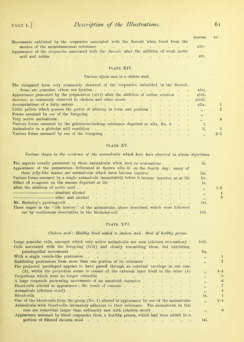 Movements exhibited by the corpuscles associated with the tiocculi when freed from the meshes of the membranaceous substance .......... xliv. Appearance of the corpmcle,^ associated with the jiocculi after the addition of weak acetic acid and iodine xlv. Plate XIV. Various objects seen in a cholera stool. The elongated form very commonly observed of the corpuscles imbedded in the flocculi Some are granular, others are hyaline Appearance presented by the preparation (xlvi) after the addition of iodine solution . Sarcince. as commonly observed in cholera and other stools Accumulations of a fatty nature Little pellets which possess the power of altering in form and position .... Forms assumed by one of the foregoing . Very active animalculse Various forms assumed by the gelatinous-looking substance depicted at xlix, No. 3. Animalculie in a globular still condition Various forms assumed by one of the foregoing ......... xlvi. xlvii. xlviii. xlix. 1. li. 5? 1 2 4 1 2-5 Plate XV. Various stages in the existence of the animalculce which have been observed in alvine dejections. The aspects usually presented by these animalculse when seen in evacuations Appearance of the preparation, delineated at figures xlix-lii on the fourth day; many of these jelly-like masses are animalculse which have become inactive ..... Various forms assumed by a single animalcule immediately before it became inactive, as at liii Effect of re-agents on the masses depicted at liii After the addition of acetic acid absolute alcohol ether and alcohol . Mr. Berkeley’s growing-cell ........ Three stages in the “ life history ” of the animalculfe, above described, which were followed out by continuous observation in the Berkeley-cell ........ lii. liii. liv. Iv. Ivi. Ivii. Plate XVI. Cholera stool: Healthy blood added to cholera stool: Stool of healthy person. Large granular cells, amongst which very active animalculse are seen (cholera evacuation) . Iviii. Cells associated with the foregoing (Iviii) and closely resembling them, but exhibiting pseudopodial movements lix. With a single vesicle-like protrusion „ Exhibiting protrusions from more than one portion of its substance „ The projected pseudopod appears to have passed through an external envelope in one case (3), whilst the projection seems to consist of the external layer itself in the other (4) ,, Projections which were no longer retractile .......... „ A large corpuscle presenting movements of an amoeboid character ...... ,, Blood-cells altered in appearance ; the result of osmosis ........ „ Animalcule (cholera stool) „ Blood-cells lx. One of the blood-cells from the group (No. 1) altered in appearance by one of the animalcules „ Animalculee with blood-cells intimately adherent to their substance. The animalculEe in this case are somewhat larger than ordinarily met -with (cholera stool) „ Appearance assumed by blood corpuscles from a healthy person, which had been added to a portion of filtered cholera stool Ixi. 1 2 3-4 5 6 7 8 1 2-4 5