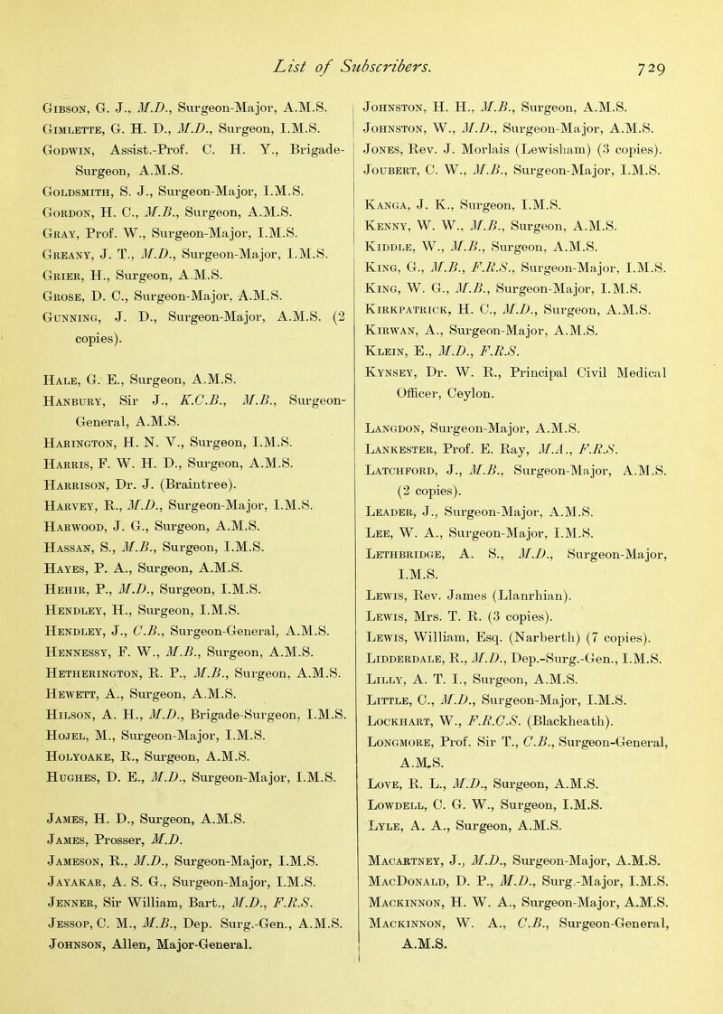 Gibson, G. J., M.D., Surgeon-Major, A.M.S. j Gimlette, G. H. D., M.D., Surgeon, I.M.S. j Godwin, Assist.-Prof. C. H. Y., Brigade- Surgeon, A.M.S. Goldsmith, S. J., Surgeon-Major, I.M.S. Gordon, H. C., M.B., Surgeon, A.M.S. Gray, Prof. W., Surgeon-Major, I.M.S. Greany, j. T., M.D., Surgeon-Major, I.M.S. Grier, H., Surgeon, A.M.S. Grose, D. 0., Surgeon-Major, A.M.S. Gunning, J. D., Surgeon-Major, A.M.S. (2 copies). Hale, G. E., Surgeon, A.M.S. Hanbury, Sir J., K.G.B., M.B., Surgeon- General, A.M.S. Harington, H. N. V., Surgeon, I.M.S. Harris, F. W. H. D., Surgeon, A.M.S. Harrison, Dr. J. (Braintree). Harvey, R., M.D., Surgeon-Major, I.M.S. Harwood, J. G., Sui-geon, A.M.S. Hassan, S., M.B., Surgeon, I.M.S. Hayes, P. A., Surgeon, A.M.S. Hehir, P., M.D., Surgeon, I.M.S. Hendley, H., Surgeon, I.M.S. Hendley, j., G.B., Surgeon-General, A.M.S. Hennessy, F. W., M.B., Surgeon, A.M.S. Hetherington, E,. P., M.B., Surgeon, A.M.S. Hewett, a.. Surgeon, A.M.S. Hilson, a. H., M.D., Brigade-Surgeon, I.M.S. Hojel, M., Surgeon-Major, I.M.S. Holyoake, R., Surgeon, A.M.S. Hughes, D. E., M.D., Surgeon-Major, I.M.S. James, H. D., Surgeon, A.M.S. James, Prosser, M.D. Jameson, R., M.D., Surgeon-Major, I.M.S. Jayakar, a. S. G., Surgeon-Major, I.M.S. Jenner, Sir William, Bart., M.D., F.R.S. Jessop, C. M., M.B., Dep. Surg.-Gen., A.M.S. Johnson, Allen, Major-General. Johnston, H. H., M.B., Surgeon, A.M.S. Johnston, W., M.D., Surgeon-Major, A.M.S. Jones, Rev. J. Moidais (Lewisham) (3 copies). JouBERT, C. W., 21.B., Surgeon-Major, I.M.S. Kanga, j. K., Surgeon, I.M.S. Kenny, W. W., 21.B., Surgeon, A.M.S. Kiddle, W., 21.B., Surgeon, A.M.S. King, G., 21.B., F.R.S., Surgeon-Major, I.M.S. King, W. G., 2I.B., Surgeon-Major, I.M.S. Kirkpatrick, H. C., M.D., Surgeon, A.M.S. Kirwan, a., Surgeon-Major, A.M.S. Klein, E., 2I.D., F.R.S. Kynsey, Dr. W. R., Principal Civil Medical Officer, Ceylon. Langdon, Surgeon-Major, A.M.S. Lankester, Prof. E. Ray, 21.A., F.R.S. Latchford, j., 2I.B., Surgeon-Major, A.M.S. (2 copies). Leader, J., Surgeon-Major, A.M.S. Lee, W. a., Surgeon-Major, I.M.S. Lethbridge, A. S., J/.D., Surgeon-Major, I.M.S. Lewis, Rev. James (Llanrhian). Lewis, Mrs. T. R. (3 copies). Lewis, William, Esq. (Narberth) (7 copies). Lidderdale, R., 2£.D., Dep.-Surg.-Gen., I.M.S. Lilly, A. T. I., Surgeon, A.M.S. Little, C., 2I.D., Surgeon-Major, I.M.S. Lockhart, W., F.R.G.S. (Blackheath). Longmore, Prof. Sir T., C.B., Surgeon-General, A.M,S. Love, R. L., M.D., Surgeon, A.M.S. Lowdell, C. G. W., Surgeon, I.M.S. Lyle, A. A., Surgeon, A.M.S. Macartney, J., 2f.D., Surgeon-Major, A.M.S. MacDonald, D. P., M.D., Surg.-Major, I.M.S. Mackinnon, H. W. a., Surgeon-Major, A.M.S. Mackinnon, W. a., G.B., Surgeon-General, A.M.S.