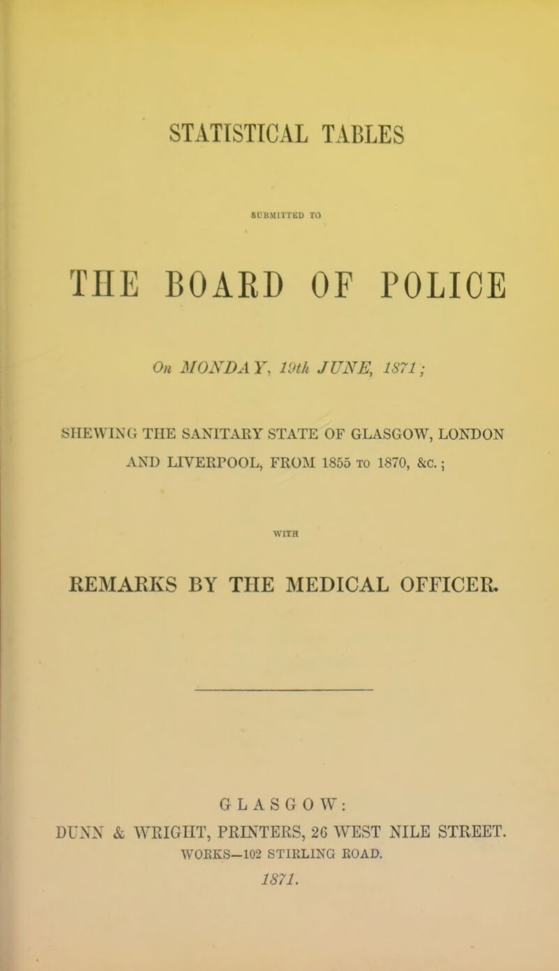 STATISTICAL TABLES SUBMITTED TO THE BOARD OF POLICE On MON DA Y, 19th JUNE, 1S71; SHEWING TIIE SANITARY STATE OF GLASGOW, LONDON AND LIVERPOOL, FROM 1855 to 1870, &c.; WITH REMARKS BY TIIE MEDICAL OFFICER. GLASGOW: DUNN & WRIGIIT, PRINTERS, 2G WrEST NILE STREET. WORKS—102 STIRLING ROAD. 1871.