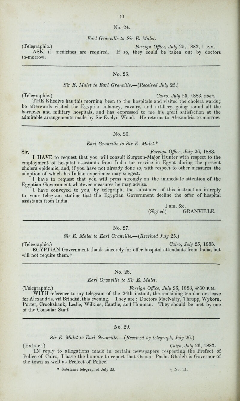 No. 24. Earl Granville to Sir E. Malet. (Telegraphic.) Foreign Office, July 25, 1883, l p.m. ASK if medicines are required. If so, they could be taken out by doctors to-morrow. No. 25. Sir E. Malet to Earl Granville.-—(Received July 25.) (Telegraphic.) Cairo, July 25, 1883, noon. THE Khedive has this morning been to the hospitals and visited the cholera wards ; he afterwards visited the Egyptian infantry, cavalry, and artillery, going round all the barracks and military hospitals, and has expressed to me his great satisfaction at the admirable arrangements made by Sir Evelyn Wood. He returns to Alexandria to-morrow. No. 26. Earl Granville to Sir E. Malet * * Sir, Foreign Office, July 26, 1883. I HAVE to request that you will consult Surgeon-Major Hunter with respect to the employment of hospital assistants from India for service in Egypt daring the present cholera epidemic, and, if you have not already done so, with respect to other measures the adoption of wThich his Indian experience may suggest. I have to request that you will press strongly on the immediate attention of the Egyptian Government whatever measures he may advise. I have conveyed to you, by telegraph, the substance of this instruction in reply to your telegram stating that the Egyptian Government decline the offer of hospital assistants from India. I am, &c. (Signed) GRANVILLE. No. 27. Sir E. Malet to Earl Granville.—(Received July 25.) (Telegraphic.) Cairo, July 25, 1883. EGYPTIAN Government thank sincerely for offer hospital attendants from India, but will not require them.f No. 28. Earl Granville to Sir E. Malet. (Telegraphic.) Foreign Office, July 26, 1883, 4’30 p.m. WITH reference to my telegram of the 24th instant, the remaining ten doctors leave for Alexandria, via Brindisi, this evening. They are : Doctors MacNalty, Thrupp, Wyborn, Porter, Crookshank, Leslie, Wilkins, Cantlie, and Honman. They should be met by one of the Consular Staff. No. 29. Sir E. Malet to Earl Granville.—(Received by telegraph, July 26.) (Extract.) Cairo, July 26, 1883. IN reply to allegations made in certain newspapers respecting the Prefect of Police of Cairo, I have the honour to report that Osman Pasha Ghaleb is Governor of the town as well as Prefect of Police. * Substance telegraphed July 25, t No. 15.