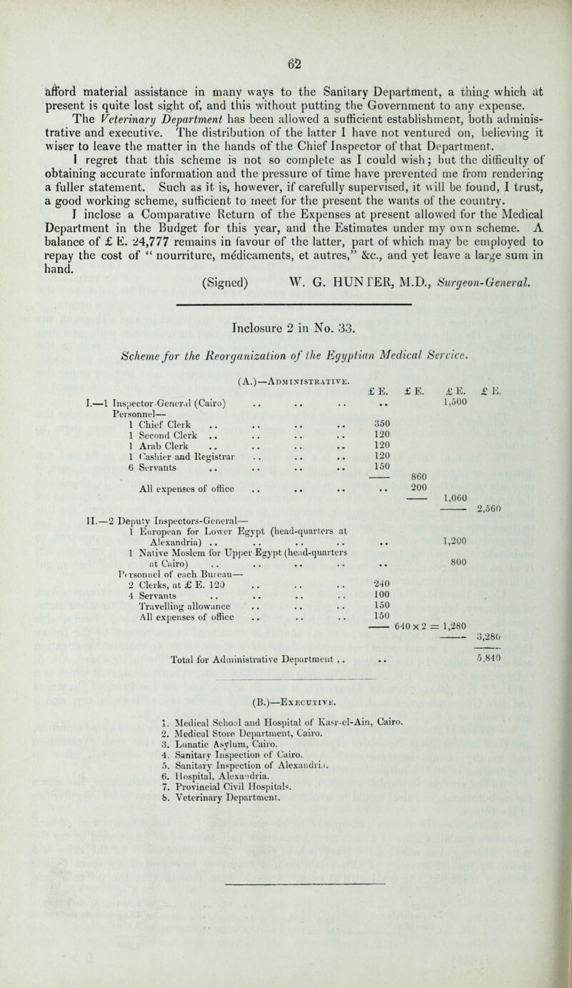 afford material assistance in many ways to the Sanitary Department, a thing which at present is quite lost sight of, and this without putting the Government to any expense. The Veterinary Department has been allowed a sufficient establishment, both adminis- trative and executive. The distribution of the latter 1 have not ventured on, believing it wiser to leave the matter in the hands of the Chief Inspector of that Department. I regret that this scheme is not so complete as I could wish; but the difficulty of obtaining accurate information and the pressure of time have prevented me from rendering a fuller statement. Such as it is, however, if carefully supervised, it will be found, I trust, a good working scheme, sufficient to meet for the present the wants of the country. I inclose a Comparative Return of the Expenses at present allowed for the Medical Department in the Budget for this year, and the Estimates under my own scheme. A balance of £ E. 24,777 remains in favour of the latter, part of which may be employed to repay the cost of “ nourriture, medicaments, et autres,” &c., and yet leave a large sum in hand. (Signed) W. G. HUN TER, M.D., Surgeon-General. Inclosure 2 in No. 33. Scheme for the Reorganization of the Egyptian Medical Service. (A.)—Administrative. 1 Inspector General (Cairo) £ E. Personnel— 1 Chief Clerk 350 1 Second Clerk 120 1 Arab Clerk , . 120 1 Cashier and Registrar 120 6 Servants . , 150 860 All expenses of office .. .. .. . • 200 £E. 1,500 1,060 II. — 2 Deputy Inspectors-General— 1 European for Lower Egypt (head-quarters at Alexandria) .. 1 Native Moslem for Upper Egypt (head-quarters at Cairo) Personnel of each Bureau— 2 Clerks, at £ E. 120 -1 Servants Travelling allowance All expenses of office 1,200 800 240 100 150 150 = 1,280 £ E. 2,560 3,280 Total for Administrative Department .. 5.840 (B.)—Executive. 1. Medical School and Hospital of Kasr-el-Ain, Cairo. 2. Medical Store Department, Cairo. 3. Lunatic Asylum, Cairo. 4. Sanitary Inspection of Cairo. 5. Sanitary Inspection of Alexandria. 6. Hospital, Alexandria. 7. Provincial Civil Hospitals, b. Veterinary Department.