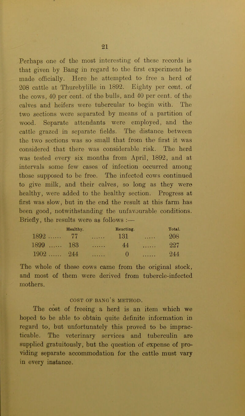 Perhaps one of the most interesting of these records is that given by Bang in regard to the first experiment he made officially. Here he attempted to free a herd of 208 cattle at Thurebylille in 1892. Eighty per cent, of the cows, 40 per cent, of the bulls, and 40 per cent, of the calves and heifers were tubercular to begin with. The two sections were separated by means of a partition of wood. Separate attendants were employed, and the cattle grazed in separate fields. The distance between the two sections was so small that from the first it was considered that there was considerable risk. The herd was tested every six months from April, 1892, and at intervals some few cases of infection occurred among those supposed to be free. The infected cows continued to give milk, and their calves, so long as they were healthy, were added to the healthy section. Progress at first was slow, but in the end the result at this farm has been good, notwithstanding the unfavourable conditions. Briefly, the results were as follows :— Healthy. Reacting. Total. 1892 .... .. 77 131 208 1899 .... ... 183 44 227 1902 .... ... 244 0 244 The whole of these cows came from the original stock, and most of them were derived from tubercle-infected mothers. COST OF BANG’S METHOD. * - The cost of freeing a herd is an item which we hoped to be able to obtain quite definite information in regard to, but unfortunately this proved to be imprac- ticable. The veterinary services and tuberculin are supplied gratuitously, but the question of e'xpense of pro- viding separate accommodation for the cattle must vary in every instance.