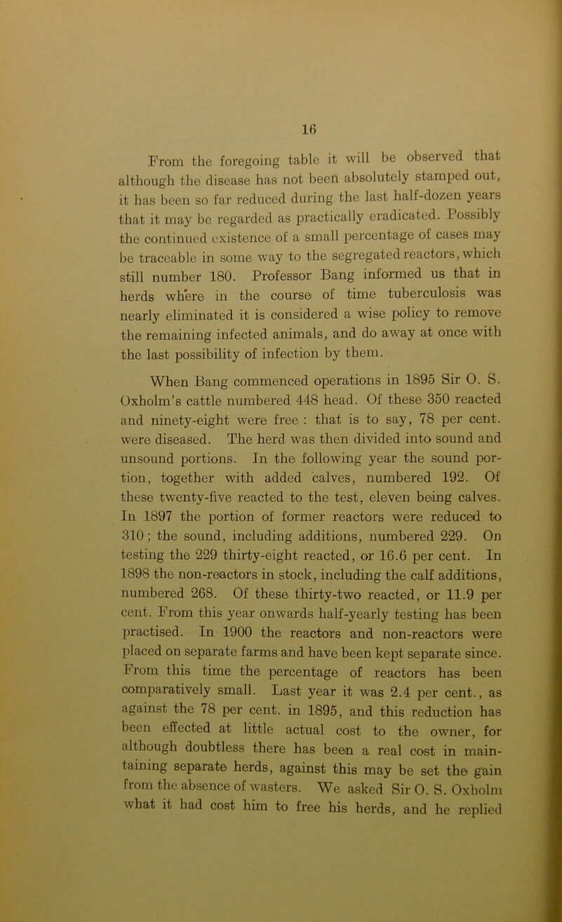 From the foregoing table it will be observed that although the disease has not been absolutely stamped out, it has been so far reduced during the last half-dozen yeais that it may be regarded as practically eradicated. Possibly the continued existence of a small percentage of cases may be traceable in some way to the segregated reactors, which still number 180. Professor Bang informed us that in herds where in the course of time tuberculosis was nearly eliminated it is considered a wise policy to remove the remaining infected animals, and do away at once with the last possibility of infection by them. When Bang commenced operations in 1895 Sir 0. S. Oxholm’s cattle numbered 448 head. Of these 350 reacted and ninety-eight were free : that is to say, 78 per cent, were diseased. The herd was then divided into sound and unsound portions. In the following year the sound por- tion, together with added calves, numbered 192. Of these twenty-five reacted to the test, eleven being calves. In 1897 the portion of former reactors were reduced to 310; the sound, including additions, numbered 229. On testing the 229 thirty-eight reacted, or 16.6 per cent. In 1898 the non-reactors in stock, including the calf additions, numbered 268. Of these thirty-two reacted, or 11.9 per cent. From this year onwards half-yearly testing has been practised. In 1900 the reactors and non-reactors were placed on separate farms and have been kept separate since. From this time the percentage of reactors has been comparatively small. Last year it was 2.4 per cent., as against the 78 per cent, in 1895, and this reduction has been effected at little actual cost to the owner, for although doubtless there has been a real cost in main- taining separate herds, against this may be set the gain from the absence of wasters. We asked Sir O. S. Oxholm what it had cost him to free his herds, and he replied