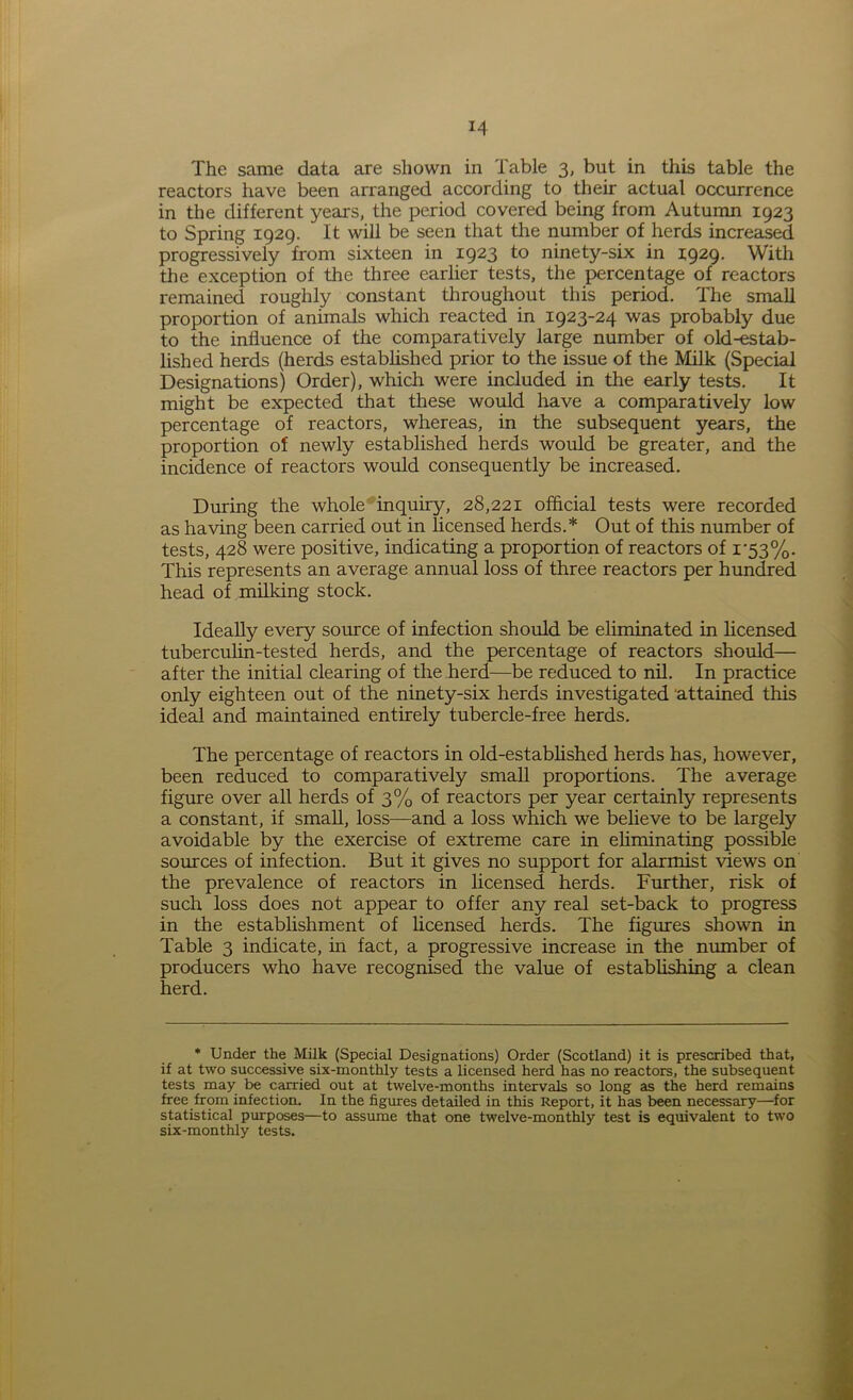 The same data are shown in Table 3, but in this table the reactors have been arranged according to their actual occurrence in the different years, the period covered being from Autumn 1923 to Spring 1929. It will be seen that the number of herds increased progressively from sixteen in 1923 to ninety-six in 1929. With the exception of the three earlier tests, the percentage of reactors remained roughly constant throughout this period. The small proportion of animals which reacted in 1923-24 was probably due to the influence of the comparatively large number of old-estab- lished herds (herds established prior to the issue of the Milk (Special Designations) Order), which were included in the early tests. It might be expected that these would have a comparatively low percentage of reactors, whereas, in the subsequent years, the proportion of newly established herds would be greater, and the incidence of reactors would consequently be increased. During the whole inquiry, 28,221 official tests were recorded as having been carried out in licensed herds.* Out of this number of tests, 428 were positive, indicating a proportion of reactors of i‘53%. This represents an average annual loss of three reactors per hundred head of milking stock. Ideally every source of infection should be eliminated in licensed tuberculin-tested herds, and the percentage of reactors should— after the initial clearing of the herd—be reduced to nil. In practice only eighteen out of the ninety-six herds investigated attained this ideal and maintained entirely tubercle-free herds. The percentage of reactors in old-established herds has, however, been reduced to comparatively small proportions. The average figure over all herds of 3% of reactors per year certainly represents a constant, if small, loss—and a loss which we believe to be largely avoidable by the exercise of extreme care in eliminating possible sources of infection. But it gives no support for alarmist views on the prevalence of reactors in licensed herds. Further, risk of such loss does not appear to offer any real set-back to progress in the establishment of licensed herds. The figures shown in Table 3 indicate, in fact, a progressive increase in the number of producers who have recognised the value of establishing a clean herd. * Under the Milk (Special Designations) Order (Scotland) it is prescribed that, if at two successive six-monthly tests a licensed herd has no reactors, the subsequent tests may be carried out at twelve-months intervals so long as the herd remains free from infection. In the figures detailed in this Report, it has been necessary—for statistical purposes—to assume that one twelve-monthly test is equivalent to two six-monthly tests.