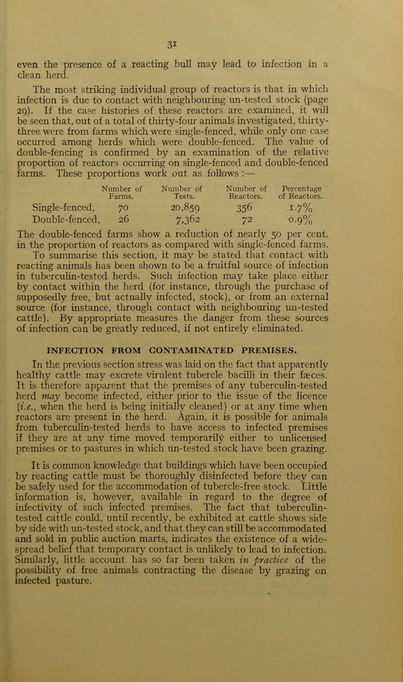 even the presence of a reacting bull may lead to infection in a clean herd. The most striking individual group of reactors is that in which infection is due to contact with neighbouring un-tested stock (page 29). If the case histories of these reactors are examined, it will be seen that, out of a total of thirty-four animals investigated, thirty- three were from farms which were single-fenced, while only one case occurred among herds which were double-fenced. The value of double-fencing is confirmed by an examination of the relative proportion of reactors occurring on single-fenced and double-fenced farms. These proportions work out as follows :— Number of Number of Farms. Tests. Single-fenced, 70 20,859 Double-fenced, 26 7,362 Number of Percentage Reactors. of Reactors. 356 . 1-7% 72 0.9% The double-fenced farms show a reduction of nearly 50 per cent, in the proportion of reactors as compared with single-fenced farms. To summarise this section, it may be stated that contact with reacting animals has been shown to be a fruitful source of infection in tuberculin-tested herds. Such infection may take place either by contact within the herd (for instance, through the purchase of supposedly free, but actually infected, stock), or from an external source (for instance, through contact with neighbouring un-tested cattle). By appropriate measures the danger from these sources of infection can be greatly reduced, if not entirely eliminated. INFECTION FROM CONTAMINATED PREMISES. In the previous section stress was laid on the fact that apparently healthy cattle may excrete virulent tubercle bacilli in their fasces. It is therefore apparent that the premises of any tuberculin-tested herd may become infected, either prior to the issue of the licence (i.e., when the herd is being initially cleaned) or at any time when reactors are present in the herd. Again, it is possible for animals from tuberculin-tested herds to have access to infected premises if they are at any time moved temporarily either to unlicensed premises or to pastures in which un-tested stock have been grazing. It is common knowledge that buildings which have been occupied by reacting cattle must be thoroughly disinfected before they can be safely used for the accommodation of tubercle-free stock. Little information is, however, available in regard to the degree of infectivity of such infected premises. The fact that tuberculin- tested cattle could, until recently, be exhibited at cattle shows side by side with un-tested stock, and that they can still be accommodated and sold in public auction marts, indicates the existence of a wide- spread belief that temporary contact is unlikely to lead to infection. Similarly, little account has so far been taken in practice of the possibility of free animals contracting the disease by grazing on infected pasture.