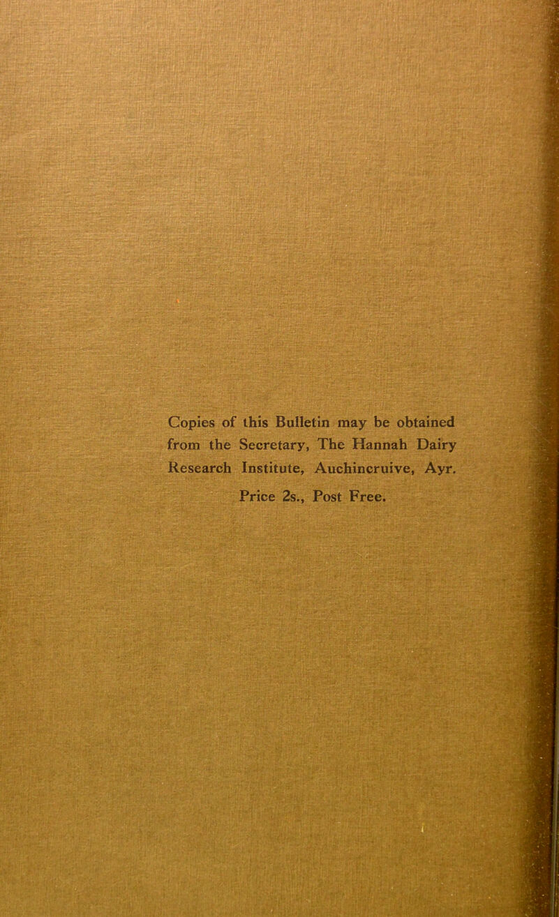 Copies of this Bulletin may be obtained from the Secretary, The Hannah Dairy Research Institute, Auchincruive, Ayr. Price 2s., Post Free.