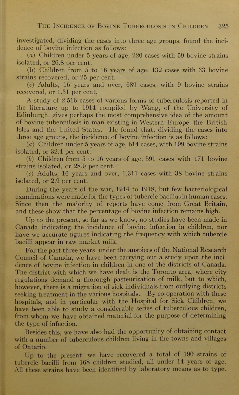 investigated, dividing the cases into three age groups, found the inci- dence of bovine infection as follows: (a) Children under 5 years of age, 220 cases with 59 bovine strains isolated, or 26.8 per cent. (b) Children from 5 to 16 years of age, 132 cases with 33 bovine strains recovered, or 25 per cent. (c) Adults, 16 years and over, 689 cases, with 9 bovine strains recovered, or 1.31 per cent. A study of 2,516 cases of various forms of tuberculosis reported in the literature up to 1914 compiled by Wang, of the University of Edinburgh, gives perhaps the most comprehensive idea of the amount of bovine tuberculosis in man existing in Western Europe, the British Isles and the United States. He found that, dividing the cases into three age groups, the incidence of bovine infection is as follows: (a) Children under 5 years of age, 614 cases, with 199 bovine strains isolated, or 32.4 per cent. (b) Children from 5 to 16 years of age, 591 cases with 171 bovine strains isolated, or 28.9 per cent. (c) Adults, 16 years and over, 1,311 cases with 38 bovine strains isolated, or 2.9 per cent. During the years of the war, 1914 to 1918, but few bacteriological examinations were made for the types of tubercle bacillus in human cases. Since then the majority of reports have come from Great Britain, and these show that the percentage of bovine infection remains high. Up to the present, so far as we know, no studies have been made in Canada indicating the incidence of bovine infection in children, nor have we accurate figures indicating the frequency with which tubercle bacilli appear in raw market milk. For the past three years, under the auspices of the National Research Council of Canada, we have been carrying out a study upon the inci- dence of bovine infection in children in one of the districts of Canada. The district with which we have dealt is the Toronto area, where city regulations demand a thorough pasteurization of milk, but to which, however, there is a migration of sick individuals from outlying districts seeking treatment in the various hospitals. By co-operation with these hospitals, and in particular with the Hospital for Sick Children, we have been able to study a considerable series of tuberculous children, from whom we have obtained material for the purpose of determining the type of infection. Besides this, we have also had the opportunity of obtaining contact with a number of tuberculous children living in the towns and villages of Ontario. Up to the present, we have recovered a total of 190 strains of tubercle bacilli from 168 children studied, all under 14 years of age. All these strains have been identified by laboratory means as to type.