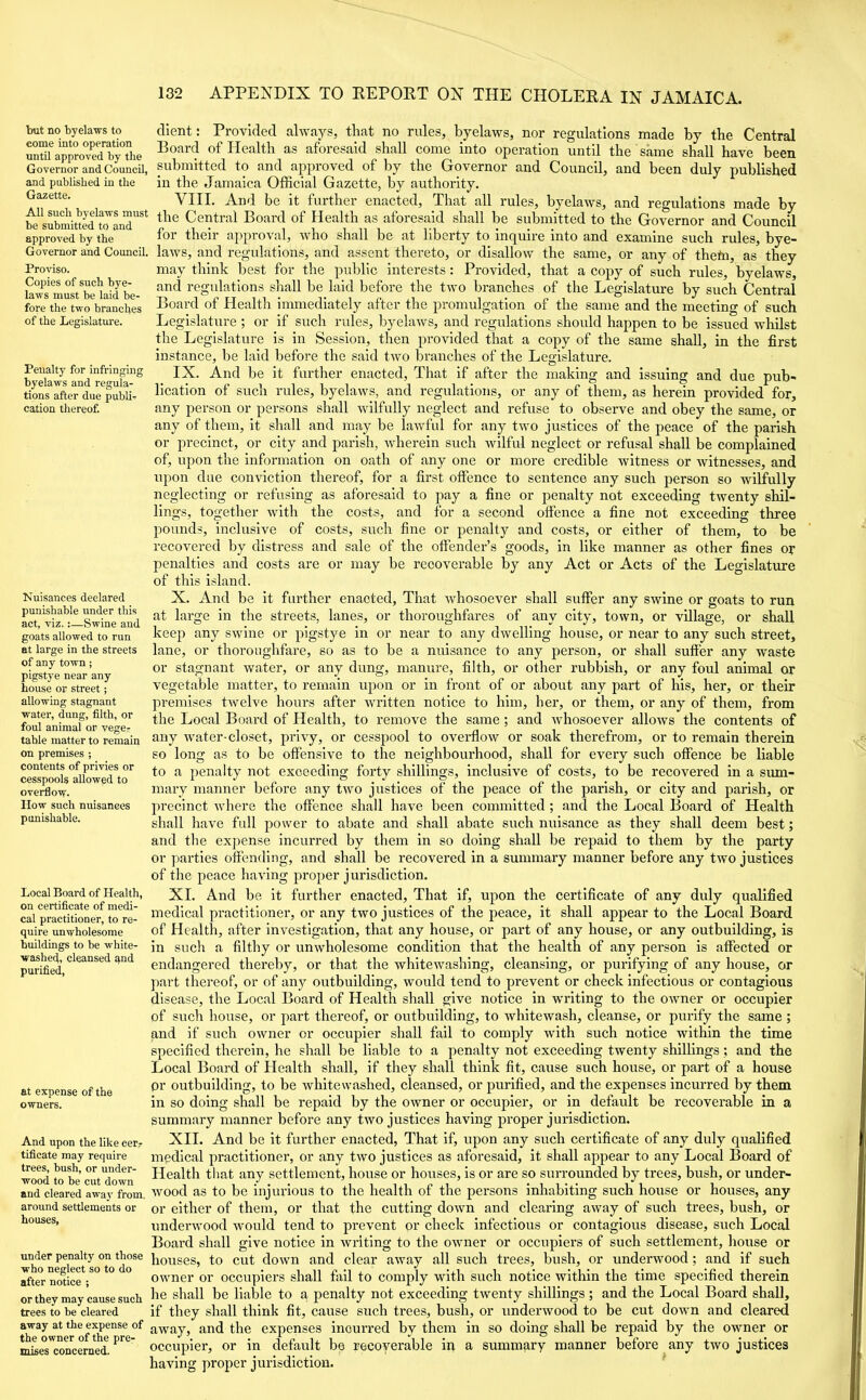 but no byelaws to come into operation until approved by the Governor and Council, and published in the Gazette. All such byelaws must be submitted to and approved by the Governor and Council. Proviso. Copies of such bye- laws must be laid be- fore the two branches of the Legislature. Penalty for infringing byelaws and regula- tions after due publi- cation thereof. client: Provided always, that no rules, byelaws, nor regulations made by the Central Board of Health as aforesaid shall come into operation until the same shall have been submitted to and approved of by the Governor and Council, and been duly published in the Jamaica Official Gazette, by authority. VIII. And be it further enacted. That all rules, byelaws, and regulations made by the Central Board of Health as aforesaid shall be submitted to the Governor and Council for their approval, who shall be at liberty to inquire into and examine such rules, bye- laws, and regulations, and assent thereto, or disallow the same, or any of theta, as they may think best for the public interests: Provided, that a copy of such rules, byelaws, and regulations shall be laid before the two branches of the Legislature by such Central Board of Health immediately after the promulgation of the same and the meeting of such Legislature ; or if such rules, byelaws, and regulations should happen to be issued whilst the Legislature is in Session, then provided that a copy of the same shall, in the first instance, be laid before the said two branches of the Legislature. IX. And be it further enacted, That if after the making and issuing and due pub- lication of such rules, byelaws, and regulations, or any of them, as herein provided for, any person or persons shall wilfully neglect and refuse to observe and obey the same, or any of them, it shall and may be lawful for any two justices of the peace of the parish or precinct, or city and parish, wherein such wilful neglect or refusal shall be complained of, upon the information on oath of any one or more credible witness or witnesses, and upon due conviction thereof, for a first offence to sentence any such person so wilfully neglecting or refusing as aforesaid to pay a fine or penalty not exceeding twenty shil- lings, together with the costs, and for a second offence a fine not exceeding three pounds, inclusive of costs, such fine or penalty and costs, or either of them, to be recovered by distress and sale of the offender’s goods, in like manner as other fines or penalties and costs are or may be recoverable by any Act or Acts of the Legislature of this island. Nuisances declared punishable under this act, viz.:—Swine and goats allowed to run at large in the streets of any town; pigstye near any house or street; allowing stagnant water, dung, filth, or foul animal or vege- table matter to remain on premises ; contents of privies or cesspools allowed to overflow. How such nuisances punishable. Local Board of Health, on certificate of medi- cal practitioner, to re- quire unwholesome buildings to be white- washed, cleansed qnd purified, at expense of the owners. And upon the like cer- tificate may require trees, bush, or under- wood to be cut down and cleared away from, around settlements or houses. under penalty on those who neglect so to do after notice ; or they may cause such trees to be cleared away at the expense of the owner of the pre- mises concerned. X. And be it further enacted. That whosoever shall suffer any swine or goats to run at large in the streets, lanes, or thoroughfares of any city, town, or village, or shall keep any swine or pigstye in or near to any dwelling house, or near to any such street, lane, or thoroughfare, so as to be a nuisance to any person, or shall suffer any waste or stagnant water, or any dung, manure, filth, or other rubbish, or any foul animal or vegetable matter, to remain upon or in front of or about any part of his, her, or their premises twelve hours after written notice to him, her, or them, or any of them, from the Local Board of Health, to remove the same ; and whosoever allows the contents of any water-closet, privy, or cesspool to overflow or soak therefrom, or to remain therein so long as to be offensive to the neighbourhood, shall for every such offence be liable to a penalty not exceeding forty shillings, inclusive of costs, to be recovered in a sum- mary manner before any two justices of the peace of the parish, or city and parish, or precinct where the offence shall have been committed ; and the Local Board of Health shall have full power to abate and shall abate such nuisance as they shall deem best; and the expense incurred by them in so doing shall be repaid to them by the party or parties offending, and shall be recovered in a summary manner before any two justices of the peace having proper jurisdiction. XI. And be it further enacted, That if, upon the certificate of any duly qualified medical practitioner, or any two justices of the peace, it shall appear to the Local Board of Health, after investigation, that any house, or part of any house, or any outbuilding, is in such a filthy or unwholesome condition that the health of any person is affected or endangered thereby, or that the whitewashing, cleansing, or purifying of any house, or part thereof, or of any outbuilding, would tend to prevent or check infectious or contagious disease, the Local Board of Health shall give notice in writing to the owner or occupier of such house, or part thereof, or outbuilding, to whitewash, cleanse, or purify the same; and if such owner or occupier shall fail to comply with such notice within the time specified therein, he shall be liable to a penalty not exceeding twenty shillings; and the Local Board of Health shall, if they shall think fit, cause such house, or part of a house pr outbuilding, to be whitewashed, cleansed, or purified, and the expenses incurred by them in so doing shall be repaid by the owner or occupier, or in default be recoverable in a summary manner before any two justices having proper jurisdiction. XII. And be it further enacted, That if, upon any such certificate of any duly qualified medical practitioner, or any two justices as aforesaid, it shall appear to any Local Board of Health that any settlement, house or houses, is or are so surrounded by ti’ees, bush, or under- wood as to be injurious to the health of the persons inhabiting such house or houses, any or either of them, or that the cutting down and clearing away of such trees, bush, or underwood would tend to prevent or check infectious or contagious disease, such Local Board shall give notice in writing to the owner or occupiers of such settlement, house or houses, to cut down and clear away all such trees, bush, or underwood; and if such owner or occupiers shall fail to comply with such notice within the time specified therein he shall be liable to a penalty not exceeding twenty shillings; and the Local Board shall, if they shall think fit, cause such trees, bush, or underwood to be cut down and cleared away, and the expenses incurred by them in so doing shall be repaid by the owner or occupier, or in default be recoverable in a summary manner before any two justices having proper jurisdiction.