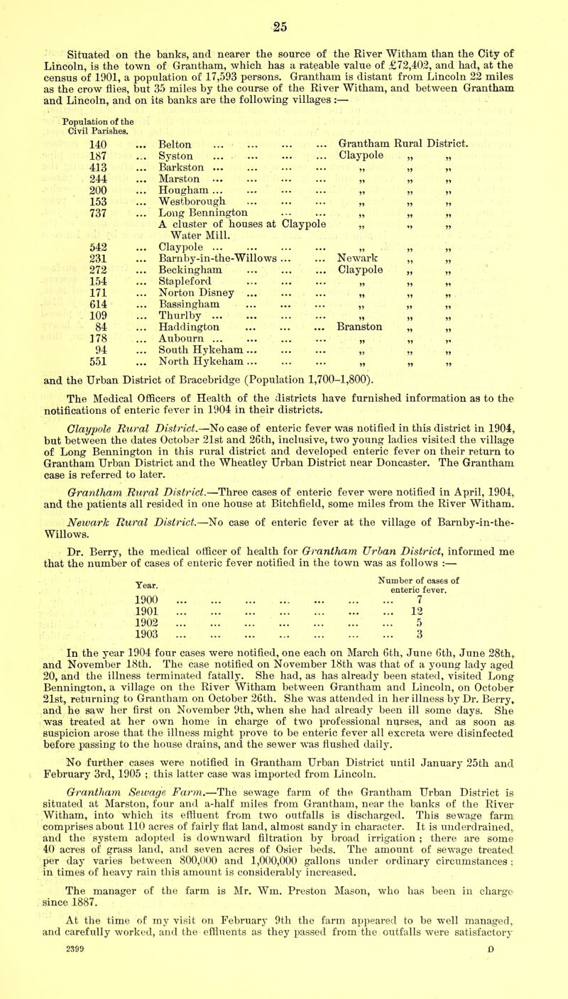 Situated on the banks, and nearer the source of the River Witham than the City of Lincoln, is the town of Grantham, which has a rateable value of £72,402, and had, at the census of 1901, a population of 17,593 persons. Grantham is distant from Lincoln 22 miles as the crow flies, but 35 miles by the course of the River Witham, and between Grantham and Lincoln, and on its banks are the following villages :— Population of the Civil Parishes. 140 Belton ... Grantham Rural District 187 Syston ... Claypole 33 33 413 Barkston ... ,, 33 33 244 Marston ... 33 3? 33 200 Hougham ... ... ,, 33 33 153 Westborough ... 33 33 737 Long Bennington ... ,, 33 33 A cluster of houses at Claypole „ V 33 Water Mill. 542 Claypole ... ... 33 33 33 231 Barnby-in-the-Willows ... ... Newark 33 33 272 Beckingham ... Claypole 33 33 154 Stapleford ... „ 33 33 171 Norton Disney ... ... 33 33 33 614 Bassingham ... ,, 33 33 109 Thurlby ... ... 33 33 33 84 Haddington ... Branston 33 33 178 Aubourn ... ... „ 33 33 94 South Hykeham ... ... ,9 33 33 551 North Hykeham ... ... 33 33 33 and the Urban District of Bracebridge (Population 1,700-1,800). The Medical Officers of Health of the districts have furnished information as to the notifications of enteric fever in 1904 in their districts. Claypole Rural District.—No case of enteric fever was notified in this district in 1904, but between the dates October 21st and 26th, inclusive, two young ladies visited the village of Long Bennington in this rural district and developed enteric fever on their return to Grantham Urban District and the Wheatley Urban District near Doncaster. The Grantham case is referred to later. Grantham Rural District.—Three cases of enteric fever were notified in April, 1904, and the patients all resided in one house at Bitchfield, some miles from the River Witham. Newark Rural District.—No case of enteric fever at the village of Barnby-in-the- Willows. Dr. Berry, the medical officer of health for Grantham Urban District, informed me that the number of cases of enteric fever notified in the town was as follows :— Year. 1900 1901 1902 1903 Number of cases of enteric fever. 7 ... 12 5 3 In the year 1904 four cases were notified, one each on March 6th, June 6th, June 28th,. and November 18th. The case notified on November 18th was that of a young lady aged 20, and the illness terminated fatally. She had, as has already been stated, visited Long Bennington, a village on the River Witham between Grantham and Lincoln, on October 21st, returning to Grantham on October 26th. She was attended in her illness by Dr. Berry, and he saw her first on November 9th, when she had already been ill some days. She was treated at her own home in charge of two professional nurses, and as soon as suspicion arose that the illness might prove to be enteric fever all excreta were disinfected before passing to the house drains, and the sewer was flushed daily. No further cases were notified in Grantham Urban District until January 25th and February 3rd, 1905 ; this latter case was imported from Lincoln. Grantham Sewage Farm.—The sewage farm of the Grantham Urban District is situated at Marston, four and a-half miles from Grantham, near the banks of the River Witham, into which its effluent from two outfalls is discharged. This sewage farm comprises about 110 acres of fairly flat land, almost sandy in character. It is underdrained, and the system adopted is downward filtration by broad irrigation ; there are some 40 acres of grass land, and seven acres of Osier beds. The amount of sewage treated per day varies between 800,000 and 1,000,000 gallons under ordinary circumstances ; in times of heavy rain this amount is considerably increased. The manager of the farm is Mr. Wm. Preston Mason, who has been in charge since 1887. At the time of my visit on February 9th the farm appeared to be well managed, and carefully worked, and the effluents as they passed from the outfalls were satisfactory 2399 D