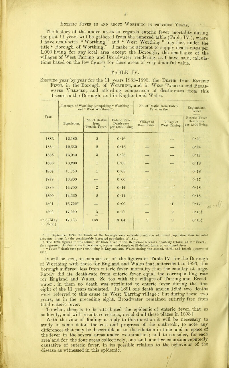 The history of the above areas as regards enteric fever mortality durino- the past 11 years will be gathered from the annexed table (Table IV.), where I have dealt with “Worthing” and “ West Worthing” together, under the title “ Borough of Worthing.” I make no attempt to supply death-rates per 1,000 living for any local area except the Borough; the small size of the •villages of West Tarring and Broadwater rendering, as I have said, calcula- tions based on the few figures for these areas of very doubtful value. TABLE IV. Showing year by year for the 11 years 1883-1893, the Deaths from Enteric Fever in the Borough of Worthing, and in West Tarring and Broad- water Villages; and affording comparison of death-rates from this disease in the Borough, and in England and Wales. /Borough of Worthing (comprising “ Worthing ” and “ West Worthing ”). No. of Deaths from Enteric Fever in the England an d Wales. Year. Population. No. of Deaths from ^Enteric Fever. Enteric Fever Death-rate per 1,000 living Village of Broadwater. Village of West Tarring. Enteric Fever Death-rate per 1,000 living. 1883 12,180 2 0-16 — 0-23 1884 12,650 2 0-16 — — O'24 1885 13,040 3 0-23 — — 0-17 1886 13,200 1 0-08 — — 0-18 1887 13,350 1 0-08 — — 0-18 1888 13,800 — o-oo 0-17 1889 14,200 n 0-14 0-18 1890 14,650 2 0-14 — 0-18 1891 16,722* — o-oo 1 0-17 1892 17,220 3  76 0-17 — 2 O' lof 1893 (May to Nov.) 17,433 168 9-64 ! 1 9 9 0-16+ * In September 1890, the limits of the borough were extended, and the additional population thus included accounts in part for the considerably increased population of 1891. t The 1892 figures in this column are those given in the Registrar-General’s quarterly returns as to “Fever; ” they represent the death-rate from enteric, typhus, and simple or ill-defined forms of continued fever. + “Fever ” death-rate per 1,000 living in England and Wales during the second, third, and fourth quarters of 1893. It will be seen, on comparison of the figures in Table IV. for the Borough of Worthing with those for England and Wales that, antecedent to 1893, this borough suffered less from enteric fever mortality than the country at large. Barely did its death-rate from enteric fever equal the corresponding rate for England and Wales. So too with the villages of Tarring and Broad- water ; in them no death was attributed to enteric fever during the first eight of the 11 years tabulated. In 1891 one death and in 1892 two deaths were referred to this cause in West Tarring village; but during rhese two years, as in the preceding eight, Broadwater remained entirely free from fatal enteric fever. To what, then, is to be attributed the epidemic of enteric fever, that so suddenly, and with results so serious, invaded all these places in 1893 ? With the view of finding a reply to this question it will be necessary to study in some detail the rise and progress of the outbreak; to note any differences that may be discernible as to distribution in time and in space of the fever in the several areas under examination; and to consider, for each area and for the four areas collectively, one and another condition reputedly causative of enteric fever, in its possible relation to the behaviour of the disease as witnessed in this epidemic.