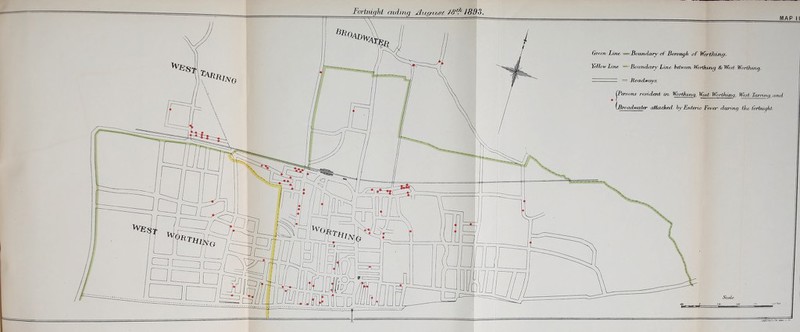 Green Line = Boundary of Borough of Worthing. \rllow line = Boundary Line between Worthing & Wesi Worthing. = Roadways. (Persons resident in, Worthing. West Worthing. West Tarring, and