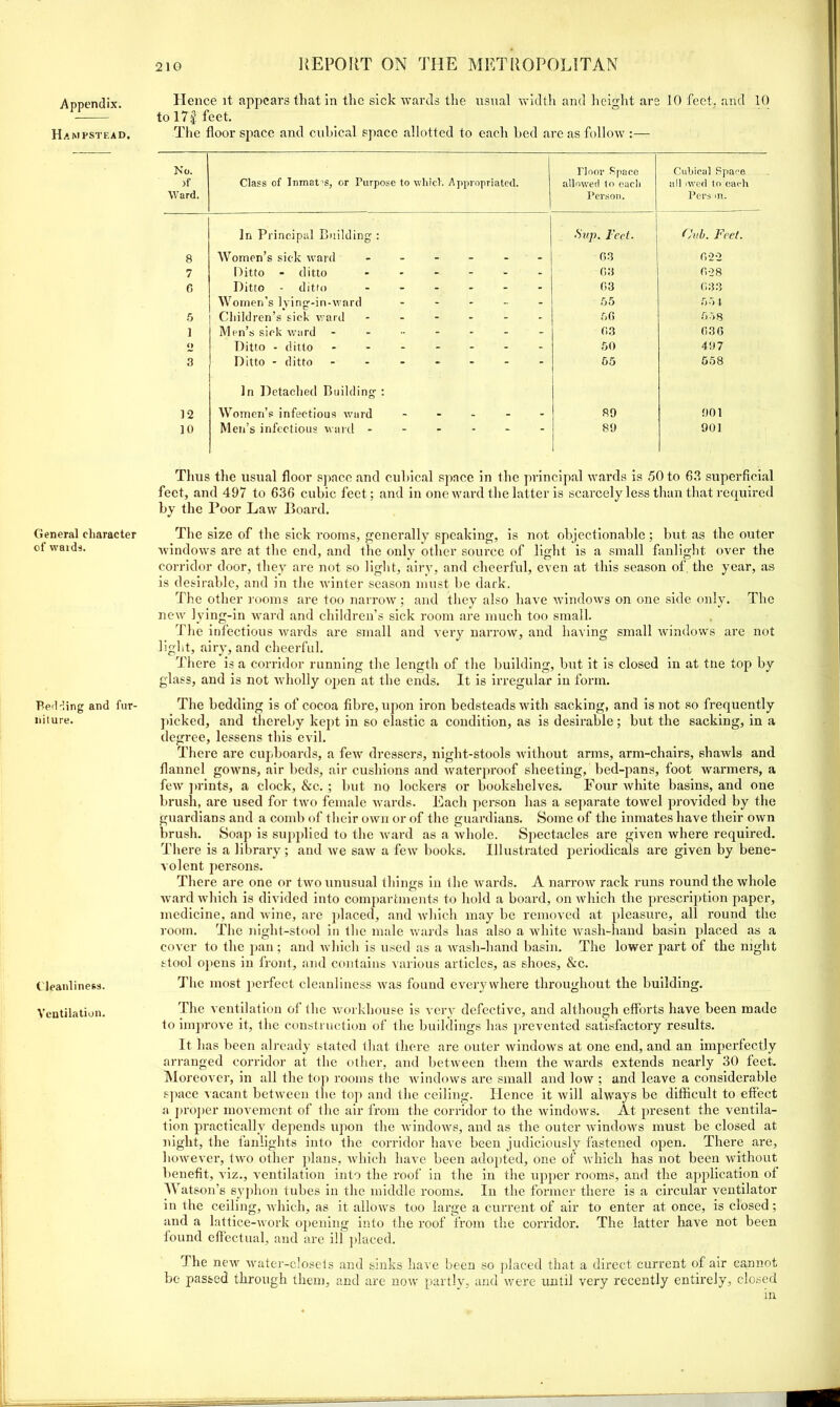 Appendix. Hampstead. General character of waids. Pedding and fur- niture. Cleanliness. Ventilation. Hence it appears that in the sick wards the usual width and height are 10 feet, and 10 tol7f feet. The floor space and cubical space allotted to each Led are as follow :— No. >f Ward. Class of Inmat’S, or Purpose to which Appropriated. Door Space allowed to each Person. Cubical Space all iwed to each Pers in. In Principal Building : Sup. Feet. Cull. Fret. 8 Women’s sick ward _ - - - . 03 02 2 7 Ditto - ditto - - - - - 03 0-28 6 Ditto - ditto - - - - - 03 033 Women’s lying-in-ward - - - - - 55 554 5 Cliildren’s sick ward - - - - - 60 558 1 Men’s sick ward - - - - - 03 030 O Ditto - ditto - - - - - 50 49 7 3 Ditto - ditto - - - - - 55 558 In Detaclied Building : 12 Women’s infectious ward - - _ _ - 89 901 10 Men’s infectious ward - “ “ * “ 89 901 Thus the usual floor space and cubical space in the principal wards is 50 to 63 superficial feet, and 497 to 636 cubic feet; and in one ward the latter is scarcely less than that required by the Poor Law Board. The size of the sick rooms, generally speaking, is not objectionable ; but as the outer windows are at the end, and the only other source of light is a small fanlight over the corridor door, they are not so light, airy, and cheerful, even at this season of. the year, as is desirable, and in the winter season must be dark. The other rooms are too narrow ; and they also have windows on one side only. The new lying-in ward and children’s sick room are much too small. The infectious wards are small and very narrow, and having small windows are not light, airy, and cheerful. There is a corridor running the length of the building, but it is closed in at tne top by glass, and is not wholly open at the ends. It is irregular in form. The bedding is of cocoa fibre, upon iron bedsteads with sacking, and is not so frequently picked, and thereby kept in so elastic a condition, as is desirable; but the sacking, in a degree, lessens this evil. There are cupboards, a few dressers, night-stools without arms, arm-chairs, shawls and flannel gowns, air beds, air cushions and waterproof sheeting, bed-pans, foot warmers, a few prints, a clock, &c. ; but no lockers or bookshelves. Four white basins, and one brush, are used for two female wards. Each person has a separate towel provided by the guardians and a comb of their own or of the guardians. Some of the inmates have their own brush. Soap is supplied to the ward as a whole. Spectacles are given where required. There is a library; and we saw a few books. Illustrated periodicals are given by bene- volent persons. There are one or two unusual things in the wards. A narrow rack runs round the whole ward which is divided into compartments to hold a board, on which the prescription paper, medicine, and wine, arc placed, and which may be removed at pleasure, all round the room. The night-stool in the male wards has also a white wash-hand basin placed as a cover to the pan; and which is used as a wash-hand basin. The lower part of the night stool opens in front, and contains various articles, as shoes, &c. The most perfect cleanliness was found everywhere throughout the building. The ventilation of the workhouse is very defective, and although efforts have been made to improve it, the construction of the buildings has prevented satisfactory results. It has been already stated that there are outer windows at one end, and an imperfectly arranged corridor at the other, and between them the wards extends nearly 30 feet. Moreover, in all the top rooms the windows are small and low ; and leave a considerable space vacant between the top and the ceiling. Hence it will always be difficult to effect a proper movement of the air from the corridor to the windows. At present the ventila- tion practically depends upon the windows, and as the outer windows must be closed at night, the fanlights into the corridor have been judiciously fastened open. There are, however, two other plans, which have been adopted, one of which has not been without benefit, viz., ventilation into the roof in the in the upper rooms, and the application of Watson’s syphon tubes in the middle rooms. In the former there is a circular ventilator in the ceiling, which, as it allows too large a current of air to enter at once, is closed; and a lattice-work opening into the roof from the corridor. The latter have not been found effectual, and are ill placed. 1 he new water-closets and sinks have been so placed that a direct current of air cannot be passed through them, and are now partly, and were until very recently entirely, closed in