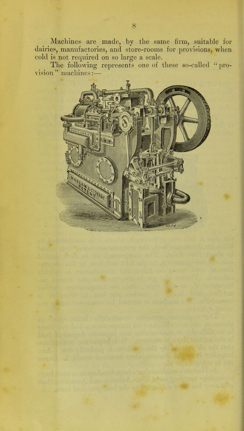 8 Machines are made, by the same firm, suitable for dairies, manufactories, and store-rooms for provisions, when cold is not required on so large a scale. The following represents one of these so-called u pro- vision” machines:—