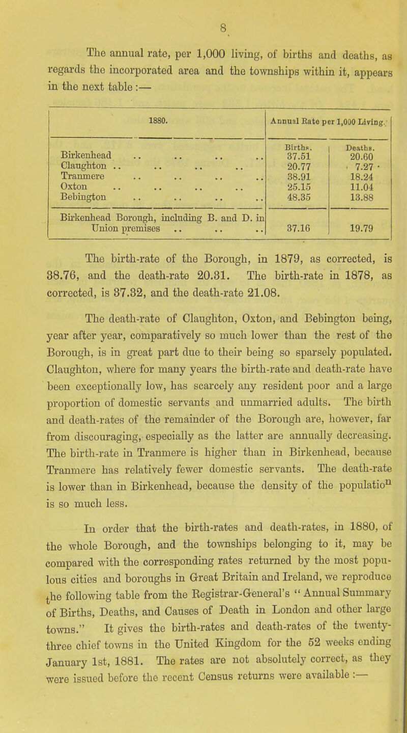 The annual rate, per 1,000 living, of births and deaths, as regards the incorporated area and the townships within it, appears in the next table :— 1 1880. Annual Eate per 1,000 Living.; Birtha. Deaths. Birkenhead 37.51 20.60 Claughton .. 20.77 • 7.27 • Tranmere 38.91 18.24 Oxton 25.15 11.04 Behington 48.35 13.88 Bu’kenhead Borough, including B. and D, in Union premises 37.16 19.79 The birth-rate of the Borough, in 1879, as corrected, is 38.76, and the death-rate 20.31. The birth-rate in 1878, as corrected, is 37.32, and the death-rate 21.08. The death-rate of Claughton, Oxton, and Bebington being, year after year, comparatively so much lower than the rest of the Borough, is in great part due to their being so sparsely populated. Claughton, where for many years the birth-rate and death-rate have been exceptionally low, has scarcely any resident poor and a large proportion of domestic servants and unmarried adults. The birth and death-rates of the remainder of the Borough are, however, far from discouraging, especially as the latter are annually decreasing. The birth-rate in Tranmere is higher than in Birkenhead, because Tranmere has relatively fewer domestic servants. The death-rate is lower than in Birkenhead, because the density of the population is so much less. In order that the birth-rates and death-rates, in 1880, of the whole Borough, and the townships belonging to it, may be compared with the corresponding rates returned by the most popu- lous cities and boroughs in Great Britain and Ii'eland, we reproduce ^he following table from the Registrar-General’s “ Annual Summary of Births, Deaths, and Causes of Death in London and other large towns.” It gives the birth-rates and death-rates of the twenty- three chief towns in the United Kingdom for the 52 weeks ending January 1st, 1881. The rates are not absolutely correct, as they were issued before the recent Census returns were available