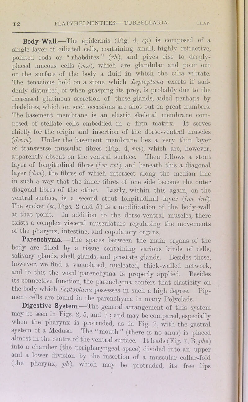 Body-Wall. —The epidermis (Fig. 4, ep) is composed of a single layer of ciliated cells, containing small, highly refractive, pointed rods or “ rhabdites ” (rh), and gives rise to deeply- placed mucous cells (m.c), which are glandular and pour out on the surface of the body a fluid in which the cilia vibrate. The tenacious hold on a stone which Leptoplccjia exerts if sud- denly disturbed, or when grasping its prey, is probably due to the increased glutinous secretion of these glands, aided perhaps by rhabdites, which on such occasions are shot out in great numbers. The basement membrane is an elastic skeletal membrane com- posed of stellate cells embedded in a firm matrix. It serves chiefly for the origin and insertion of the dorso-ventral muscles ('cl.v.vi). Under the basement membrane lies a very thin layer of transverse muscular fibres (Fig. 4, rm), which are, however, apparently absent on the ventral surface. Then follows a stout layer of longitudinal fibres (l.m ext), and beneath this a diagonal layer (cl.m), the fibres of which intersect along the median line in such a way that the inner fibres of one side become the outer diagonal fibres of the other. Lastly, within this again, on the ventral surface, is a second stout longitudinal layer (l.m int). The sucker (sc, Figs. 2 and .5) is a modification of the body-wall at that point. In addition to the dorso-ventral muscles, there exists a complex visceral musculature regulating the movements of the pharynx, intestine, and copulatory organs. Parenchyma.—The spaces between the main organs of the body are filled by a tissue containing various kinds of cells, salivary glands, shell-glands, and prostate glands. Besides these, however, we find a vacuolated, nucleated, thick-walled network, and to this the word parenchyma is properly applied. Besides its connective function, the parenchyma confers that elasticity on the body which Leptoplanci possesses in such a high degree. Fig- ment cells are found in the parenchyma in many Polyclads. Digestive System.—The general arrangement of this system may be seen in Figs. 2, 5, and 7 ; and may be compared, especially when the pharynx is protruded, as in Fig. 2, with the gastral system ot a Medusa. The “ mouth ” (there is no anus) is placed almost in the centre of the ventral surface. It leads (Fig. 7, B,_p/fs) into a chamber (the peripharyngeal space) divided into an upper and a lower division by the insertion of a muscular collar-fold (the pharynx, pit), which may be protruded, its free lips