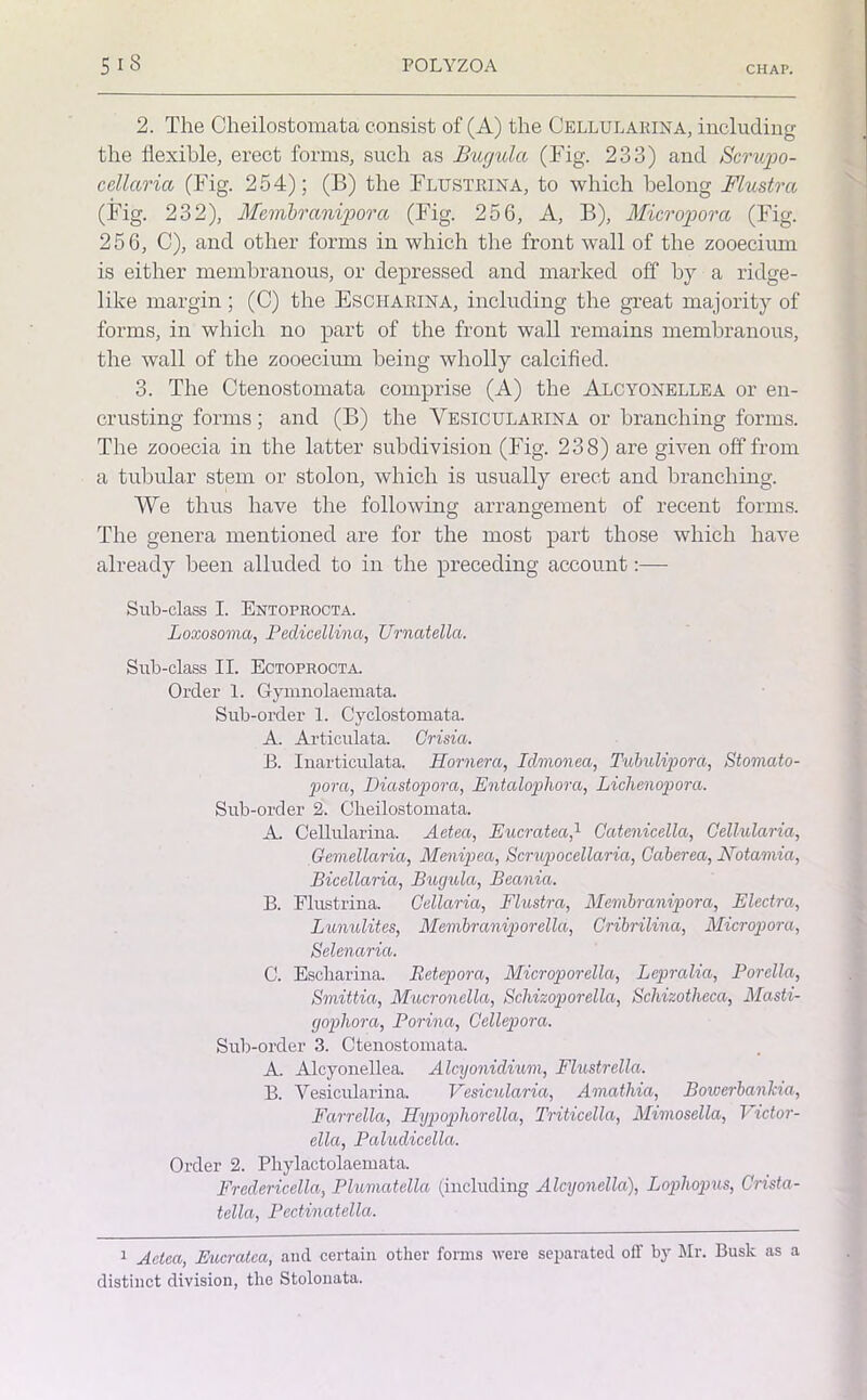 2. The Cheilostomata consist of (A) the Cellularina, including the flexible, erect forms, such as Bugulci (Tig. 233) and S'crupo- cellaria (Fig. 254); (B) the Flustrina, to which belong Flustra (Fig. 232), Membranijpora (Fig. 256, A, B), Micropora (Fig. 256, C), and other forms in which the front wall of the zooeciimi is either membranous, or depressed and marked off by a ridge- like margin; (C) the Escpiarina, including the great majority of forms, in which no part of the front wall remains membranous, the wall of the zooecium being wholly calcified. 3. The Ctenostomata comprise (A) the Alcyonellea or en- crusting forms; and (B) the Vesicularina or branching forms. The zooecia in the latter subdivision (Fig. 238) are given off from a tubular stem or stolon, which is usually erect and branching. We thus have the following arrangement of recent forms. The genera mentioned are for the most part those which have already been alluded to in the preceding account:— Sub-class I. Entoprocta. Loxosoma, Pedicellina, Urnatella. Sub-class II. Ectoprocta. Order 1. Gymnolaemata. Sub-order 1. Cyclostomata. A. Articulata. Crisia. B. Inarticulata. Hornera, Idmonea, Tubulipora, Stomato- pora, Diastopora, Entalophora, Lichenopora. Sub-order 2. Cheilostomata. A. Cellularina. Aetea, Eucratea,1 Catenicellci, Gellularia, Gemellaria, Menipea, Scrupocellaria, Caberea, Notamia, Bicellaria, Bugula, Beania. B. Flustrina. Cellaria, Flustra, Membranipora, Electra, Lunulites, Membraniporella, Cribrilina, Micropora, Selenaria. C. Escharina. Betepora, Microporella, Lepralia, Porella, Smittia, Mucronella, Schizoporella, Scliizotheca, Masti- gophora, Porina, Cellepora. Sub-order 3. Ctenostomata. A. Alcyonellea. Alcyonidium, Flustrella. B. Vesicularina. Vesicularia, Amathia, Bowerbanlcia, Farrella, Pdypopliorella, Triticella, Mimosella, V ictor- ella, Paludicella. Order 2. Phylactolaemata. Eredericella, Plumatella (including Alcyonella), Lopliopus, Crista- tella, Pedinatella. 1 Aclea, Eucratea, and certain other forms were separated off by Mr. Busk as a distinct division, the Stolonata.