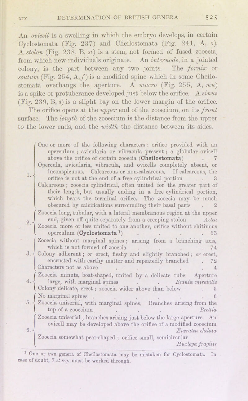 DETERMINATION OF BRITISH GENERA 525 An ovicell is a swelling in which the embryo develops, in certain Cyclostomata (Fig. 237) and Cheilostomata (Fig. 241, A, 0). A stolon (Fig. 238, B, st) is a stem, not formed of fused zooecia, from which new individuals originate. An internode, in a jointed colony, is the part between any two joints. The fornix or scutum (Fig. 254, A,/) is a modified spine which in some Cheilo- stomata overhangs the aperture. A mucro (Fig. 255, A, mu) is a spike or protuberance developed just below the orifice. A sinus (Fig. 239, B, s) is a slight bay on the lower margin of the orifice. The orifice opens at the upper end of the zooecium, on its front surface. The length of the zooecium is the distance from the upper to the lower ends, and the width the distance between its sides. 1.4 3.-1 One or more of the following characters : orifice provided with an operculum ; avicularia or vibracula present; a globular ovicell above the orifice of certain zooecia (Cheilostomata) . 7 Opercula, avicularia, vibracula, and ovicells completely absent, or inconspicuous. Calcareous or non-calcareous. If calcareous, the orifice is not at the end of a free cylindrical portion . 3 Calcareous; zooecia cylindrical, often united for the greater part of their length, but usually ending in a free cylindrical portion, which bears the terminal orifice. The zooecia may be much obscured by calcifications surrounding their basal parts . 2 Zooecia long, tubular, with a lateral membranous region at the upper end, given off cpiite separately from a creeping stolon Aetea Zooecia more or less united to one another, orifice without ehitinous operculum (Cyclostomata1) . . . .63 Zooecia without marginal spines ; arising from a branching axis, which is not formed of zooecia . . . .74 Colony adherent; or erect, fleshy and slightly branched ; or erect, encrusted with earthy matter and repeatedly branched . 7 2 Characters not as above . . . . .4 ( Zooecia minute, boat-shaped, united by a delicate tube. Aperture 4. < large, with marginal spines . . Beania mirabilis ( Colony delicate, erect; zooecia wider above than below . 5 (No marginal spines . . . . . .6 5. ' Zooecia uniserial, with marginal spines. Branches arising from the ( top of a zooecium .... Brettia 6.- Zooecia uniserial; branches arising just below the large aperture. An ovicell may be developed above the orifice of a modified zooecium Eucratea chelata Zooecia somewhat pear-shaped ; orifice small, semicircular Huxleyci frayilis 1 One or two genera of Cheilostomata may be mistaken for Cyclostomata. In