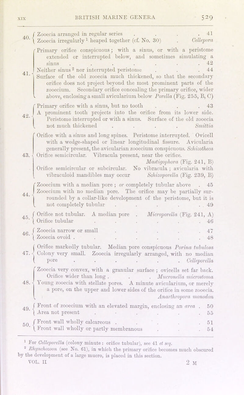 f Zooecia arranged in regular series . . . .41 ( Zooecia irregularly * 1 heaped together (cf. No. 30) . Cellepora 41. f Primary orifice conspicuous; with a sinus, or with a peristome extended or interrupted below, and sometimes simulating a sinus . . . . . . .42 Neither sinus2 nor interrupted peristome . . .44 Surface of the old zooecia much thickened, so that the secondary orifice does not project beyond the most prominent parts of the zooecium. Secondary orifice concealing the primary orifice, wider . above, enclosing a small avicularium below Porella (Fig. 255, B, C) ' Primary orifice with a sinus, but 110 tooth . . .43 A prominent tooth projects into the orifice from its lower side. Peristome interrupted or with a sinus. Surface of the old zooecia not much thickened .... Smittia 43. Orifice with a sinus and long spines. Peristome interrupted. Ovicell with a wedge-shaped or linear longitudinal fissure. Avicularia generally present, the avicularian zooecium conspicuous. Schuotheca Orifice semicircular. Vibracula present, near the orifice. Mastigophora (Fig. 241, B) Orifice semicircular or subcircular. No vibracula ; avicularia with vibraculoid mandibles may occur Schizoporella (Fig. 239, B) ' Zooecium with a median pore ; or completely tubular above . 45 Zooecium with no median pore. The orifice may be partially sur- rounded by a collar-like development of the peristome, but it is „ not completely tubular . . . . . 49 j Orifice not tubular. A median pore ( Orifice tubular 46. { Zooecia narrow or small Zooecia ovoid . Microporella (Fig. 241, A) . 46 . 47 . 48 1 Orifice markedly tubular. Median pore conspicuous Porina tubulosa 47. Colony very small. Zooecia irregularly arranged, with no median ( pore ...... C'elleporella ' 48. - Zooecia very convex, with a granular surface ; ovicells set far back. Orifice wider than long . . . Mucronella microstoma Young zooecia with stellate pores. A minute avicularium, or merely a pore, on the upper and lower sides of the orifice in some zooecia. Anartliropora monodon 49. Front of zooecium with an elevated Area not present margin, enclosing an area 50 55 (Front wall wholly calcareous . . . . .51 (Front wall wholly or partly membranous . . .54 1 For Cellcporclla (colony minute : orifice tubular), see 41 ct scq. i Ehynchozoon (see No. 61), in which the primary orifice becomes much obscured by the development of a large mucro, is placed in this section.