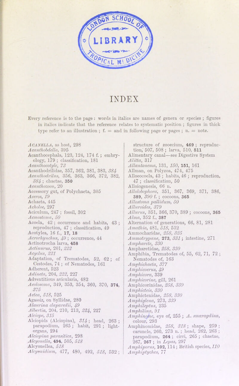 in italics indicate that the reference relates to systematic position ; figures in thick type refer to an illustration ; f. = and in following page or pages ; n. = note. Acaxella, as host, 298 Acanthobdella, 395 Acanthocephala, 123, 124, 174 f.; embry- ology, 179 ; classification, 181 Acanthocotyle, 73 Acanthodrilidae, 357, 362, 381, 383, 384 Acanthodrilus, 356, 363, 366, 372, 382, 3S4 ; cliaetae, 360 Acanthozoon, 20 Accessory gut, of Polycliaeta, 305 Acer os, 19 Aehaeta, 445 Acholoe, 297 Aciculum, 247 ; fossil, 302 Aemostoma, 50 Acoela, 42 ; occurrence and habits, 43 ; reproduction, 47 ; classification, 49 Acotylea, 16 f., 17, 18 Acrorhynchus, 49 ; occurrence, 44 Actinotrocha larva, 468 Actinurus, 201, 222 Acyclus, 221 Adaptation, of Trematodes, 52, 62; of Cestodes, 74 ; of Nematodes, 161 Adherent, 523 Adineta, 204, 222, 227 Adventitious avicularia, 482 Aeolosoma, 349, 353, 354, 360, 370, 374, 375 Aetea, 518, 525 Agassiz, on Syllidae, 280 Alaurina daparedii, 40 Albertia, 204, 210, 213, 224, 227 Alciope, 315 Alciopids (Alciopina), 314 ! head, 263 ; parapodium, 265; habit, 291 ; light- organs, 294 Alciopina parasitica, 298 Alcyonella, 494, 505, 518 Alcyonellea, 518 Alcyonidiwn, 477, 480, 492, 518, 532; structure of zooecium, 469 ; reproduc- tion, 507, 508 ; larva, 510, 611 Alimentary canal—see Digestive System Alitta, 317 Allantonema, 131, 150, 161, 161 Allman, on Polyzoa, 474, 475 Alloeocoela, 43 ; habits, 46 ; reproduction, 47 ; classification, 50 Alloiogenesis, 66 n. Allolobophora, 351, 367, 369, 371, 386, 389, 390 f. ; cocoons, 366 Allostomapallidum, 50 Alluroides, 379 Allurus, 351, 366, 370, 389 ; cocoons, 366 Alma, 352 f., 387 Alternation of generations, 66, 81, 281 Amathia, 481, 518, 532 Ammocharidae, 258, 825 Ammotrypcme, 273, 331; intestine, 271 Ampharetc, 330 Ampharetidae, 258, 330 Amphibia, Trematodes of, 55, 62, 71, 72 ; Nematodes of, 163 Amphicliaela, 377 Amphicoerus, 49 Amphicora, 339 Amphicorine, gill, 261 Amphicorinidae, 258, 339 Amphicteis, 330 Amphietenidae, 25S, 330 Amphiglena, 273, 339 Ampliileptus, 235 Amphilina, 91 Amphinobne, eye of, 255 ; A. smaragclina, colour, 293 Amphinomidae, 258, 318; shape, 259 ; caruncle, 260, 273 n. ; head, 262, 263 ; parapodium, 264 ; cirri, 265 ; cliaetae, 267, 267 ; in Lepas, 297 Amphiporus, 102,114; British species, 110 Amphiptyches, 77