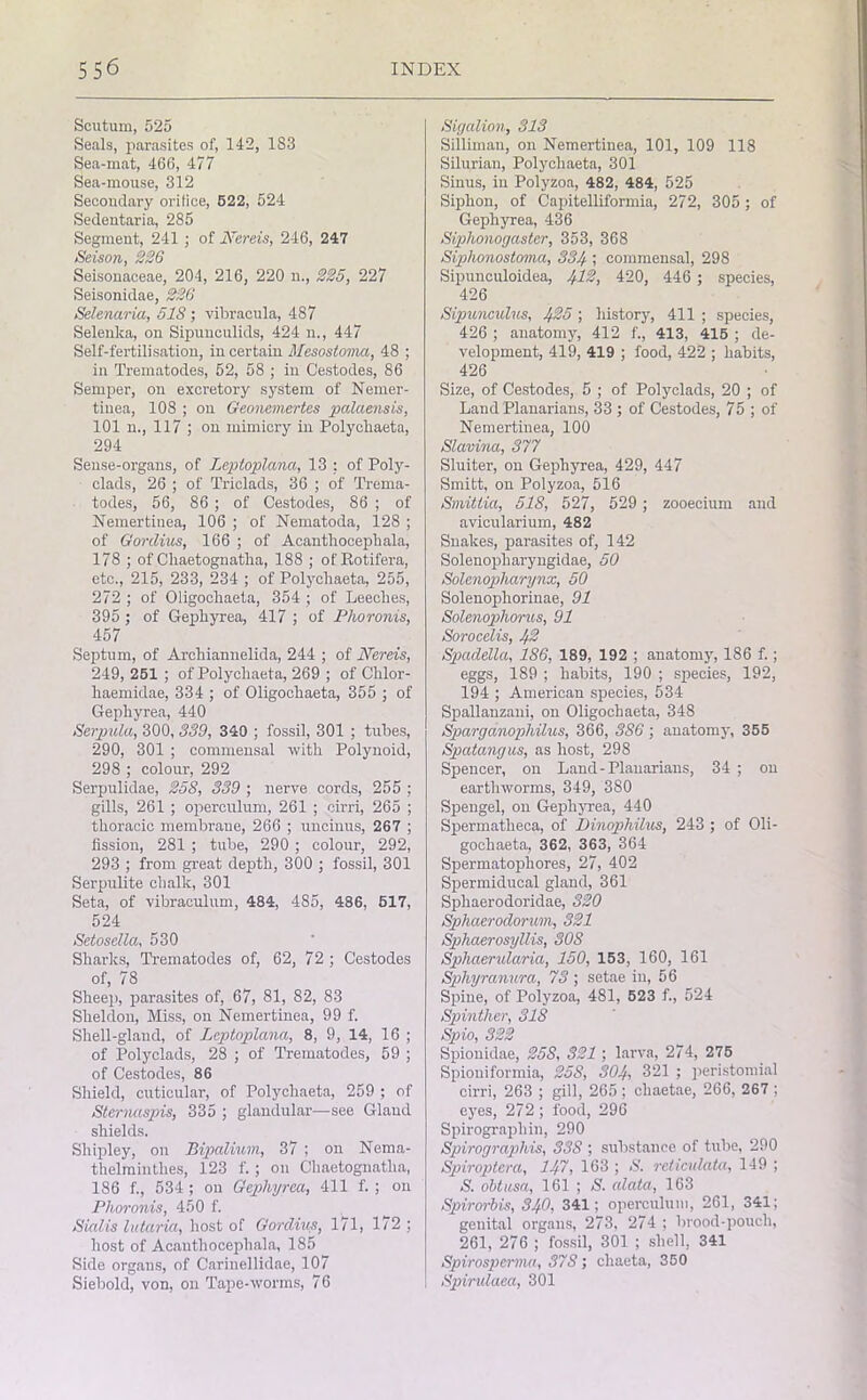 Scutum, 525 Seals, parasites of, 142, 183 Sea-mat, 466, 477 Sea-mouse, 312 Secondary orifice, 522, 524 Seclentaria, 285 Segment, 241; of Nereis, 246, 247 Seison, 226 Seisonaceae, 204, 216, 220 u., 225, 227 Seisonidae, 226 Selenaria, 518 ; vibracula, 487 Selenka, on Sipunculids, 424 n., 447 Self-fertilisation, in certain Mesostoma, 48 ; in Trematodes, 52, 58 ; in Cestodes, 86 Semper, on excretory system of Nemer- tinea, 108 ; on Geonemertes palaensis, 101 n., 117 ; on mimicry in Polycliaeta, 294 Sense-organs, of Leptoplana, 13 ; of Poly- clads, 26 ; of Triclads, 36 ; of Trema- todes, 56, 86 ; of Cestodes, 86 ; of Nemertiuea, 106 ; of Nematoda, 128 ; of Gordius, 166 ; of Acanthocephala, 178 ; of Cliaetognatha, 188 ; of'Rotifera, etc., 215, 233, 234 ; of Polycliaeta, 255, 272 ; of Oligockaeta, 354 ; of Leeches, 395 ; of Gepkyrea, 417 ; of Phoronis, 457 Septum, of Archiannelida, 244 ; of Nereis, 249, 251 ; of Polycliaeta, 269 ; of Chlor- haemidae, 334 ; of Oligochaeta, 355 ; of Gephyrea, 440 Serpula, 300, 339, 340 ; fossil, 301 ; tubes, 290, 301 ; commensal with Polynoid, 298 ; colour, 292 Serpulidae, 258, 339 ; nerve cords, 255 ; gills, 261 ; operculum, 261 ; cirri, 265 ; thoracic membrane, 266 ; uncinus, 267 ; fission, 281 ; tube, 290 ; colour, 292, 293 ; from great depth, 300 ; fossil, 301 Serpulite chalk, 301 Seta, of vibraculum, 484, 485, 486, 517, 524 Setosella, 530 Sharks, Trematodes of, 62, 72 ; Cestodes of, 78 Sheep, parasites of, 67, 81, 82, 83 Sheldon, Miss, on Nemertinea, 99 f. Shell-gland, of Leptoplana, 8, 9, 14, 16 ; of Polyclads, 28 ; of Trematodes, 59 ; of Cestodes, 86 Shield, cuticular, of Polycliaeta, 259 ; of Sternaspis, 335 ; glandular—see Gland shields. Shipley, on Bipalium, 37 ; on Nema- thelminthes, 123 f. ; on Cliaetognatlia, 186 f., 534 ; on Gephyrea, 411 f.; on Phoronis, 450 f. Sialis lutaria, host of Gordius, 171, 172 ; host of Acanthocephala, 185 Side organs, of Cnrinellidae, 107 Siebold, von, on Tape-worms, 76 Sigalion, 313 Silliman, on Nemertinea, 101, 109 118 Silurian, Polycliaeta, 301 Sinus, in Polyzoa, 482, 484, 525 Siphon, of Capitelliformia, 272, 305 ; of Gephyrea, 436 Siphonogaster, 353, 368 Siphonostoma, 334 ! commensal, 298 Sipunculoidea, 412, 420, 446 ; species, 426 Sipwnculus, 425 ; history, 411 ; species, 426 ; anatomy, 412 f., 413, 415 ; de- velopment, 419, 419 ; food, 422 ; habits, 426 Size, of Cestodes, 5 ; of Polyclads, 20 ; of Land Planarians, 33 ; of Cestodes, 75 ; of Nemertinea, 100 Slavina, 377 Sluiter, on Gephyrea, 429, 447 Smitt, on Polyzoa, 516 Sniitlia, 518, 527, 529 ; zooecium and avicularium, 482 Snakes, parasites of, 142 Solenopharyngidae, 50 Solenopliarynx, 50 Solenophorinae, 91 Solenophorus, 91 Sorocelis, 42 Spadella, 186, 189, 192 ; anatomy, 186 f.; eggs, 189 ; habits, 190 ; species, 192, 194 ; American species, 534 Spallanzani, on Oligochaeta, 348 Sparganophilus, 366, 386; anatomy, 355 Spatangus, as host, 298 Spencer, on Land-Planarians, 34 ; on earthworms, 349, 380 Spengel, on Gephyrea, 440 Spermatlieca, of Dinophilus, 243 ; of Oli- gochaeta, 362, 363, 364 Spermatophores, 27, 402 Spermiducal gland, 361 Sphaerodoridae, 320 Spliaerodorum, 321 Sphaerosyllis, SOS Sphaendaria, 150, 153, 160, 161 Sphyranura, 73 ; setae in, 56 Spine, of Polyzoa, 481, 523 f., 524 Spinther, 318 Spio, 322 Spionidae, 258, 321 ; larva, 274, 275 Spioniformia, 25S, 304, 321 ; peristomial cirri, 263 ; gill, 265; chaetae, 266, 267; eyes, 272 ; food, 296 Spirograpliin, 290 Spirograplds, 338 ; substance of tube, 290 Spiroptera, 147, 163 ; S. reticulata, 149 ; S. obtusa, 161 ; S. alata, 163 Spirorbis, 340, 341; operculum, 261, 341; genital organs, 273, 274 ; brood-pouch, 261, 276 ; fossil, 301 ; shell, 341 Spirosperma, 378; chaeta, 350 Spirulaea, 301