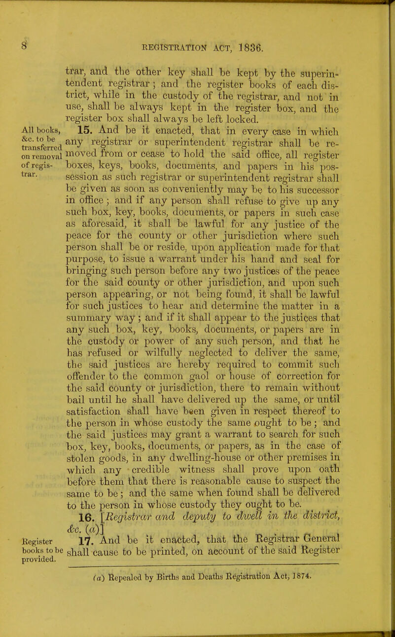 All books, &c. to be transferred on removal of regis- trar. Register books to be provided. trar, and the other key shall he kept by the superin- tendent registrar ; and the register books of each dis- trict, while in the custody of the registrar, and not in use, shall be always kept in the register box, and the register box shall always be left locked. 15. And be it enacted, that in every case in which any registrar or superintendent registrar shall be re- moved from or cease to hold the said office, all register boxes, keys, books, documents, and papers in his pos- session as such registrar or superintendent registrar shall be given as soon as conveniently may bq to his successor in office • and if any person shall refuse to give up any such box, key, books, documents, or papers in such case as aforesaid, it shall be lawful for any justice of the peace for the county or other jurisdiction where such person shall be or reside, upon application made for that purpose, to issue a warrant under his hand and seal for bringing such person before any two justices of the peace for the said county or other jurisdiction, and upon such person appearing, or not being found, it shall be lawful for such justices to hear and determine the matter in a summary way ; and if it shall appear to the justices that any such box, key, books, documents, or papers are in the custody or power of any such person, and that he has refused or wilfully neglected to deliver the same, the said justices are hereby required to commit such offender to the common gaol or house of correction for the said county or jurisdiction, there to remain without bail until he shall have delivered up the same, or until satisfaction shall have been given in respect thereof to the person in whose custody the same ought to be ; and the said justices may grant a warrant to search for such box, key, books, documents, or papers, as in the case of stolen goods, in any dwelling-house or other premises in which any credible witness shall prove upon oath before them that there is reasonable cause to suspect the same to be; and the same when found shall be delivered to the person in whose custody they ought to be. 16. [Registrar and deputy to dwell in the district, &c. (a)] 17. And be it enacted, that the Registrar General shall cause to be printed, on account of the said Register