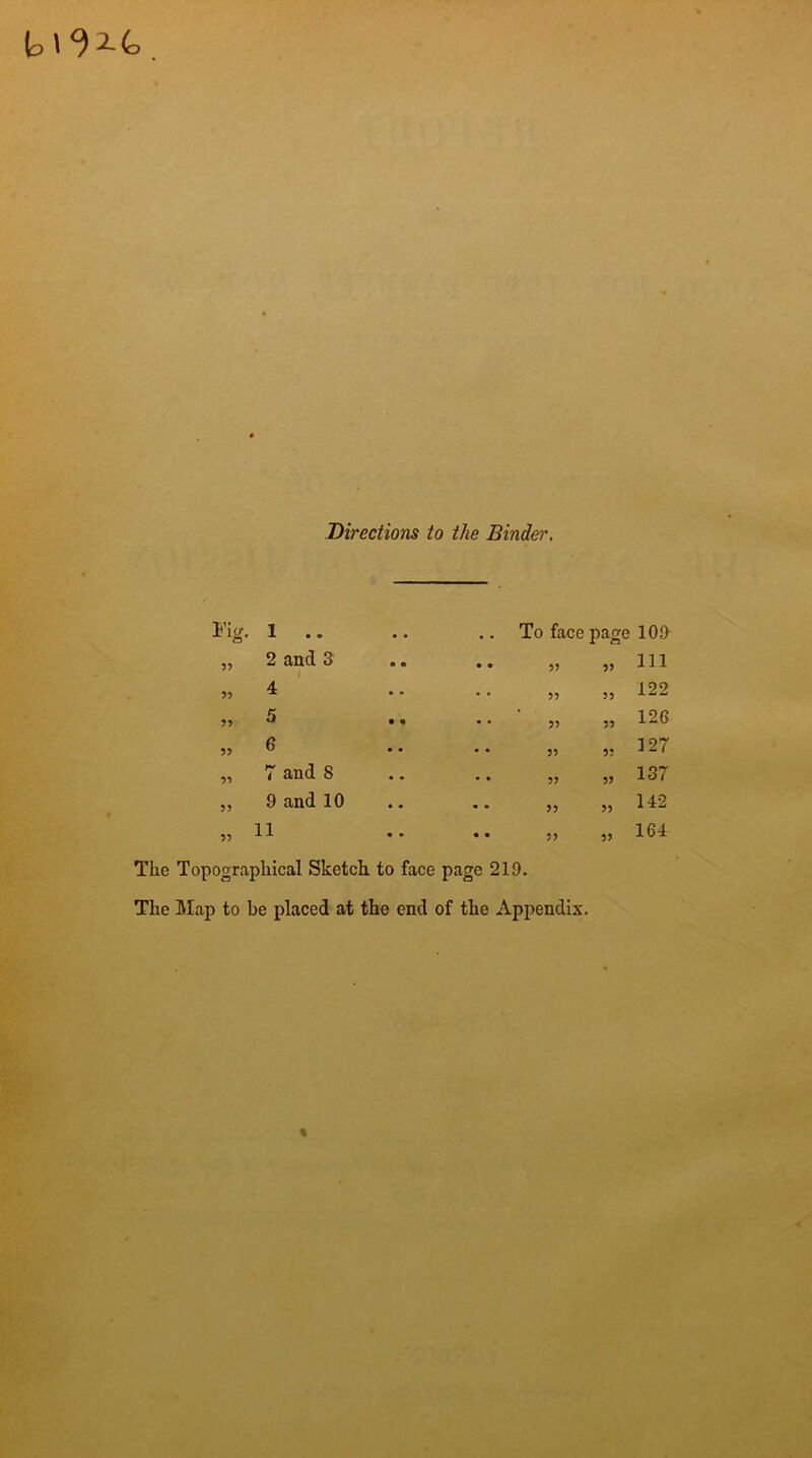 Directions to the Binder, Fig. 11 11 11 11 11 11 2 and 3 i 4 5 6 7 and S 9 and 10 11 To face page 109 111 122 11 11 11 11 11 11 11 11 11 11 11 11 11 The Topographical Sketch to face page 219. The Map to be placed at the end of the Appendix. 126 127 137 142 164 %