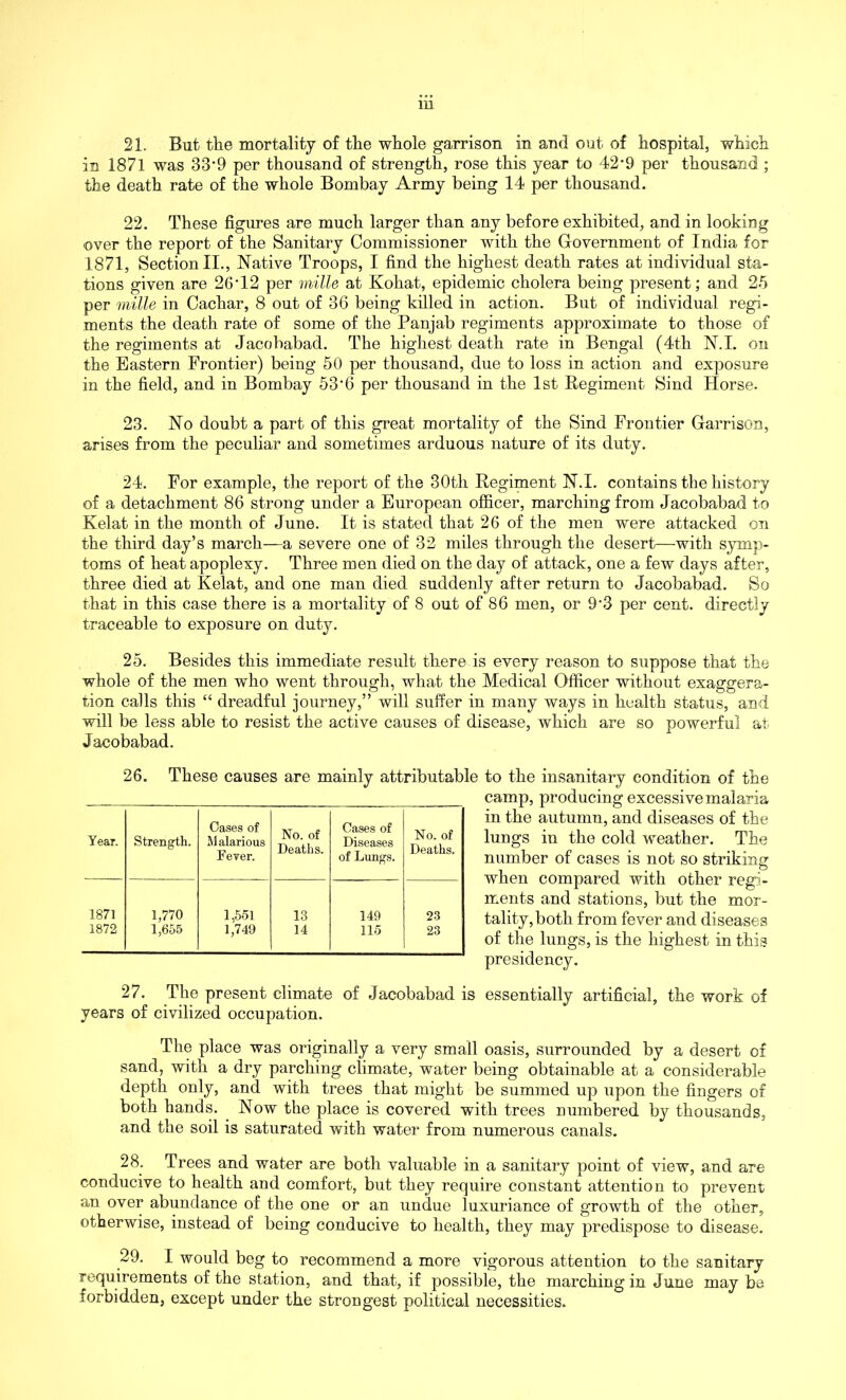 21. But the mortality of the whole garrison in and out of hospital, which in 1871 was 33’9 per thousand of strength, rose this year to 42*9 per thousand ; the death rate of the whole Bombay Army being 14 per thousand. 22. These figures are much larger than any before exhibited, and in looking •over the report of the Sanitary Commissioner with the Government of India for 1871, Section II., Native Troops, I find the highest death rates at individual sta- tions given are 26'12 per mille at Kohat, epidemic cholera being present; and 25 per mille in Cachar, 8 out of 36 being killed in action. But of individual regi- ments the death rate of some of the Panjab regiments approximate to those of the regiments at Jacobabad. The highest death rate in Bengal (4th N.I. on the Eastern Frontier) being 50 per thousand, due to loss in action and exposure in the field, and in Bombay 53'6 per thousand in the 1st Regiment Sind Horse. 23. No doubt a part of this great mortality of the Sind Frontier Garrison, arises from the peculiar and sometimes arduous nature of its duty. 24. For example, the report of the 30th Regiment N.I. contains the history of a detachment 86 strong under a European officer, marching from Jacobabad to Kelat in the month of June. It is stated that 26 of the men were attacked on the third day’s march—a severe one of 32 miles through the desert—with symp- toms of heat apoplexy. Three men died on the day of attack, one a few days after, three died at Kelat, and one man died suddenly after return to Jacobabad. So that in this case there is a mortality of 8 out of 86 men, or 9-3 per cent, directly traceable to exposure on duty. 25. Besides this immediate result there is every reason to suppose that the whole of the men who went through, what the Medical Officer without exaggera- tion calls this “ dreadful journey,” will suffer in many ways in health status, and will be less able to resist the active causes of disease, which are so powerful at Jacobabad. 26. These causes are mainly attributable to the insanitary condition of the camp, producing excessive malaria in the autumn, and diseases of the lungs in the cold weather. The number of cases is not so striking when compared with other regi- ments and stations, but the mor- tality, both from fever and diseases of the lungs, is the highest in this presidency. 27. The present climate of Jacobabad is essentially artificial, the work of years of civilized occupation. The place was originally a very small oasis, surrounded by a desert of sand, with a dry parching climate, water being obtainable at a considerable depth only, and with trees that might be summed up upon the fingers of both hands. Now the place is covered with trees numbered by thousands, and the soil is saturated with water from numerous canals. 28. Trees and water are both valuable in a sanitary point of view, and are conducive to health and comfort, but they require constant attention to prevent an over abundance of the one or an undue luxuriance of growth of the other, otherwise, instead of being conducive to health, they may predispose to disease. 29. I would beg to recommend a more vigorous attention to the sanitary requirements of the station, and that, if possible, the marching in June may be forbidden, except under the strongest political necessities. Year. Strength. Cases of Malarious Fever. No. of Deaths. Cases of Diseases of Lungs. No. of Deaths. 1871 1,770 1,551 13 149 23 1872 1,655 1,749 14 115 23