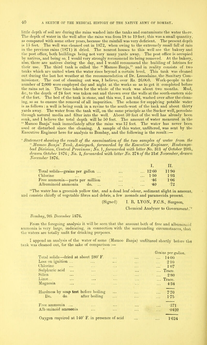 little depth of soil are during the rains washed into the tanks and contaminate the water there. The depth of water in the well after the rains was from 18 to 19 feet; this was a small quantity, as compared with some other years, because the rainfall was very deficient. The present depth is 15 feet. The well was cleaned out in 1872, when owing to the extremely small fall of rain in the previous rains (1871) it dried. The nearest houses to this well are the bakery and the post office, both buildings being not very many yards away. The post office is occupied bv natives, and being so, I would very strongly recommend its being removed. At the bakery, also, there are natives during the day, and I would recommend the building of latrines for their use. The third tank is called the “ Mamoo Banja/5 and in reality consists of two tanks which are united when the water rises beyond a certain level. This tank was cleaned out during the last hot weather at the recommendation of Dr. Lumsdaine, the Sanitary Com- missioner. The cost of cleaning out was, 1 believe, over Rs. 26,000. Work-people to the number of 2,000 were employed day and night at the works so as to get it completed before the rains set in. The time taken for the whole of the work was about two months. Mud, &c., to the depth of 24 feet was taken out and thrown over the walls at the south-eastern side of the fort. The bed of the tank is stone, and this was, I am told, washed over after the clean- ing, so as to ensure the removal of all impurities. The scheme for supplying potable water is as follows : a well is being sunk in a ravine to the south-west of the tank and about thirty- yards away. The water from the tank will, on the same principle as the Sucker well, percolate through natural media and filter into the well. About 30 feet of the well has already been sunk, and I believe the total depth will be 50 feet. The amount of water measured in the “ Mamoo Banja” tank immediately after the rains was 12 feet. The water has never been used or disturbed since the cleaning. A sample of this water, unfiltered, was sent by the Executive Engineer here for analysis to Bombay, and the following is the result:— Statement showing the result of the examination of the two samples of water from the “ Mamoo Banja:’ Tank, Assirgarh, forvjarded by the Executive Engineer, Hoshunga■•= bad Division, Central Provinces-, No. 1, forwarded with letter No. 311 of October 20th, drawn October 1876; No. 2, forwarded with letter No. 374 of the 21 st November, drawn November 1876, I, II, Total solids—grains per gallon ... ... 12-60 11-90 Chlorine ... T50 1-93 Free ammonia—parts per million ... -46 1-06 Albuminoid ammonia do. ... -40 •72 “The water has a greenish yellow tint, and a dead leaf odour, sediment slight in amount, and consists chiefly of vegetable fibres and debris, a few monads and paramecida present. (Signed) I. B. LYON, F.C.S., Surgeon, Chemical Analyser to Government.’5 Bombay, 9th December 1876, From the foregoing analysis it will be seen that the amount both of free and albuminoid ammonia is very large, indicating, in connection with the waters are totally unfit for drinking purposes. the surrounding circumstances, that I append an analysis of the water of same (Mamoo Banja) unfiltered shortly before the tank was cleaned out, for the sake of comparison :— Grains per gallon. Total solids—dried at about 280° F ... 1400 Loss on ignition ... 2T0 Chlorine 107 Sulphuric acid ... ... ... Trace. Silica 2-80 Lime... ... Trace. Magnesia 4-34 Hardness by soap test before boiling ... 7-70 Do. do. after boiling ... 175 Free ammonia ... ■371 Alb iminoid ammonia 0420 Oxygen required at 140° F. in presence of acid T624